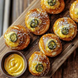 To make jalapeño cheddar pretzel bites, gather these key ingredients: - 1 ½ cups warm water (110°F) - 1 packet active dry yeast (2 ¼ teaspoons) - 1 tablespoon granulated sugar - 4 cups all-purpose flour - 1 teaspoon salt - ½ cup shredded sharp cheddar cheese - 2 medium jalapeños, finely chopped (remove seeds for less heat) - ½ cup baking soda (for boiling) - Coarse sea salt (for topping) - 1 egg, beaten (for egg wash) Warm water activates the yeast. Sugar feeds the yeast for rising. Flour gives structure to the dough. Salt adds flavor. Cheddar cheese brings a rich taste. Jalapeños add a spicy kick. Baking soda helps achieve that classic pretzel crust. Coarse sea salt gives a great finish, while the egg wash creates a nice shine. If you want to switch things up, consider these options: - Cheddar Cheese: Use Monterey Jack or pepper jack for a different flavor. - Jalapeños: Try banana peppers for milder heat or serrano peppers for more spice. - Heat Level: Adjust by adding more or fewer seeds from jalapeños or using a mix of peppers. These substitutes can help you tailor the bites to your taste. Accurate measuring gives the best results. Here’s how to do it right: - Flour: Use a spoon to fluff the flour in the bag. Spoon it into a measuring cup, and level it off with a knife. - Water: Use a liquid measuring cup for warm water. Make sure it's at the right temperature. - Yeast: Use a scale for precise measurements, especially if using bulk yeast. Proper measuring ensures your dough has the right texture and taste. To start, you need to activate the yeast. Combine 1 ½ cups of warm water (about 110°F) with 1 packet of active dry yeast and 1 tablespoon of granulated sugar in a bowl. Let it sit for about 5 minutes. You will see bubbles form. This means your yeast is alive and ready to work its magic! Next, it’s time to make the dough. Gradually add 4 cups of all-purpose flour and 1 teaspoon of salt to the yeast mixture. Stir until the dough forms. Now comes the fun part! Incorporate ½ cup of shredded sharp cheddar cheese and 2 finely chopped jalapeños (remove the seeds if you want less heat). Knead the dough for about 5-7 minutes until it feels smooth and elastic. Place it in a greased bowl, cover it with a towel, and let it rise in a warm spot for about 1 hour. It should double in size. Once your dough has risen, punch it down and divide it into small pieces, about 1-inch each. Roll each piece into a ball and shape it like a pretzel. Now, in a large pot, bring 10 cups of water to a boil. Carefully add ½ cup of baking soda to the boiling water. This step gives the pretzel bites their beautiful golden color. Drop 5-6 pretzel bites into the water for 30 seconds. Use a slotted spoon to take them out and place them on lined baking sheets. Brush each bite with a beaten egg and sprinkle with coarse sea salt. Bake in a preheated oven at 425°F for 12-15 minutes. They will be golden brown and ready to enjoy! For the full recipe, check out the detailed instructions included. Kneading is key to great pretzel bites. You want a smooth, elastic dough. After mixing, knead for about 5 to 7 minutes. If the dough is too sticky, add a bit more flour. If it feels dry, a splash of water will help. You can check the dough by poking it. If it springs back, it’s ready to rise. Boiling the pretzel bites is crucial. Use a large pot with 10 cups of water. Add ½ cup of baking soda to the water. This step gives the bites that classic pretzel taste. Boil each batch for 30 seconds. Remove them gently with a slotted spoon. This method ensures a soft yet chewy inside. Want to add more flavor? Try mixing in garlic powder or onion powder. You can also top the bites with everything bagel seasoning for a fun twist. For a spicy kick, sprinkle cayenne pepper on top before baking. These small changes can make a big impact on taste. {{image_2}} You can switch up the cheeses in your pretzel bites. Instead of sharp cheddar, try mozzarella for a milder flavor. Pepper jack adds a spicy kick, perfect for heat lovers. For a more gourmet touch, use gouda or fontina. You can also play with the peppers. If jalapeños are too hot, use sweet bell peppers or mild Anaheim peppers. This lets you control the heat and flavor in each bite. Want to add a sweet touch? Pair your pretzel bites with honey mustard or a maple dip. You can also sprinkle some cinnamon sugar on top before baking for a sweet twist. If you love savory flavors, try dipping them in spicy cheese sauce or a zesty salsa. These dips elevate the taste and add fun to your snack. If you need a gluten-free version, replace the all-purpose flour with gluten-free flour blends. Make sure to check that your baking soda is gluten-free, as some brands may not be. Using almond flour or chickpea flour can also work well. Just adjust the water amount to get the right dough consistency. These options let everyone enjoy these tasty bites, regardless of dietary needs. For the complete recipe, check out the Full Recipe section for a detailed guide. Store your leftover jalapeño cheddar pretzel bites in an airtight container. This keeps them moist and tasty. Place a paper towel in the container to absorb extra moisture. You can keep them in the fridge for about 3 days. If you want to enjoy them later, freezing is a good option. To reheat your pretzel bites, preheat your oven to 350°F (175°C). Place the bites on a baking sheet. Heat them for about 5 to 7 minutes. This method helps them regain their crispiness. You can also use a microwave, but they may lose their crunch. Heat for about 15-20 seconds if using a microwave. You can freeze both uncooked and cooked pretzel bites. To freeze uncooked bites, place them on a baking sheet. Freeze until firm, then transfer them to a freezer bag. For cooked bites, let them cool completely before freezing. Just like raw bites, store them in a freezer bag. They can last up to 3 months in the freezer. Yes, you can prepare these bites ahead of time. Make the dough the day before. After kneading, let it rise. Then cover it and place it in the fridge. This slows down the yeast. When you are ready, take it out and let it warm up. Shape the bites, boil, and bake them as usual. You can also boil the pretzel bites and freeze them. Just bake them from frozen when you want to enjoy them. These pretzel bites pair well with many dips. Try spicy mustard for a tangy kick. Cheese sauce is another favorite for a creamy touch. You can also use salsa or guacamole for a fresh taste. If you like sweet, honey mustard is a great choice too. Mix and match to find your favorite combo! Look for a golden-brown color on the pretzel bites. They should be firm and not doughy. Tap the bottom; it should sound hollow. If they look too pale, give them extra baking time. Follow the baking instructions closely for the best results. For the complete recipe, including all instructions, see the [Full Recipe]. This will guide you through every step to make these tasty snacks! In this blog post, we explored making Jalapeño Cheddar Pretzel Bites. We discussed the ingredients, their substitutions, and measuring tips. You learned step-by-step instructions for preparing the dough, boiling, and baking. We shared tips to perfect texture and flavor. Finally, we covered variations, storage, and FAQs for your convenience. With these insights, you can create tasty pretzel bites at home. Enjoy your baking journey and get creative with flavors!