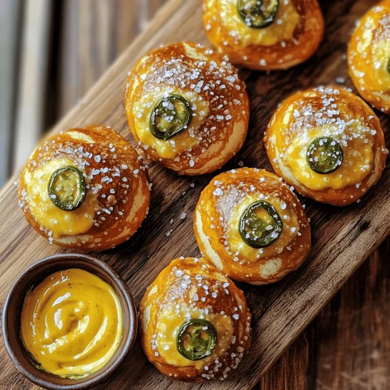 To make jalapeño cheddar pretzel bites, gather these key ingredients: - 1 ½ cups warm water (110°F) - 1 packet active dry yeast (2 ¼ teaspoons) - 1 tablespoon granulated sugar - 4 cups all-purpose flour - 1 teaspoon salt - ½ cup shredded sharp cheddar cheese - 2 medium jalapeños, finely chopped (remove seeds for less heat) - ½ cup baking soda (for boiling) - Coarse sea salt (for topping) - 1 egg, beaten (for egg wash) Warm water activates the yeast. Sugar feeds the yeast for rising. Flour gives structure to the dough. Salt adds flavor. Cheddar cheese brings a rich taste. Jalapeños add a spicy kick. Baking soda helps achieve that classic pretzel crust. Coarse sea salt gives a great finish, while the egg wash creates a nice shine. If you want to switch things up, consider these options: - Cheddar Cheese: Use Monterey Jack or pepper jack for a different flavor. - Jalapeños: Try banana peppers for milder heat or serrano peppers for more spice. - Heat Level: Adjust by adding more or fewer seeds from jalapeños or using a mix of peppers. These substitutes can help you tailor the bites to your taste. Accurate measuring gives the best results. Here’s how to do it right: - Flour: Use a spoon to fluff the flour in the bag. Spoon it into a measuring cup, and level it off with a knife. - Water: Use a liquid measuring cup for warm water. Make sure it's at the right temperature. - Yeast: Use a scale for precise measurements, especially if using bulk yeast. Proper measuring ensures your dough has the right texture and taste. To start, you need to activate the yeast. Combine 1 ½ cups of warm water (about 110°F) with 1 packet of active dry yeast and 1 tablespoon of granulated sugar in a bowl. Let it sit for about 5 minutes. You will see bubbles form. This means your yeast is alive and ready to work its magic! Next, it’s time to make the dough. Gradually add 4 cups of all-purpose flour and 1 teaspoon of salt to the yeast mixture. Stir until the dough forms. Now comes the fun part! Incorporate ½ cup of shredded sharp cheddar cheese and 2 finely chopped jalapeños (remove the seeds if you want less heat). Knead the dough for about 5-7 minutes until it feels smooth and elastic. Place it in a greased bowl, cover it with a towel, and let it rise in a warm spot for about 1 hour. It should double in size. Once your dough has risen, punch it down and divide it into small pieces, about 1-inch each. Roll each piece into a ball and shape it like a pretzel. Now, in a large pot, bring 10 cups of water to a boil. Carefully add ½ cup of baking soda to the boiling water. This step gives the pretzel bites their beautiful golden color. Drop 5-6 pretzel bites into the water for 30 seconds. Use a slotted spoon to take them out and place them on lined baking sheets. Brush each bite with a beaten egg and sprinkle with coarse sea salt. Bake in a preheated oven at 425°F for 12-15 minutes. They will be golden brown and ready to enjoy! For the full recipe, check out the detailed instructions included. Kneading is key to great pretzel bites. You want a smooth, elastic dough. After mixing, knead for about 5 to 7 minutes. If the dough is too sticky, add a bit more flour. If it feels dry, a splash of water will help. You can check the dough by poking it. If it springs back, it’s ready to rise. Boiling the pretzel bites is crucial. Use a large pot with 10 cups of water. Add ½ cup of baking soda to the water. This step gives the bites that classic pretzel taste. Boil each batch for 30 seconds. Remove them gently with a slotted spoon. This method ensures a soft yet chewy inside. Want to add more flavor? Try mixing in garlic powder or onion powder. You can also top the bites with everything bagel seasoning for a fun twist. For a spicy kick, sprinkle cayenne pepper on top before baking. These small changes can make a big impact on taste. {{image_2}} You can switch up the cheeses in your pretzel bites. Instead of sharp cheddar, try mozzarella for a milder flavor. Pepper jack adds a spicy kick, perfect for heat lovers. For a more gourmet touch, use gouda or fontina. You can also play with the peppers. If jalapeños are too hot, use sweet bell peppers or mild Anaheim peppers. This lets you control the heat and flavor in each bite. Want to add a sweet touch? Pair your pretzel bites with honey mustard or a maple dip. You can also sprinkle some cinnamon sugar on top before baking for a sweet twist. If you love savory flavors, try dipping them in spicy cheese sauce or a zesty salsa. These dips elevate the taste and add fun to your snack. If you need a gluten-free version, replace the all-purpose flour with gluten-free flour blends. Make sure to check that your baking soda is gluten-free, as some brands may not be. Using almond flour or chickpea flour can also work well. Just adjust the water amount to get the right dough consistency. These options let everyone enjoy these tasty bites, regardless of dietary needs. For the complete recipe, check out the Full Recipe section for a detailed guide. Store your leftover jalapeño cheddar pretzel bites in an airtight container. This keeps them moist and tasty. Place a paper towel in the container to absorb extra moisture. You can keep them in the fridge for about 3 days. If you want to enjoy them later, freezing is a good option. To reheat your pretzel bites, preheat your oven to 350°F (175°C). Place the bites on a baking sheet. Heat them for about 5 to 7 minutes. This method helps them regain their crispiness. You can also use a microwave, but they may lose their crunch. Heat for about 15-20 seconds if using a microwave. You can freeze both uncooked and cooked pretzel bites. To freeze uncooked bites, place them on a baking sheet. Freeze until firm, then transfer them to a freezer bag. For cooked bites, let them cool completely before freezing. Just like raw bites, store them in a freezer bag. They can last up to 3 months in the freezer. Yes, you can prepare these bites ahead of time. Make the dough the day before. After kneading, let it rise. Then cover it and place it in the fridge. This slows down the yeast. When you are ready, take it out and let it warm up. Shape the bites, boil, and bake them as usual. You can also boil the pretzel bites and freeze them. Just bake them from frozen when you want to enjoy them. These pretzel bites pair well with many dips. Try spicy mustard for a tangy kick. Cheese sauce is another favorite for a creamy touch. You can also use salsa or guacamole for a fresh taste. If you like sweet, honey mustard is a great choice too. Mix and match to find your favorite combo! Look for a golden-brown color on the pretzel bites. They should be firm and not doughy. Tap the bottom; it should sound hollow. If they look too pale, give them extra baking time. Follow the baking instructions closely for the best results. For the complete recipe, including all instructions, see the [Full Recipe]. This will guide you through every step to make these tasty snacks! In this blog post, we explored making Jalapeño Cheddar Pretzel Bites. We discussed the ingredients, their substitutions, and measuring tips. You learned step-by-step instructions for preparing the dough, boiling, and baking. We shared tips to perfect texture and flavor. Finally, we covered variations, storage, and FAQs for your convenience. With these insights, you can create tasty pretzel bites at home. Enjoy your baking journey and get creative with flavors!
