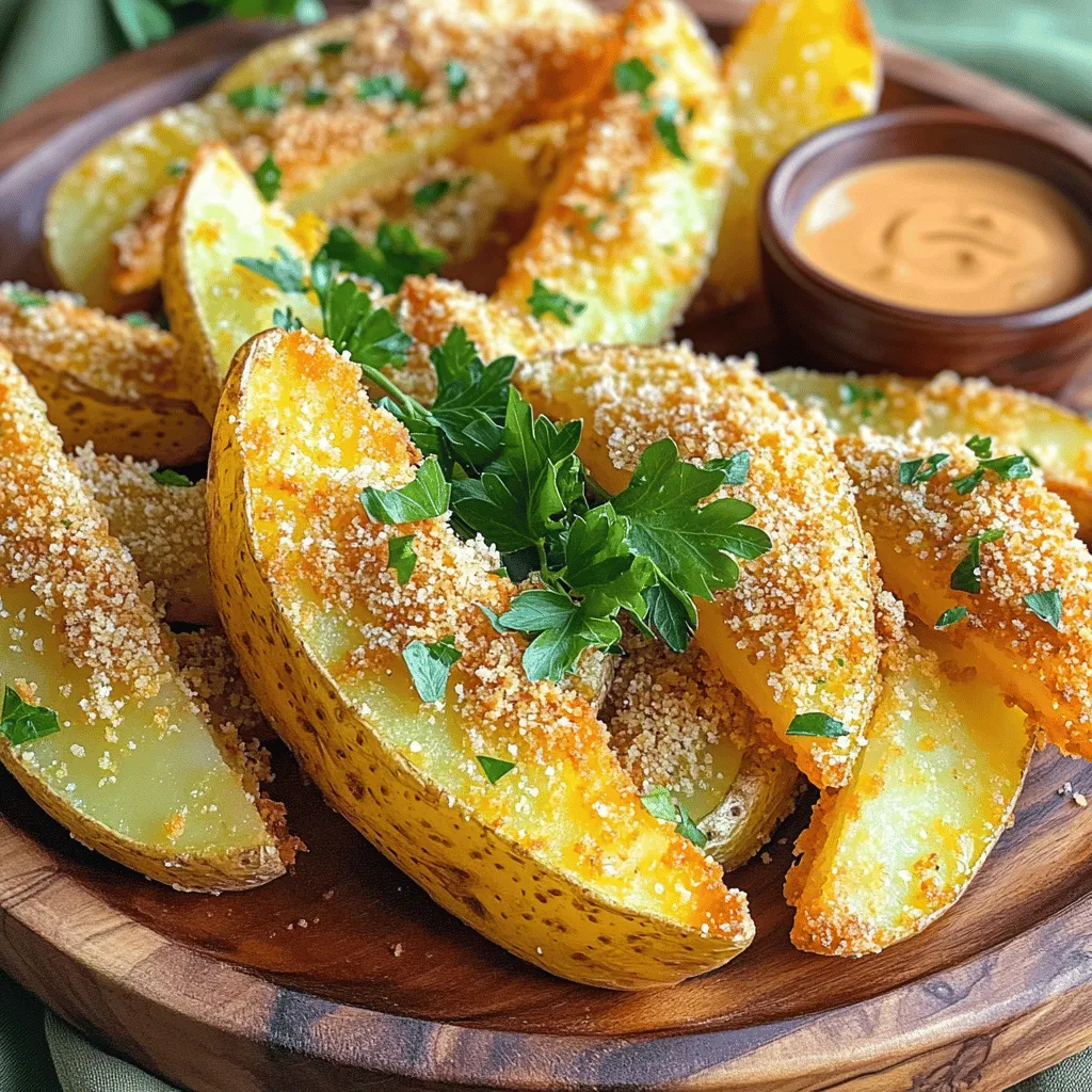 To make crispy Parmesan potato wedges, you need simple yet tasty ingredients. Here’s what you will need: - 4 large russet potatoes, cut into wedges - 1 cup grated Parmesan cheese - 1/2 cup breadcrumbs (preferably panko for extra crispiness) - 3 tablespoons olive oil - Seasonings: garlic powder, onion powder, smoked paprika, salt, and pepper - Fresh parsley, chopped for garnish Each ingredient plays a key role. The russet potatoes give a fluffy inside and crispy outside. The grated Parmesan cheese adds a rich, savory flavor. Panko breadcrumbs make the wedges extra crunchy. Olive oil helps everything brown nicely. Seasonings like garlic powder and smoked paprika add great taste. Fresh parsley brightens the dish and adds color. You can find the full recipe for Crispy Parmesan Potato Wedges at the beginning of this article. When you gather these ingredients, you set the stage for a delicious side dish that everyone will love! 1. Preheat your oven to 425°F (220°C). This makes the wedges nice and crispy. 2. Line a baking sheet with parchment paper. This helps with easy cleanup later. 3. In a large bowl, mix together the grated Parmesan cheese, breadcrumbs, garlic powder, onion powder, smoked paprika, salt, and pepper. Stir well until everything is blended. 1. In another bowl, toss the potato wedges with olive oil. Make sure each wedge is coated well. 2. Dredge each potato wedge in the cheese mixture. Cover all sides to get that tasty crust. 1. Place the coated potato wedges in a single layer on the baking sheet. Don’t let them touch; this helps them crisp up. 2. Bake the wedges in the preheated oven for 30-35 minutes. Flip them halfway for even cooking. 3. When they are golden brown and crispy, take them out of the oven. Let them cool for about 5 minutes before serving. For the full recipe, check the earlier section. To get the best crispy texture, use panko breadcrumbs. Panko is lighter and airier than regular breadcrumbs. This helps create that nice crunch we all love. When you coat the potato wedges, panko sticks better and gives a more satisfying bite. Spacing on the baking sheet is also key. Arrange the wedges in a single layer with space between them. If they touch, steam forms, and your wedges won't crisp up. This small step makes a big difference. I always line my baking sheet with parchment paper, too. It makes cleanup easy and helps with even cooking. To amp up the flavor, think about adjusting the seasonings. You can add cayenne pepper for heat or dried herbs for freshness. I love mixing in some Italian seasoning for a twist. If you want to switch up the cheese, consider using sharp cheddar or even feta. Each cheese brings a different taste. You can also use nutritional yeast for a vegan option. It offers a cheesy flavor without dairy. These small changes can make your wedges unique and exciting. For the full recipe, check out the Crispy Parmesan Potato Wedges section above. {{image_2}} You can switch up the cheese for a new twist. Cheddar adds a sharp flavor. Monterey Jack gives a creamy taste. Both work well with the crunchy wedges. For a vegan option, try cashew cheese or a store-bought vegan cheese. These alternatives melt nicely and keep the dish tasty. Herbs and spices can elevate your potato wedges. Adding rosemary or thyme brings fresh notes. These herbs pair well with the crispy texture. If you like heat, try adding cayenne pepper or chili powder. A little goes a long way in making these wedges exciting. You can mix and match flavors based on what you enjoy. For the full recipe, check out the details above! To keep your leftover crispy Parmesan potato wedges fresh, use an airtight container. This helps retain their flavor and texture. Store them in the fridge for up to three days. After that, they may lose their crispiness and taste. To reheat your wedges, use an oven or an air fryer. Preheat your oven to 375°F (190°C). Place the wedges on a baking sheet and heat them for about 10-15 minutes. This method keeps them crispy. If you use an air fryer, set it to 350°F (175°C) and cook for about 5-7 minutes. You can freeze the wedges, but they won’t be as crispy when reheated. If you freeze them, put them in a freezer-safe bag. They can last up to three months. For best results, reheat straight from the freezer. To make crispy Parmesan potato wedges in an air fryer, follow these steps. Cut the potatoes into wedges as you would for the oven. Toss them in olive oil, then coat them in the cheese and breadcrumb mix from the Full Recipe. Preheat your air fryer to 400°F (200°C). Place the wedges in a single layer in the fryer basket. Cook for about 15 to 20 minutes, shaking the basket halfway through. This method gives you that nice crunch with less oil. Yes, you can prepare these wedges ahead of time. Cut the potatoes and coat them in the cheese mixture. Store them in the fridge for up to 24 hours before cooking. When you’re ready, just pop them in the oven or air fryer. They will still taste great! Crispy Parmesan potato wedges taste amazing with various dipping sauces. My favorites include ranch dressing, ketchup, and garlic aioli. You can also try spicy sriracha or tangy barbecue sauce for a fun twist. Serve these sauces on the side for a tasty snack or side dish! In this blog post, we covered how to make crispy Parmesan potato wedges. You learned about the needed ingredients, like russet potatoes and Parmesan cheese. We provided step-by-step instructions for preparing, coating, and baking the wedges. Tips for achieving crispiness and flavor variations were also shared. These wedges are easy to make and great as a snack or side dish. I hope you enjoy trying this recipe as much as I did. Perfecting these crispy wedges will surely impress your family and friends. Give it a go!