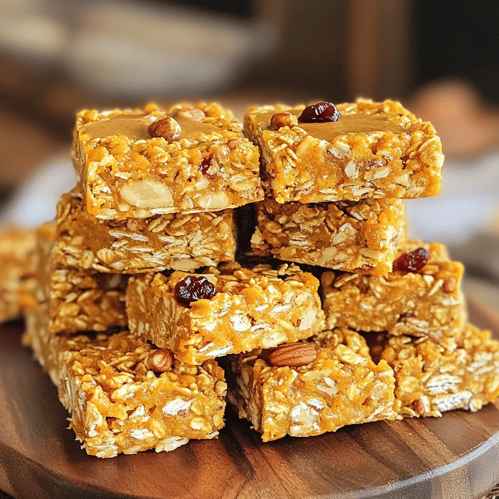 To make these tasty bars, you need a few simple ingredients. Here’s what you’ll need: - 2 cups rolled oats - 1 cup pumpkin puree - 1/2 cup almond butter (or your favorite nut butter) - 1/2 cup honey or maple syrup - 1/2 cup chopped nuts (walnuts or pecans) - 1/2 cup dried cranberries or raisins - 1 teaspoon pumpkin spice - 1/2 teaspoon vanilla extract - Pinch of salt These ingredients blend together to create a sweet and crunchy treat. The rolled oats provide a hearty base. Pumpkin puree adds moisture and flavor. Nut butter gives richness and protein. Honey or maple syrup sweetens the mix. If you don’t have almond butter, you can use peanut butter, cashew butter, or sunflower seed butter. Each option adds a unique taste. For sweeteners, if you want to skip honey, agave syrup works well. Brown rice syrup is a great option too. These substitutes keep your bars sweet and sticky. Each ingredient in these bars offers health perks. Rolled oats are high in fiber. They help with digestion and keep you full longer. Pumpkin puree is packed with vitamins and antioxidants. It’s great for your skin and eyes. Nuts add healthy fats and protein. They also provide energy. Dried fruit like cranberries offers natural sweetness along with vitamins. These ingredients not only taste good but also support your health. Enjoy making these no bake pumpkin spice granola bars! To make these no bake pumpkin spice granola bars, start with a large bowl. Add 2 cups of rolled oats, 1 teaspoon of pumpkin spice, and a pinch of salt. Mix them well to blend the flavors. In a second bowl, combine 1 cup of pumpkin puree, 1/2 cup of almond butter, and 1/2 cup of honey or maple syrup. Whisk this mixture until it is smooth and creamy. Pour this pumpkin blend over your oat mixture. Now, add in 1/2 cup of chopped nuts and 1/2 cup of dried cranberries or raisins. Mix everything together until the oats are coated and sticky. Make sure to mix the ingredients well. This helps each oat piece soak up the flavors. When you press the mixture into your baking dish, be firm. Use a spatula or your hands to ensure it is even. Pressing it down hard gives you nice, solid bars. If it feels too sticky, wet your hands slightly before pressing. Once you have pressed the mixture into the dish, cover it with plastic wrap. Place the dish in the refrigerator for at least 2 hours. This allows the bars to firm up. After 2 hours, check to see if they are set. You can lift them out by the parchment paper edges. Cut them into squares or rectangles as you like. These bars are now ready to enjoy! To make great no bake granola bars, start with fresh ingredients. Use rolled oats for the best texture. Mix your dry ingredients first, like oats and pumpkin spice. This helps blend the flavors. When combining wet and dry, make sure it is sticky. This helps the bars hold together. Press the mixture firmly into the baking dish. This keeps the bars from crumbling. Refrigerate for at least two hours. This step is key for a good set. Store your bars in an airtight container. This keeps them fresh and tasty. If you want to keep them longer, wrap each bar in parchment paper. You can also freeze them for later. Just place them in a freezer-safe bag. They will last for up to three months in the freezer. When you want to eat one, let it thaw in the fridge overnight. To serve these bars, try a wooden platter. It gives a rustic look. Drizzle some extra nut butter on top for flair. You can also sprinkle extra pumpkin spice over the bars. Adding whole nuts on top makes them pop visually. These small touches will impress your guests. Enjoy them with a cup of tea or coffee for a cozy snack! {{image_2}} You can make these granola bars your own by adding different nuts and dried fruits. Try using cashews or hazelnuts for a new crunch. For dried fruits, go for chopped apricots or cherries. This way, you can mix flavors and textures. Each choice adds a fun twist to this recipe. Spices can change the whole taste of your granola bars. You can add cinnamon or nutmeg for extra warmth. If you like a bit of heat, try adding a dash of ginger. These spices can boost the flavor and give your bars a rich taste. Experimenting with spices lets you create your own signature bars. Making these bars gluten-free is easy. Just use gluten-free oats instead of regular ones. To make them vegan, swap honey for maple syrup. This keeps the bars sweet without using any animal products. You can enjoy these tasty treats while sticking to your diet. These simple swaps can help everyone enjoy this delicious snack. Store your no bake pumpkin spice granola bars in an airtight container. This keeps them fresh. You can place a sheet of parchment paper between layers to prevent sticking. This method works great and helps with easy access later. Keep your container in a cool, dry place away from sunlight. If you live in a warm area, the fridge is a good choice. To freeze your granola bars, cut them into squares first. Wrap each piece tightly in plastic wrap. Then, place the wrapped bars in a freezer bag or container. This will protect them from freezer burn. When ready to enjoy, simply remove a bar and let it thaw at room temperature. You can also heat it in the microwave for a few seconds if you prefer it warm. When stored correctly, these bars last for about one week at room temperature. In the fridge, they stay fresh for about two weeks. If frozen, you can keep them for up to three months. Keeping track of the dates helps ensure you enjoy them at their best. Yes, you can use quick oats or steel-cut oats. However, rolled oats give the best texture. Quick oats will mix well but may be softer. Steel-cut oats will need more time to soak up moisture. These granola bars can last up to one week in an airtight container. You can also store them in the fridge for longer freshness. If you freeze them, they can last for up to three months. You can use peanut butter or sunflower seed butter as a substitute. Both options give a nice flavor and work well. Just keep in mind that the taste will change slightly with each nut butter. Yes, maple syrup or agave nectar are great substitutes for honey. They add sweetness without changing the texture. You can also try using brown rice syrup for a different flavor. Definitely! Kids love the chewy texture and sweet taste. They are a healthy snack option. Just ensure there are no nut allergies before serving. No Bake Pumpkin Spice Granola Bars are easy to make and fun to enjoy. We covered key ingredients, helpful tips, and exciting variations. These bars are healthy, tasty, and perfect for any snack time. Remember to store them right for freshness. I hope you feel inspired to try new flavors and share them with friends. Enjoy every bite of your homemade granola bars!