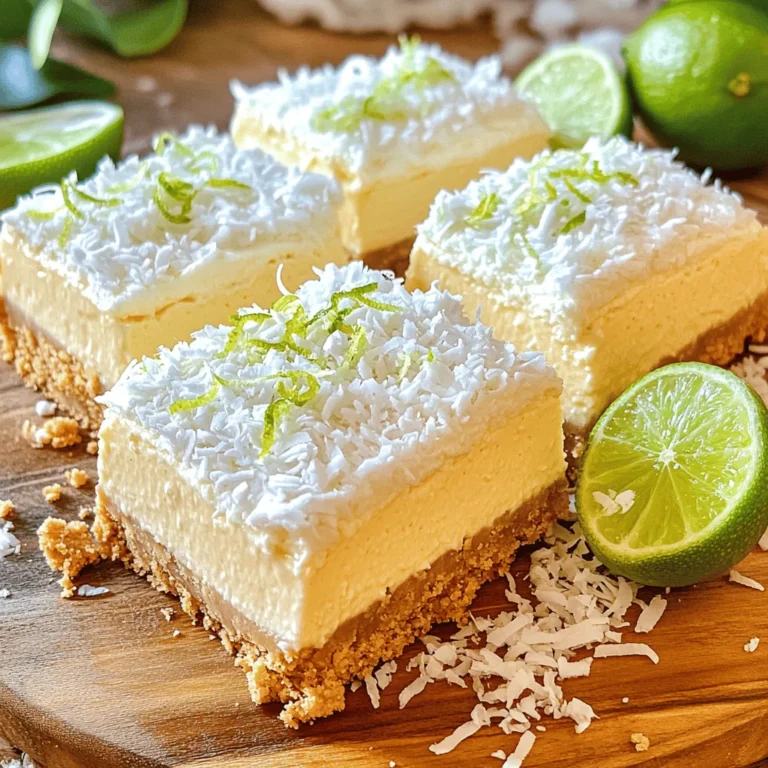 - 1 ½ cups graham cracker crumbs - ½ cup unsweetened shredded coconut - ½ cup unsalted butter, melted - 1 (8 oz) package cream cheese, softened - 1 cup sweetened condensed milk To create the perfect base for these cheesecake bars, I start with graham cracker crumbs. They add a nice crunch. I mix them with unsweetened shredded coconut. This gives a tropical feel to the crust. Then, I add melted unsalted butter to bind everything together. Next comes the creamy filling. I use softened cream cheese for a smooth texture. Sweetened condensed milk makes the filling rich and sweet. This combination forms the heart of the cheesecake bars. - 1/3 cup fresh lime juice - Zest of 2 limes - 1 teaspoon vanilla extract Now, let's talk about flavor. Fresh lime juice adds a zesty kick. I also include lime zest for a deeper flavor. Vanilla extract rounds out the taste, making it well-balanced and delightful. - Extra shredded coconut For a fun touch, I sometimes sprinkle extra shredded coconut on top. It adds a nice visual and texture contrast. This simple garnish makes the bars look even more inviting. - Preheat your oven to 350°F (175°C). - In a medium bowl, combine 1 ½ cups graham cracker crumbs, ½ cup unsweetened shredded coconut, and ½ cup melted unsalted butter. Mix well. - Press this mixture firmly into the bottom of a greased 9x9 inch baking dish. Bake for 10 minutes, then take it out and let it cool slightly. - In a large mixing bowl, beat 1 (8 oz) package of softened cream cheese until smooth. - Gradually add in 1 cup of sweetened condensed milk. Mix until it is well combined and fluffy. - Next, add 1/3 cup of fresh lime juice, the zest of 2 limes, and 1 teaspoon of vanilla extract. Blend until everything is incorporated. - Beat in 2 large eggs, one at a time. Be careful not to overmix. - Pour the cheesecake filling over the crust in the baking dish. - Bake for 25-30 minutes. Check for doneness; the center should be set but still slightly jiggly. - Once done, remove it from the oven. Let it cool completely at room temperature. Then chill it in the refrigerator for at least 4 hours, or overnight for the best results. - Once set, cut into bars. If you like, garnish with extra shredded coconut before serving. To make a great crust, press the mixture firmly into the pan. This helps it hold together well. A good crust needs a sturdy base. I use a 9x9 inch baking dish for the best results. It gives the bars nice thickness and even cooking. Cracks can ruin your cheesecake's look. To avoid them, do not overmix the filling. Mix until just smooth. This keeps air from getting in. Also, cool the cheesecake slowly. After baking, let it sit at room temperature first. Then, chill it in the fridge for at least four hours. This helps it set without cracks. You can switch out some ingredients if needed. For sweeteners, try using honey or maple syrup instead of regular sugar. If you want a dairy-free option, look for dairy-free cream cheese. Many brands offer great taste and texture. These swaps still keep the bars creamy and delicious. {{image_2}} You can add other citrus flavors to these bars. Lemon or orange juice can brighten the taste. Just replace some lime juice with your chosen citrus. This change gives a fresh twist to the classic recipe. You might also mix in chocolate or fruit layers. Swirling in melted chocolate or fruit puree creates beautiful designs. It adds a new layer of flavor that surprises your taste buds. If you need a gluten-free option, use gluten-free graham crackers. Look for brands that offer a similar taste and texture. For vegan adjustments, replace cream cheese with a vegan cream cheese alternative. Use coconut cream for a rich texture. You can also swap eggs for flaxseed meal mixed with water. This creates a binding effect, keeping the bars together while being plant-based. Pair these cheesecake bars with sauces for extra flavor. Drizzle chocolate or caramel sauce on top for a sweet touch. You can also serve them with fresh fruit for a fun twist. For a creative presentation, cut the bars into fun shapes or use cookie cutters. Arrange them on a colorful platter, and garnish with mint leaves. This adds a pop of color and freshness to your dessert table. To keep your creamy coconut lime cheesecake bars fresh, use airtight containers. This helps to prevent air from drying them out. Place the bars in a single layer. You may also use parchment paper between layers to avoid sticking. Store them in the fridge for the best taste. You can freeze cheesecake bars to enjoy later. First, cut the bars into squares. Wrap each piece in plastic wrap. Then, place them in a freezer-safe bag or container. Label the bag with the date. To thaw, take them out of the freezer and place them in the fridge overnight. You can also thaw them at room temperature for about an hour. These delicious bars last about five days in the fridge. Be sure to check for any signs of spoilage. If you see any mold or if they smell off, it's best to throw them away. Enjoy your bars while they are fresh for the best flavor and texture! You should chill the bars for at least four hours. This helps the cheesecake set properly. If you have time, chilling overnight is even better. It enhances the flavors and makes cutting easier. Yes, you can use various crust types. If you want a gluten-free option, try almond flour or gluten-free cookies. For a twist, use chocolate cookies for a richer flavor. You can even try a nut crust for added crunch. Just ensure the crust is firm enough to support the filling. There are many fun garnishes for your cheesecake bars. You can sprinkle extra shredded coconut on top. Fresh lime slices add a nice touch, too. For a special treat, drizzle with chocolate or caramel sauce. Whipped cream also pairs well, giving it a creamy finish. This blog post outlined the key ingredients and steps for making creamy coconut lime cheesecake bars. You learned about the main ingredients, including graham cracker crumbs and cream cheese, plus flavor enhancers like fresh lime juice and zest. I shared tips for a perfect crust, variations for unique flavors, and storage guidelines. These cheesecake bars are delicious and easy to customize. Try different flavors and toppings to make them your own. Enjoy the process, and happy baking!