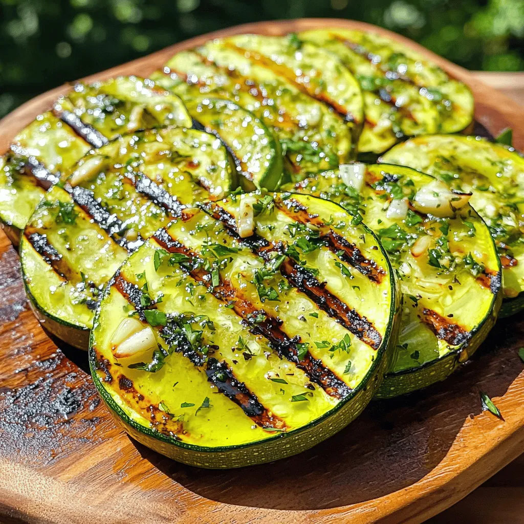 To make Lemon Herb Grilled Zucchini, you need the following ingredients: - 4 medium zucchinis, sliced into thick rounds - 3 tablespoons olive oil - 2 tablespoons fresh lemon juice - 1 teaspoon lemon zest - 2 cloves garlic, minced - 1 teaspoon dried oregano - 1 teaspoon dried thyme - Salt and pepper to taste - Fresh parsley, chopped for garnish Each ingredient plays a key role in the flavor. Use medium zucchinis for the best texture. Slice them thick to keep them sturdy on the grill. Adjust the olive oil and lemon juice for a lighter or zestier flavor. You can also swap dried herbs for fresh ones if you have them. Fresh herbs add a bright taste, making your dish even more vibrant. Fresh ingredients make a big difference. Look for zucchinis that are firm and shiny. Avoid any with soft spots or blemishes. For the best lemon flavor, choose lemons that are heavy for their size. When selecting garlic, pick bulbs that feel firm and smell strong. The fresher your ingredients, the better your grilled zucchini will taste. Start by gathering all your ingredients. You will need: - 4 medium zucchinis, sliced into thick rounds - 3 tablespoons olive oil - 2 tablespoons fresh lemon juice - 1 teaspoon lemon zest - 2 cloves garlic, minced - 1 teaspoon dried oregano - 1 teaspoon dried thyme - Salt and pepper to taste - Fresh parsley, chopped for garnish In a large mixing bowl, whisk together the olive oil, lemon juice, lemon zest, minced garlic, dried oregano, dried thyme, salt, and pepper. Mix until everything is well combined. This will be your marinade. Next, add the zucchini slices to the bowl. Toss them gently in the marinade. Make sure each piece is well coated. Let the zucchinis marinate for at least 30 minutes. This step helps the flavors soak in. While the zucchini marinates, preheat your grill to medium-high heat. It should be hot before you add the zucchini. Once the grill is ready, place the marinated zucchini slices directly on the grill. Grill them for about 4-5 minutes on each side. Look for those lovely grill marks and check if they are tender. After grilling, remove the zucchini from the heat and let them rest for a minute. This helps keep them juicy. Transfer the grilled zucchini to a serving platter. For a pop of color, sprinkle freshly chopped parsley on top. If you want, you can drizzle extra lemon juice over the zucchini. A pinch of sea salt adds a nice touch too. Serve these delicious grilled zucchinis warm. They make a great side dish for any meal. Enjoy your fresh and tasty lemon herb grilled zucchini! To grill zucchini well, start with medium-high heat. This helps the zucchini cook evenly. Always preheat your grill to avoid sticking. Use a grilling basket or skewers for easy flipping. This keeps the slices from falling through the grates. Add a pinch of red pepper flakes for heat. You can also try fresh herbs like basil or dill. If you want a smoky flavor, add smoked paprika to your marinade. For extra zest, mix in some lemon zest with the olive oil. Don't cut zucchini too thin; they may burn easily. Marinating for less than 30 minutes fails to soak in the flavors. Avoid flipping the zucchini too soon. Let them get nice grill marks first. Lastly, don’t overcrowd the grill; keep space between each slice for even cooking. {{image_2}} You can play with the herbs in this recipe. Try adding fresh basil or dill for a twist. These herbs can change the flavor profile and make it more vibrant. A pinch of red pepper flakes adds heat, while smoked paprika gives a nice depth. Grilling is great, but you can also roast zucchini in the oven. Just place them on a baking sheet with the marinade. Roast them at 400°F for about 20 minutes. You could even sauté them in a pan over medium heat for a quick option. Each method brings out different textures. Lemon herb grilled zucchini pairs well with many dishes. Serve it as a side with grilled chicken or fish for a balanced meal. It also shines in salads or wraps. Add it to a grain bowl with quinoa and feta for a tasty lunch. Drizzle with extra lemon juice to enhance the freshness. To keep your Lemon Herb Grilled Zucchini fresh, store it in the fridge. Place the zucchini in an airtight container. It will last for about 3 to 4 days. If you want to keep it longer, you can follow the freezing instructions. If you want to save some grilled zucchini for later, freezing is a great option. First, let the zucchini cool completely. Then, place it in a freezer-safe bag. Squeeze out as much air as you can before sealing. It will stay good in the freezer for up to 2 months. Just remember to label the bag with the date. Reheating your zucchini is simple. You can use a microwave or an oven. For the microwave, place the zucchini on a plate and cover it with a damp paper towel. Heat for about 30 seconds. If you prefer the oven, preheat it to 350°F (175°C). Spread the zucchini on a baking sheet and heat for about 10 minutes. This will help keep the zucchini tender and tasty. You should grill zucchini for about 4-5 minutes on each side. This gives it a nice char and makes it tender. Keep an eye on it, as cooking time can vary based on thickness. The goal is to see grill marks and feel that slight softness. Yes, you can prepare the zucchini ahead of time. Marinate it for up to 2 hours before grilling. If you want to save time, slice and coat the zucchini in the marinade. Store it in the fridge until you're ready to grill. This makes it easy for quick meals. Some great herbs for zucchini are oregano, thyme, basil, and parsley. Oregano and thyme add earthiness, while basil gives a fresh touch. You can mix and match these herbs based on your taste. Fresh herbs work well, but dried ones are good too. In this post, we covered how to grill zucchini perfectly. We talked about the best ingredients, preparation steps, and grilling tips. I shared ways to enhance flavor and avoid mistakes. You can also try different herbs and cooking methods. Finally, I provided smart storage tips and answered common questions. Grilling zucchini is easy, fun, and tasty. With these tips, you can enjoy great meals. Dive in and start grilling today!
