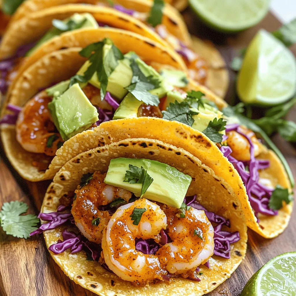 For these tasty tacos, you will need: - 1 lb large shrimp, peeled and deveined - 2 tablespoons olive oil - 4 cloves garlic, minced - 1 teaspoon chili powder - 1/2 teaspoon cayenne pepper (adjust for spice level) - Salt and pepper to taste - 1 teaspoon lime juice - 8 small corn tortillas - 1 cup shredded red cabbage - 1 avocado, sliced - Fresh cilantro, for garnish - Lime wedges, for serving These ingredients bring bold flavors. The shrimp is the star. The garlic adds depth, while the chili powder gives a kick. You can adjust the cayenne for your spice level. You can add these for a fun twist: - Sliced jalapeños for extra heat - Diced tomatoes for freshness - Crumbled feta for creaminess - Sour cream for a rich touch These toppings enhance the dish. Feel free to mix and match based on your taste. To make these tacos, gather: - A medium bowl for mixing - A large skillet for cooking shrimp - A spatula for flipping shrimp - A separate pan or grill for warming tortillas - A sharp knife for slicing toppings Using the right tools makes the process smooth. Each step will be easier with these handy items. To start, I recommend using large shrimp. They provide a nice bite. Rinse and dry the shrimp well. In a medium bowl, combine the shrimp with: - 2 tablespoons olive oil - 4 cloves garlic, minced - 1 teaspoon chili powder - 1/2 teaspoon cayenne pepper (adjust to your spice level) - Salt and pepper to taste - 1 teaspoon lime juice Toss everything together until the shrimp are well-coated. This mix gives the shrimp a bold flavor. Next, heat a large skillet over medium-high heat. Once the skillet is hot, add the shrimp in a single layer. Cook them for about 2 minutes until they turn pink and opaque. Then, flip the shrimp over and cook for another 1-2 minutes. They should be fully cooked and firm. Remove the skillet from heat. Perfectly cooked shrimp should be juicy and full of flavor. In another pan or on an open flame, warm the corn tortillas. Heat them for about 30-60 seconds on each side. You want them pliable and lightly charred. This makes the tortillas soft and adds a bit of smoky flavor. Now it's time to put everything together! On each warm tortilla, layer a handful of shredded red cabbage. This adds crunch and color. Next, place a generous amount of the cooked shrimp on top. Add avocado slices for creaminess. Finally, sprinkle fresh cilantro on each taco. This step brings brightness to the dish. Serve with lime wedges on the side. Squeeze some lime juice over the tacos for a zesty finish. Enjoy your bold flavor explosion! To make these tacos shine, you need a good mix of flavors. The garlic adds a nice kick. The chili powder gives warmth. The lime juice brightens up the dish. To balance it, taste as you go. If you find it too salty, add a bit more lime. Prefer it spicier? Just add more cayenne. Remember, cooking is all about finding what you love! When cooking shrimp, keep a close eye on them. They cook fast, usually in just a few minutes. Overcooking makes them tough. Cook until they turn pink and opaque. Always cook shrimp in a single layer. This ensures even cooking and nice browning. Use a non-stick skillet or add oil to prevent sticking. You can easily adjust the spice level. If you want more heat, add extra cayenne or chili powder. For a milder taco, reduce or skip the cayenne. You can also add toppings like sour cream or guacamole to cool it down. Experiment with fresh jalapeños for a fresh kick. Enjoy finding your perfect flavor! {{image_2}} If you want to switch things up, try different proteins. Chicken works great. Simply use the same spices. You can also use firm fish like tilapia or cod. Just make sure to cut it into small pieces. For a rich option, try beef or pork. Ground meat is quick to cook and adds a nice texture. Each protein will bring its own flavor to your tacos. For a meat-free version, consider using grilled veggies. Zucchini, bell peppers, and mushrooms taste amazing when grilled. You can also use black beans or chickpeas. They add protein and fiber. Toss them with the same chili and garlic flavors for a tasty bite. Another fun choice is roasted cauliflower. It adds a nice crunch and absorbs spices well. Toppings make tacos fun and unique. Try different salsas like mango or pineapple for sweetness. A classic tomato salsa is also a hit. For heat, use jalapeños or hot sauce. Fresh herbs like cilantro or parsley add brightness. Don’t forget about cheese! Crumbled feta or cotija are great options. Finally, squeeze fresh lime over your tacos for a zesty kick. To store leftover shrimp tacos, wrap each taco in plastic wrap. This keeps them fresh. Place them in an airtight container. Store the container in the fridge. Leftovers are best used within two days. Keep the shrimp and toppings separate if possible. This helps maintain the taco's crunch and flavor. To reheat your shrimp tacos, start by removing the toppings. This prevents sogginess. Heat a skillet over medium heat. Add the shrimp only until they are warm. This takes about 2-3 minutes. For the tortillas, warm them in the skillet for about 30 seconds on each side. This will bring back their softness. You can freeze the shrimp for later use. Place the cooked shrimp in a freezer bag. Remove as much air as possible before sealing. You can also freeze the tortillas separately. When ready to use, thaw shrimp overnight in the fridge. Reheat them as mentioned earlier. Enjoy your shrimp tacos again in no time! It takes about 20 minutes to make these tacos. You spend 10 minutes prepping and 10 minutes cooking. This quick time makes it easy to enjoy a tasty meal any day. Yes, you can use frozen shrimp. Just make sure to thaw them first. You can do this by placing them in cold water for about 15 minutes. This keeps the shrimp juicy and fresh. You can use flour tortillas if you prefer. Other good choices are lettuce wraps for a low-carb option. Just pick what you like best and enjoy! To adjust the spice, change the cayenne pepper amount. Use less for mild tacos or more for extra heat. You can also add hot sauce when serving for a kick. Minute Chili Garlic Shrimp Tacos are quick and tasty. We covered key ingredients, from shrimp to toppings. You learned how to prepare, cook, and assemble these tacos perfectly. Tips helped you balance flavor and adjust spice. Variations let you explore new proteins and vegetarian options. Lastly, proper storage keeps leftovers fresh. Enjoy these tacos, and don’t be afraid to make them your own!