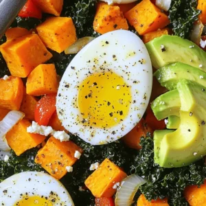 - 2 medium sweet potatoes, diced - 1 bunch of kale, stems removed and chopped - 1 small onion, diced - 1 red bell pepper, diced - 2 cloves garlic, minced - 4 large eggs - 2 tablespoons olive oil - 1 teaspoon smoked paprika - 1/2 teaspoon salt - 1/4 teaspoon black pepper - Optional toppings: avocado slices, hot sauce, or feta cheese Gathering fresh ingredients is the first step to making a great breakfast hash. Sweet potatoes give this dish a natural sweetness and a bright color. The kale adds a hearty green layer, making it both tasty and healthy. Use fresh, crisp kale for the best flavor. Diced onion and red bell pepper add a nice crunch and a hint of sweetness as they cook down. Don&rsquo;t forget the garlic! It brings a strong flavor that elevates the whole dish. Eggs are the star here, providing protein and richness. For pantry staples, you will need olive oil for cooking and a few spices to bring out the flavors. Smoked paprika adds depth, while salt and black pepper enhance everything. Feel free to add optional toppings like creamy avocado or a kick of hot sauce. Feta cheese also adds a nice salty bite if you like! These ingredients work together to create a filling and tasty breakfast that will fuel your morning. - Heat 2 tablespoons of olive oil in a large skillet over medium heat. - Add 2 medium diced sweet potatoes, 1/2 teaspoon salt, 1/4 teaspoon black pepper, and 1 teaspoon smoked paprika. - Stir the mix often, cooking for 10-15 minutes. You want them tender and a bit crispy. - Next, add 1 small diced onion and 1 diced red bell pepper to the skillet. - Saut&eacute; for 5-7 minutes until the veggies soften nicely. - Stir in 2 cloves of minced garlic and 1 bunch of chopped kale. - Cook for 3-4 minutes until the kale wilts and the garlic smells great. - Use a spoon to create four small wells in the hash mixture. - Crack 4 large eggs into each well gently. - Cover the skillet with a lid and cook for 5-6 minutes until the eggs are set. Adjust the cooking time based on how you like your eggs. To cook sweet potatoes faster, cut them into small pieces. Small cubes cook quicker than larger chunks. Start them in a hot skillet with olive oil. Stir them often to avoid sticking. This keeps them cooking evenly. Remember, stirring helps prevent burning. If you find them browning too fast, lower the heat a bit. To boost flavor, add fresh herbs like thyme or parsley. A sprinkle of cumin can add warmth. You can also try red pepper flakes for spice. The key to seasoning is balance. Taste as you go to find what works for you. If you want a smoky taste, use more smoked paprika. For perfect eggs, cover the skillet with a lid. This traps steam and helps the eggs cook evenly. If you like runny yolks, cook them less. For firmer yolks, let them cook longer. You can also fry eggs separately and place them on top of the hash. This gives you a nice presentation and control over doneness. {{image_2}} For a vegan option, skip the eggs. Replace them with tofu. You can scramble firm tofu to mimic eggs. Add some turmeric for color. For vegetarians, keep the eggs. They add protein and richness. You can also use different greens like spinach or Swiss chard. Both add unique flavor and nutrients. Feel free to mix in other veggies. Try adding diced zucchini or mushrooms for extra texture. Sweet corn gives a sweet crunch too. You can also swap proteins. Use turkey sausage or plant-based sausage for a tasty twist. If you want a vegetarian protein, consider tempeh or chickpeas. These options boost the dish's heartiness. Pair your hash with a side of fresh fruit. Sliced oranges or berries brighten up your plate. For a crunch, serve with whole-grain toast. A dollop of yogurt or sour cream adds creaminess. Garnish with avocado slices for a rich touch. Chopped herbs like cilantro or parsley add a pop of color and flavor. To keep your Sweet Potato Kale Breakfast Hash fresh, use a good container. I recommend glass or BPA-free plastic containers with tight lids. First, let the hash cool to room temperature. Then, transfer it to the container and seal it well. Store it in the fridge for up to four days. If you want to keep it longer, consider freezing it. Use freezer-safe containers and label them with the date. This way, you know what you have and when you made it. When you want to enjoy your leftovers, reheating is key. For the best texture, use the stovetop. Heat a skillet over medium heat, add a splash of oil, and stir the hash until it warms. This method keeps the veggies nice and crisp. If you're in a hurry, the microwave works too. Place a portion in a microwave-safe bowl, cover it, and heat for about 1-2 minutes. Stir halfway through to ensure even heating. Just be careful not to overcook it, or the texture may suffer. Yes, you can make this dish ahead of time. To prep in advance, cook the sweet potatoes and vegetables until tender. Then, cool them quickly and store them in the fridge. You can keep the hash for up to three days. When ready to eat, simply heat it up in a skillet. Add the eggs fresh for the best taste. Many sides pair well with this hash. You can serve it with fresh fruit for a sweet touch. Toast with jam or butter makes a great addition too. Consider yogurt or cottage cheese for extra protein. A side of crispy bacon or sausage can add a savory flavor. To add heat, use a spicy seasoning blend or hot sauce. You can also add diced jalape&ntilde;os while cooking the onions and peppers. For extra flavor, try adding red pepper flakes to the hash. A sprinkle of cayenne pepper on top before serving also works wonders. Yes, this dish is great for meal prep. Cook a large batch and store it in airtight containers. It lasts well in the fridge for about three days. For longer storage, you can freeze portions for up to a month. Just reheat in the microwave or on the stovetop. In summary, making Sweet Potato Kale Breakfast Hash is simple and rewarding. You need sweet potatoes, kale, and eggs, along with some basic spices. Follow the steps to cook the sweet potatoes, add your veggies, and prepare the eggs perfectly. Remember to explore variations, adapt flavors, and store leftovers well. This dish is not just tasty; it&rsquo;s also flexible for your diet. Enjoy experimenting with it and make it your own!