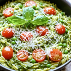- 1 cup orzo pasta - 2 cups vegetable broth - 1 cup heavy cream (or coconut cream) - 1/2 cup basil pesto - 1 cup cherry tomatoes, halved - 1/2 cup frozen peas - 1/4 cup grated Parmesan cheese (or nutritional yeast) - 2 tablespoons olive oil - Salt and pepper to taste - Fresh basil leaves for garnish The main ingredients in this recipe create a creamy and tasty dish. The orzo pasta serves as a perfect base, soaking up flavors from the broth and cream. Vegetable broth adds a rich taste without meat. Heavy cream makes the dish extra rich and smooth. You can use coconut cream for a dairy-free choice. Basil pesto gives a burst of fresh flavor and aroma, making this dish shine. The additional ingredients bring color and nutrition. Cherry tomatoes add a sweet burst and a pop of color. Frozen peas add a bright green touch and a bit of sweetness. Parmesan cheese or nutritional yeast adds a savory finish. Olive oil helps toast the orzo and adds healthy fats. Seasoning is key. Salt and pepper bring out all the flavors. Fresh basil leaves add a lovely touch when you serve the dish. They make it look pretty and taste fresh. Enjoy creating this simple yet delightful meal! - Heat 2 tablespoons of olive oil in a large pot over medium heat. - Add 1 cup of orzo pasta and toast for about 2-3 minutes until slightly golden. - Pour in 2 cups of vegetable broth and bring it to a boil. - Reduce the heat to a simmer and cook the orzo for 8-10 minutes. Stir occasionally until the orzo is al dente. - Once the orzo is cooked, stir in 1 cup of heavy cream and 1/2 cup of basil pesto. Mix until creamy and smooth. - Add 1 cup of halved cherry tomatoes and 1/2 cup of frozen peas. Cook for an additional 2-3 minutes until the vegetables are heated. - Stir in 1/4 cup of grated Parmesan cheese (or nutritional yeast) and season with salt and pepper to taste. - Remove the pot from heat and let it sit for a couple of minutes to thicken. - Garnish with fresh basil leaves before serving. To make your orzo perfectly al dente, watch the cooking time. Boil the orzo in vegetable broth for about 8-10 minutes. Stir it often to prevent sticking. Taste it a minute before the time is up. It should be firm but not hard. For creaminess, you can choose different types of cream. Heavy cream gives a rich taste. If you prefer a lighter dish, coconut cream works great too. It adds a subtle sweetness. Pair your creamy pesto orzo with a fresh salad. A simple green salad with lemon dressing complements the dish well. You can also serve it with crusty bread. This adds a nice crunch and is perfect for dipping. For toppings, consider adding sliced olives or toasted pine nuts. They add a delightful texture and extra flavor. Fresh herbs like parsley or chives can also brighten the dish. Want to add more depth? Try adding minced garlic or chopped onion when you toast the orzo. This step gives a wonderful aromatic base. It makes your dish even more inviting. Using homemade pesto is a fantastic choice if you have time. It allows you to control the flavor. Store-bought pesto is still great if you&rsquo;re short on time. Just make sure to taste and adjust as needed. {{image_2}} If you want a dairy-free dish, use coconut cream instead of heavy cream. Nutritional yeast works great instead of Parmesan cheese. If you need gluten-free options, there are different types of orzo made from rice or corn. These alternatives keep the dish tasty while meeting your diet needs. You can customize this dish with seasonal vegetables. Try adding zucchini, bell peppers, or spinach to boost flavor and nutrition. You can swap the pesto too. Sun-dried tomato pesto adds a rich, tangy twist. This allows you to create new tastes while keeping the dish simple. If you have more guests, you can easily scale up the recipe. Just double the ingredients for a larger crowd. For leftovers, store them in an airtight container in the fridge. They will stay fresh for about three days. You can also freeze portions for future meals, making dinner planning easier. To keep your One-Pot Creamy Pesto Orzo fresh, refrigerate it within two hours. Use an airtight container to prevent air from drying it out. Glass or BPA-free plastic containers work well. Label the container with the date for easy tracking. You can store leftovers for up to three days. When reheating, add a splash of broth or cream. This helps maintain creaminess. Heat it gently on the stove over low heat. Stir often to avoid sticking. If using a microwave, heat in short bursts. Stir between intervals to ensure even heating. Overcooking can make orzo mushy, so watch closely. Yes, you can freeze this dish! To freeze, let it cool completely. Then, transfer it to a freezer-safe container. Leave some space at the top for expansion. It can last for up to three months in the freezer. To thaw, place it in the fridge overnight. Reheat it on the stove, adding a bit of liquid for creaminess. Can I make this dish vegan? Yes, you can make this dish vegan. Use coconut cream instead of heavy cream. Swap grated Parmesan for nutritional yeast. Both choices keep the creamy texture while adding flavor. What can I substitute for orzo? If you can't find orzo, use any small pasta. Options include ditalini, orzo-shaped couscous, or even quinoa. Each will give a unique twist to the dish. How long does one-pot creamy pesto orzo last in the fridge? One-pot creamy pesto orzo lasts about 3 to 5 days in the fridge. Make sure to store it in an airtight container. This keeps it fresh and tasty. Can I add protein to this dish? Absolutely! You can add cooked chicken, shrimp, or chickpeas for protein. Just toss them in when you add the cherry tomatoes and peas. How can I enhance the flavor beyond pesto? To boost flavor, add garlic or saut&eacute;ed onions. A squeeze of lemon juice can brighten the dish too. Try mixing in herbs like parsley or thyme for extra depth. What are some creative serving options? Serve this dish in bowls or on plates. Garnish with fresh basil leaves for color. You can also add a sprinkle of nuts for crunch. Pair with a side salad for balance. This blog post covered how to make a creamy pesto orzo dish. We explored main ingredients, cooking steps, and storage tips. I shared methods for variations, including dietary needs and serving recommendations. Remember, this recipe is flexible. You can make it your own with different veggies or flavors. Enjoy cooking and sharing this dish with others!