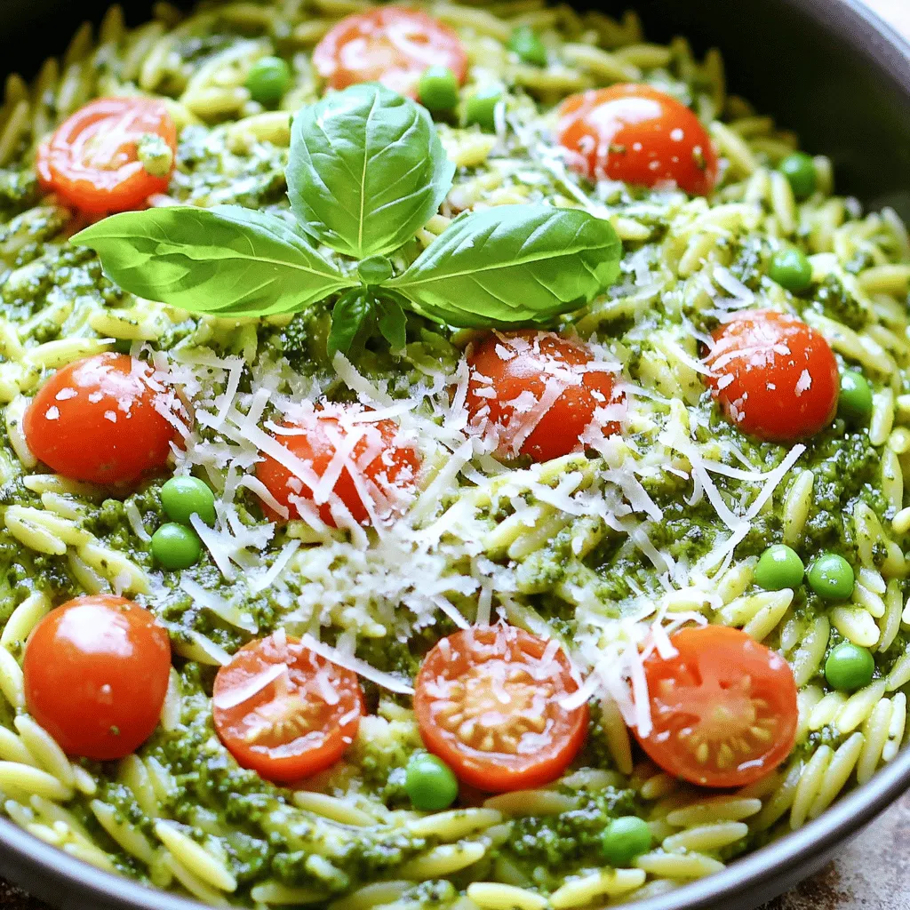- 1 cup orzo pasta - 2 cups vegetable broth - 1 cup heavy cream (or coconut cream) - 1/2 cup basil pesto - 1 cup cherry tomatoes, halved - 1/2 cup frozen peas - 1/4 cup grated Parmesan cheese (or nutritional yeast) - 2 tablespoons olive oil - Salt and pepper to taste - Fresh basil leaves for garnish The main ingredients in this recipe create a creamy and tasty dish. The orzo pasta serves as a perfect base, soaking up flavors from the broth and cream. Vegetable broth adds a rich taste without meat. Heavy cream makes the dish extra rich and smooth. You can use coconut cream for a dairy-free choice. Basil pesto gives a burst of fresh flavor and aroma, making this dish shine. The additional ingredients bring color and nutrition. Cherry tomatoes add a sweet burst and a pop of color. Frozen peas add a bright green touch and a bit of sweetness. Parmesan cheese or nutritional yeast adds a savory finish. Olive oil helps toast the orzo and adds healthy fats. Seasoning is key. Salt and pepper bring out all the flavors. Fresh basil leaves add a lovely touch when you serve the dish. They make it look pretty and taste fresh. Enjoy creating this simple yet delightful meal! - Heat 2 tablespoons of olive oil in a large pot over medium heat. - Add 1 cup of orzo pasta and toast for about 2-3 minutes until slightly golden. - Pour in 2 cups of vegetable broth and bring it to a boil. - Reduce the heat to a simmer and cook the orzo for 8-10 minutes. Stir occasionally until the orzo is al dente. - Once the orzo is cooked, stir in 1 cup of heavy cream and 1/2 cup of basil pesto. Mix until creamy and smooth. - Add 1 cup of halved cherry tomatoes and 1/2 cup of frozen peas. Cook for an additional 2-3 minutes until the vegetables are heated. - Stir in 1/4 cup of grated Parmesan cheese (or nutritional yeast) and season with salt and pepper to taste. - Remove the pot from heat and let it sit for a couple of minutes to thicken. - Garnish with fresh basil leaves before serving. To make your orzo perfectly al dente, watch the cooking time. Boil the orzo in vegetable broth for about 8-10 minutes. Stir it often to prevent sticking. Taste it a minute before the time is up. It should be firm but not hard. For creaminess, you can choose different types of cream. Heavy cream gives a rich taste. If you prefer a lighter dish, coconut cream works great too. It adds a subtle sweetness. Pair your creamy pesto orzo with a fresh salad. A simple green salad with lemon dressing complements the dish well. You can also serve it with crusty bread. This adds a nice crunch and is perfect for dipping. For toppings, consider adding sliced olives or toasted pine nuts. They add a delightful texture and extra flavor. Fresh herbs like parsley or chives can also brighten the dish. Want to add more depth? Try adding minced garlic or chopped onion when you toast the orzo. This step gives a wonderful aromatic base. It makes your dish even more inviting. Using homemade pesto is a fantastic choice if you have time. It allows you to control the flavor. Store-bought pesto is still great if you’re short on time. Just make sure to taste and adjust as needed. {{image_2}} If you want a dairy-free dish, use coconut cream instead of heavy cream. Nutritional yeast works great instead of Parmesan cheese. If you need gluten-free options, there are different types of orzo made from rice or corn. These alternatives keep the dish tasty while meeting your diet needs. You can customize this dish with seasonal vegetables. Try adding zucchini, bell peppers, or spinach to boost flavor and nutrition. You can swap the pesto too. Sun-dried tomato pesto adds a rich, tangy twist. This allows you to create new tastes while keeping the dish simple. If you have more guests, you can easily scale up the recipe. Just double the ingredients for a larger crowd. For leftovers, store them in an airtight container in the fridge. They will stay fresh for about three days. You can also freeze portions for future meals, making dinner planning easier. To keep your One-Pot Creamy Pesto Orzo fresh, refrigerate it within two hours. Use an airtight container to prevent air from drying it out. Glass or BPA-free plastic containers work well. Label the container with the date for easy tracking. You can store leftovers for up to three days. When reheating, add a splash of broth or cream. This helps maintain creaminess. Heat it gently on the stove over low heat. Stir often to avoid sticking. If using a microwave, heat in short bursts. Stir between intervals to ensure even heating. Overcooking can make orzo mushy, so watch closely. Yes, you can freeze this dish! To freeze, let it cool completely. Then, transfer it to a freezer-safe container. Leave some space at the top for expansion. It can last for up to three months in the freezer. To thaw, place it in the fridge overnight. Reheat it on the stove, adding a bit of liquid for creaminess. Can I make this dish vegan? Yes, you can make this dish vegan. Use coconut cream instead of heavy cream. Swap grated Parmesan for nutritional yeast. Both choices keep the creamy texture while adding flavor. What can I substitute for orzo? If you can't find orzo, use any small pasta. Options include ditalini, orzo-shaped couscous, or even quinoa. Each will give a unique twist to the dish. How long does one-pot creamy pesto orzo last in the fridge? One-pot creamy pesto orzo lasts about 3 to 5 days in the fridge. Make sure to store it in an airtight container. This keeps it fresh and tasty. Can I add protein to this dish? Absolutely! You can add cooked chicken, shrimp, or chickpeas for protein. Just toss them in when you add the cherry tomatoes and peas. How can I enhance the flavor beyond pesto? To boost flavor, add garlic or sautéed onions. A squeeze of lemon juice can brighten the dish too. Try mixing in herbs like parsley or thyme for extra depth. What are some creative serving options? Serve this dish in bowls or on plates. Garnish with fresh basil leaves for color. You can also add a sprinkle of nuts for crunch. Pair with a side salad for balance. This blog post covered how to make a creamy pesto orzo dish. We explored main ingredients, cooking steps, and storage tips. I shared methods for variations, including dietary needs and serving recommendations. Remember, this recipe is flexible. You can make it your own with different veggies or flavors. Enjoy cooking and sharing this dish with others!