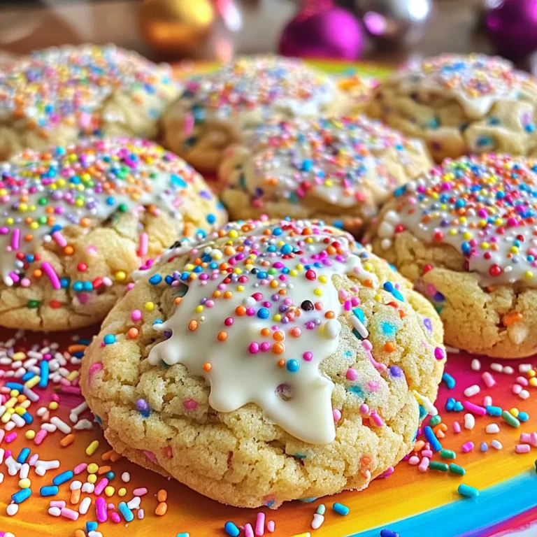 To make Funfetti Birthday Cake Cookies, gather these simple ingredients: - 1 cup unsalted butter, softened - 1 cup granulated sugar - 1/2 cup brown sugar, packed - 2 large eggs - 1 teaspoon vanilla extract - 2 3/4 cups all-purpose flour - 1 teaspoon baking powder - 1/2 teaspoon baking soda - 1/2 teaspoon salt - 1 cup colorful sprinkles - 1/2 cup white chocolate chips (optional) These ingredients blend to create soft, chewy cookies that burst with flavor. You can easily swap some ingredients for different flavors or dietary needs. Try these: - Use coconut oil instead of butter for a dairy-free option. - Swap granulated sugar with coconut sugar for a richer taste. - Add chopped nuts for extra crunch. - Change sprinkles to match your theme or event. These swaps let you personalize your cookies while keeping them fun! To make these cookies, you will need a few basic tools: - Mixing bowls for combining ingredients - A cookie scoop or tablespoon for portioning dough - Parchment paper to line your baking sheet - An electric mixer for easy creaming of butter and sugars - A wire rack for cooling the cookies Having these tools ready makes the baking process smooth and enjoyable! First, gather all your ingredients. You need butter, sugars, eggs, and flour. Make sure your butter is soft. It should be easy to mix. Measure out 1 cup of unsalted butter. Then, measure 1 cup of granulated sugar and 1/2 cup of brown sugar. Crack 2 large eggs into a bowl. Don't forget 1 teaspoon of vanilla extract. For dry ingredients, get 2 3/4 cups of flour, 1 teaspoon of baking powder, 1/2 teaspoon of baking soda, and 1/2 teaspoon of salt. Finally, grab 1 cup of colorful sprinkles and 1/2 cup of white chocolate chips, if you like. Now, it's time to mix! In a large bowl, cream the softened butter, granulated sugar, and brown sugar together. You want this to be light and fluffy. This should take about 3 to 5 minutes. Next, add the eggs one at a time. Mix well after each egg. Then stir in the vanilla extract. In another bowl, whisk together the flour, baking powder, baking soda, and salt. Slowly add these dry ingredients to the wet mixture. Mix until just combined. Finally, fold in the colorful sprinkles and white chocolate chips until they are evenly mixed. Preheat your oven to 350°F (175°C). Line a baking sheet with parchment paper. Use a cookie scoop or a tablespoon to drop balls of dough onto the baking sheet. Space them about 2 inches apart. Bake your cookies for 10 to 12 minutes. The edges should be lightly golden. The centers may look soft but will firm up as they cool. Let the cookies cool on the baking sheet for 5 minutes. After that, move them to a wire rack to cool completely. Enjoy your sweet treats! To get the best texture for your Funfetti cookies, use softened butter. Cream the butter and sugars until light and fluffy. This step adds air and makes the cookies soft. Be careful not to overmix your dough. Mix until just combined to keep them chewy. Let the cookies cool on the baking sheet for a bit before moving them. This helps them set and stay soft. One common mistake is not measuring flour correctly. Use a spoon to fluff the flour, then scoop it into your measuring cup. Avoid packing it down. Another mistake is baking cookies too long. Keep an eye on them; the edges should be golden, while the centers stay soft. Lastly, don’t skip the colorful sprinkles! They add flavor and fun. For a festive touch, serve your cookies on a bright platter. Add extra sprinkles on top for color. You can also drizzle melted chocolate over them for a chocolatey finish. If you want to gift the cookies, package them in a cute box. Tie it with a ribbon for a sweet surprise. These simple ideas keep your Funfetti cookies fun and exciting! {{image_2}} You can make gluten-free Funfetti cookies easily. Just swap the all-purpose flour for a gluten-free blend. Look for a mix that includes xanthan gum. This helps the cookies hold their shape. The taste will still be great, and everyone can enjoy them! Want to change the flavor? You can! Add cocoa powder for a chocolate twist. Use 1/2 cup of cocoa and reduce the flour by the same amount. For a fresh taste, try lemon. Add lemon zest and a bit of lemon juice. This will give your cookies a bright flavor perfect for spring. Sprinkles add joy to these cookies. While colorful sprinkles are classic, try others too! Use chocolate sprinkles for a rich look. You can also use themed sprinkles for holidays or parties. Rainbow sprinkles look fun for birthdays. Get creative and mix different kinds for a fun surprise in every bite! To keep your Funfetti Birthday Cake Cookies fresh, place them in an airtight container. This helps lock in moisture and flavor. If you stack them, use parchment paper between layers to prevent sticking. Store them at room temperature for up to five days. If you want to keep them longer, consider freezing. You can freeze these cookies for up to three months. First, let them cool completely. Then, place them in a single layer on a baking sheet. Freeze until solid. Once frozen, transfer them to a freezer bag or container. Make sure to remove as much air as possible. Label the bag with the date for easy tracking. To reheat your cookies, preheat your oven to 350°F (175°C). Place the cookies on a baking sheet. Heat for about 5 to 7 minutes. This warms them up and makes them soft again. You can also use a microwave. Heat for 10 to 15 seconds. Just be careful not to overheat, or they can become tough. Enjoy your delicious cookies warm! To make your Funfetti cookies softer, you can add a little more butter. Use an extra two tablespoons of softened butter. This will keep the cookies moist. Also, do not overbake them. Remove the cookies from the oven when the edges are light golden. They will continue to cook as they cool. Yes, you can use margarine instead of butter. Just make sure it is softened. Margarine can give a similar taste and texture. However, butter often adds a richer flavor. If you want a buttery taste, stick with butter when you can. If you don’t want to use white chocolate chips, try using dark chocolate chips or milk chocolate chips. You can also add nuts like chopped walnuts or pecans for a nice crunch. Dried fruit, like cranberries or raisins, can add sweetness too. Feel free to get creative with your mix-ins! You now have all the tools to make amazing Funfetti cookies. You learned about the best ingredients, essential tools, and how to prepare the dough. We covered baking tips for perfect texture and fun decoration ideas. Variations offer options for different diets and flavors. Plus, proper storage keeps your cookies fresh. Remember, practice makes perfect. Enjoy your cookie journey and share these tips with friends for sweet success!