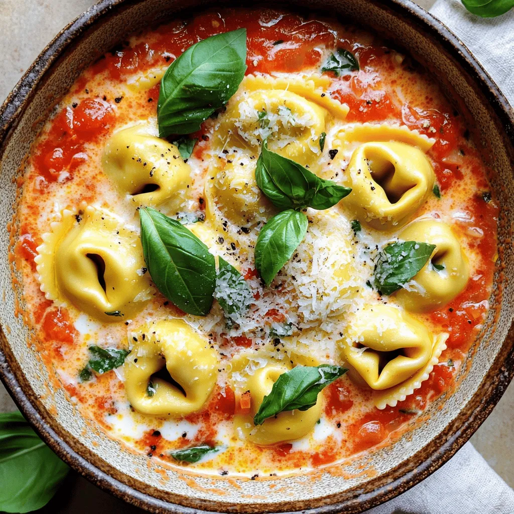 To make Creamy Tomato Basil Tortellini, you need these fresh and flavorful ingredients: - Cheese Tortellini (12 oz, fresh or frozen) - Olive Oil (1 tablespoon) - Garlic (3 cloves, minced) - Crushed Tomatoes (1 can, 14 oz) - Heavy Cream (1 cup) - Fresh Basil (1 cup, chopped) - Italian Seasoning (1 teaspoon) - Salt and Pepper (to taste) - Parmesan Cheese (½ cup, grated) - Optional: Fresh basil leaves for garnish These ingredients come together to create a rich and satisfying dish. The cheese tortellini serves as a perfect base, while garlic adds a warm aroma. Crushed tomatoes bring a sweet tang that pairs well with heavy cream, making the sauce creamy and dreamy. Fresh basil adds a bright touch, and Parmesan cheese gives it a savory kick. Using fresh ingredients shines through in every bite. You can customize it based on what you have. This dish is easy to prepare and full of flavor, making it a go-to for any weeknight meal. First, fill a large pot with water. Add a good amount of salt to the water. This makes the tortellini taste better. Bring the water to a boil. Once boiling, add 12 ounces of cheese tortellini. Cook the tortellini according to the package instructions. Usually, this takes about 3 to 5 minutes. You want them to be al dente, which means firm but not hard. After cooking, drain the tortellini and set them aside. Next, it's time to make the sauce. In the same pot, heat up 1 tablespoon of olive oil over medium heat. Add 3 cloves of minced garlic. Sauté the garlic for about 1 minute. You want it to smell nice but not burn. After that, pour in one 14-ounce can of crushed tomatoes. Stir well and cook for 3 to 4 minutes. This warms up the tomatoes. Lower the heat, then add 1 cup of heavy cream. Stir until the sauce is smooth and creamy. Now, we add flavor. Toss in 1 cup of chopped fresh basil, 1 teaspoon of Italian seasoning, and salt and pepper to taste. Stir everything together and let it simmer for about 5 minutes. This helps the flavors mix well. Finally, gently add the cooked tortellini to the sauce. Toss them so they are fully coated. Stir in ½ cup of grated Parmesan cheese until it melts. If you need, adjust the seasoning. Serve the creamy tortellini hot, garnished with extra basil leaves if you like. To get the best tortellini, don’t overcook it. Follow the package instructions closely. Cook until it is al dente. This means it should be firm but not hard. If you use fresh tortellini, it cooks faster than frozen. Fresh tortellini takes about 3 to 5 minutes, while frozen can take 5 to 7 minutes. Always taste a piece to check doneness before draining. Fresh herbs bring a bright taste to your dish. I love using fresh basil in this recipe. It adds a nice aroma and flavor. Chop the basil right before you add it to the sauce. This keeps it fresh. Don’t forget to taste as you cook. Adding salt and pepper to your liking makes a big difference. If you want a stronger flavor, add a bit more Italian seasoning. Creamy Tomato Basil Tortellini pairs well with a simple side salad. A green salad with a light vinaigrette works great. You can also serve it with garlic bread for a comforting meal. For plate presentation, use a big spoon to twirl the tortellini. Top with extra basil and Parmesan cheese. This makes your dish look beautiful and inviting. {{image_2}} For a vegetarian option, use vegetable broth instead of chicken broth. You can also replace heavy cream with cashew cream or coconut milk for a dairy-free twist. These swaps still give you a rich flavor without any animal products. You can serve this dish as a cold pasta salad. Cook the tortellini, let it cool, and mix it with the creamy sauce. Chill it in the fridge for a refreshing summer meal. Another idea is to bake it as a casserole. Place the tortellini and sauce in a dish, top with cheese, and bake until bubbly. Want to add protein? Try mixing in cooked chicken or shrimp. This will make the dish more filling. If you like heat, sprinkle chili flakes on top. This small change adds a nice kick to your meal. To store your creamy tomato basil tortellini, use an airtight container. Make sure to let it cool down to room temperature first. This helps keep the flavors fresh. You can refrigerate it for up to three days. For longer storage, freeze the tortellini. Place it in a freezer-safe bag. Remove as much air as you can before sealing. It can last in the freezer for up to three months. When it comes to reheating, the best method is using the stovetop. Place the tortellini in a pan over low heat. Add a splash of water or extra cream to help rehydrate it. Stir gently, and heat until warm. Avoid using the microwave if possible. Microwaving can make the tortellini mushy. If you must use a microwave, heat in short bursts. Stir in between to ensure even warming. In the fridge, your creamy tomato basil tortellini can stay fresh for three days. After that, check for signs of spoilage. Look for changes in color or strange smells. If the tortellini becomes slimy or has an off flavor, it's best to toss it. Always trust your senses. Keeping your food safe is important! It takes about 25 minutes in total. The prep time is about 10 minutes. Cooking the tortellini and making the sauce takes around 15 minutes. You can have a warm, tasty dish ready in no time! Yes, you can prepare this dish ahead of time. Cook the tortellini and make the sauce separately. Store them in the fridge until you are ready to serve. Just heat the sauce and toss in the tortellini before serving. This helps the flavors blend well. If you want a lighter version, use half-and-half or whole milk. You can also try coconut cream for a dairy-free option. These substitutes will change the taste slightly but still create a creamy texture. This blog post highlights how to make a delicious creamy tomato basil tortellini dish. We covered every step, from cooking the tortellini to preparing a rich sauce. You learned tips for perfecting the texture and flavor. We also explored fun variations and how to store leftovers effectively. Try this dish for a quick weeknight meal or a special occasion. You won't be disappointed with the rich flavors and ease of preparation. Enjoy your cooking adventure!