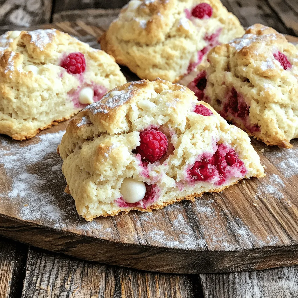 - 2 cups all-purpose flour - 1/4 cup granulated sugar - 1 tablespoon baking powder - 1/2 teaspoon salt - 1/2 cup unsalted butter, cold and cubed - 1/2 cup heavy cream - 1 large egg - 1 teaspoon vanilla extract - 1 cup fresh raspberries - 1/2 cup white chocolate chips The ingredients for raspberry white chocolate scones are simple yet essential. Each item plays a key role in creating that perfect flaky texture. Alternatives for All-Purpose Flour You can use whole wheat flour for a nuttier taste. Almond flour works well too. Just note that these alternatives may change the texture. Dairy-Free Options for Butter and Cream For a dairy-free version, use coconut oil instead of butter. Substitute almond milk or coconut cream for heavy cream. The flavor will still be delightful! Using Different Fruits Feel free to swap raspberries for blueberries or chopped strawberries. Just keep the freshness for the best results. Frozen fruits work too, but do not thaw them first. This keeps the scones light and fluffy. 1. Preheat the oven and prepare baking sheet First, set your oven to 400°F (200°C). While it warms, line a baking sheet with parchment paper. This helps the scones not stick. 2. Mixing dry ingredients and incorporating butter In a large bowl, whisk 2 cups of all-purpose flour, 1/4 cup sugar, 1 tablespoon baking powder, and 1/2 teaspoon salt. Mix it well. Next, add 1/2 cup of cold, cubed butter. Use a pastry cutter or your fingers to mix until it looks like coarse crumbs. 3. Combining wet ingredients with dry ingredients In another bowl, whisk 1/2 cup heavy cream, 1 large egg, and 1 teaspoon vanilla extract. Pour this mixture into the dry ingredients. Stir until just combined; some lumps are okay. Gently fold in 1 cup of fresh raspberries and 1/2 cup of white chocolate chips. 1. Shaping the dough into a disk Turn the dough onto a floured surface. Pat it down into a disk about 1 inch thick. You want it to be even for baking. 2. Cutting into wedges for baking Cut the disk into 8 wedges like you would a pizza. Place the wedges on your lined baking sheet, leaving space between them. 1. Ideal Baking Temperature and Duration Bake the scones in your preheated oven for 15 to 18 minutes. They should be lightly golden brown when done. 2. Signs of Doneness Check if the edges are golden and the tops feel firm. If they are, your scones are ready. Let them cool a bit on a wire rack before you serve them. Enjoy! To make the perfect flaky scones, keep these tips in mind: - Use cold butter. It helps create a light and airy texture. - Avoid over-mixing. Mix until just combined for the best results. - Cut the butter into small pieces. This ensures even distribution in the dough. Cold ingredients are crucial. When your butter and cream are cold, they create steam during baking. This steam helps your scones rise and become flaky. Always take ingredients out of the fridge right before use. To boost the flavor of your scones, consider adding: - A sprinkle of lemon zest for a citrus kick. - A dash of almond extract for a nutty twist. When choosing raspberries, fresh is best. Fresh raspberries burst with flavor and add juicy sweetness. If using frozen raspberries, don’t thaw them. This keeps the scones from becoming soggy. Glazing can elevate the look of your scones. A simple glaze made from powdered sugar and milk works well. Drizzle it over the scones after they cool. For serving, place the scones on a pretty platter. Add a few fresh raspberries around for color. This makes your treat eye-catching and inviting. Enjoy them with a cup of tea or coffee for a delightful snack. {{image_2}} You can switch up the flavors in your scones. Here are two tasty ideas: - Lemon Zest & Poppy Seeds: Add 1 tablespoon of lemon zest and 2 tablespoons of poppy seeds. This combo gives a bright and zesty flavor. The poppy seeds add a nice crunch. - Chocolate Chip & Almond Scones: Swap out the raspberries for 1 cup of chocolate chips. Add 1/2 teaspoon of almond extract for a rich, nutty taste. This mix will satisfy any sweet tooth. If you need to change the recipe for dietary reasons, consider these options: - Gluten-Free Versions: Use a gluten-free flour blend in place of all-purpose flour. Make sure it contains xanthan gum for the right texture. - Lower Sugar Options: Reduce the sugar to 2 tablespoons or use a sugar substitute. This keeps the scones tasty without too much sweetness. Make your scones fit the seasons with these ideas: - Incorporating Seasonal Fruits: In spring, use strawberries or blueberries. In fall, try diced apples with a sprinkle of cinnamon. This keeps your scones fresh and exciting. - Holiday-themed Scones: For winter holidays, add 1/4 teaspoon of nutmeg or ginger. You can also mix in dried cranberries for a festive touch. This variation will be a hit at any gathering. To keep your scones fresh, store them in an airtight container. This helps prevent them from drying out. Make sure they cool completely before packing them away. You can line the container with parchment paper to absorb any moisture. To reheat scones, you have a few options. You can use the oven or a microwave. For the oven, set it to 350°F (175°C). Bake the scones for about 5-10 minutes. If you use a microwave, heat them for 10-15 seconds. Be careful not to overheat, or they may become tough. If you want to freeze the scones, wrap each one in plastic wrap. Place them in a freezer bag. When you're ready to eat, thaw them in the fridge overnight. Then, reheat as needed. Scones last about 2-3 days at room temperature. If you place them in the fridge, they may stay fresh for up to a week. Look for signs of spoilage, like a change in texture or an off smell. If they feel hard or dry, it’s best to toss them out. Enjoy your Raspberry White Chocolate Scones while they are at their best! Can I use frozen raspberries? Yes, you can use frozen raspberries in this recipe. Just do not thaw them. They will add a nice burst of flavor. The berries will keep the dough cold, which helps the scones rise. What can I substitute for white chocolate? If you want a change, you can use dark chocolate or even milk chocolate. Both options will give a different taste but still work well. You can also try dried fruit or nuts for a unique twist. How can I make these scones vegan? To make vegan scones, swap the butter for coconut oil or vegan butter. Use almond or soy milk instead of heavy cream. Replace the egg with a flax egg, which is made with ground flaxseed and water. How to achieve a golden crust? To get a golden crust, ensure your oven is hot before baking. Bake for the full time, watching closely for that lovely golden color. You can brush the tops with cream for a shiny finish. Why are my scones dense? Scones can turn out dense if the dough is over-mixed. Mix just until combined, leaving some lumps. Also, make sure your baking powder is fresh to help them rise. What is the best kind of flour for scones? All-purpose flour is best for scones. It gives a nice balance between fluffiness and structure. You can try pastry flour for a lighter texture if you want. Do I need to sift flour for this recipe? No, sifting is not necessary for this recipe. Just whisk the dry ingredients well to break up any lumps. This will help create a smooth dough. You now know how to make delicious scones with fresh raspberries and white chocolate. Remember, using cold ingredients helps achieve that perfect flaky texture. Don't hesitate to try different fruits or variations to make the recipe your own. Store your scones properly to keep them fresh. With these tips, you can impress family and friends. Enjoy the process of baking, and happy scone-making!