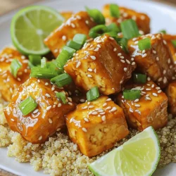 - 1 block (14 oz) firm tofu, pressed and drained - 3 tablespoons honey - 2 tablespoons soy sauce - 1 tablespoon sesame oil - 1 tablespoon rice vinegar - 2 cloves garlic, minced - 1 teaspoon fresh ginger, grated - 2 tablespoons sesame seeds - 3 green onions, sliced - Cooked rice or quinoa (for serving) When you make Honey Glazed Sesame Tofu, the main ingredients set the stage for a tasty dish. Firm tofu gives a great base. It holds the flavors well and has a nice texture. Honey adds sweetness, balancing the saltiness of soy sauce. Together, they create a rich and savory taste. Next, sesame oil and rice vinegar join in for extra flavor. Sesame oil offers a nutty note while rice vinegar brings a touch of tanginess. These components make your dish stand out. Don't forget the garlic and ginger! They add depth and warmth to the flavors. Now, let’s talk about garnishes. Sesame seeds give a nice crunch and a pop of flavor. Green onions add freshness and color. Lastly, serve your tofu over cooked rice or quinoa. This helps soak up all that delicious sauce. Enjoy every bite of this savory and flavorful meal! First, press and drain the tofu. This step is key to getting crispy tofu. To press, wrap the tofu in a clean towel and place a heavy object on top. Let it sit for about 15 minutes. After pressing, cut the tofu into cubes. Aim for bite-sized pieces, about 1 inch each. Pat them dry with a paper towel. This helps remove excess moisture. Next, make the marinade by whisking together the following ingredients in a bowl: - 3 tablespoons honey - 2 tablespoons soy sauce - 1 tablespoon sesame oil - 1 tablespoon rice vinegar - 2 cloves garlic, minced - 1 teaspoon fresh ginger, grated For a perfect marinade, mix well until smooth. Taste it! Adjust the seasoning if needed. You can add more honey for sweetness or soy sauce for saltiness. Now, toast sesame seeds in a pan over medium heat. Stir them for about 2-3 minutes, until golden and fragrant. Once done, set them aside. In the same pan, add a drizzle of sesame oil. Arrange the tofu cubes in a single layer. Sear them for 4-5 minutes on each side, until golden brown and crispy. Once the tofu is crispy, pour the marinade over it. Let it cook for another 5-7 minutes. Turn the tofu occasionally. This allows the sauce to thicken and coat the tofu nicely. When the tofu looks well glazed, remove it from heat. Sprinkle the toasted sesame seeds and sliced green onions on top. Serve this tasty honey glazed sesame tofu over cooked rice or quinoa. Enjoy the blend of flavors! To make crispy tofu, start by patting it dry. Use a paper towel to soak up excess moisture. This step is key for great texture. Next, cook the tofu in a hot pan. Use medium heat and avoid crowding the pan. This helps the tofu brown evenly. Flip the cubes only when they release from the pan. Cook for about 4-5 minutes on each side. You can add more spices to boost flavor. Try adding a pinch of chili flakes for heat. A splash of lime juice can add brightness. If you want it sweeter, add more honey. For saltiness, increase soy sauce. Always taste as you go to find the perfect balance. Serving matters! Place the tofu in a shallow bowl. A sprinkle of sesame seeds adds texture. Add sliced green onions for color and freshness. For a pop of color, add a lime wedge on the side. This makes the dish look appealing and adds a fresh burst of flavor. {{image_2}} You can change the sweetener in this dish. Maple syrup or agave nectar works well. These options keep the dish sweet and tasty. They also make the recipe vegan if you need that. Use the same amount as the honey, and enjoy the new flavor. Tofu is great, but you can swap it out. Tempeh is a good choice as it has a nutty taste. If you prefer meat, chicken is also a great option. Cut the chicken into small pieces and cook it until golden brown. Then add the honey glaze as you would with tofu. Each option gives its own twist to the dish. Adding veggies can make this dish even better. You might try bell peppers, broccoli, or snap peas. Just sauté them before adding the tofu. This way, they stay crisp and colorful. Exploring different sauces can also change the taste. Try adding a dash of sriracha for heat or coconut aminos for a sweeter touch. Each sauce brings new flavors, making the dish unique every time. To keep your honey glazed sesame tofu fresh, follow these steps: - Place leftovers in an airtight container. - Refrigerate for up to 3 days. - Ensure the tofu is cooled before sealing the container. If you want to store it longer, freezing is an option: - Wrap the tofu in plastic wrap, then place it in a freezer bag. - It can last up to 2 months in the freezer. - Thaw it in the fridge when ready to eat. To reheat your tofu without losing its texture: - Use a skillet over medium heat. - Add a splash of water or soy sauce to keep it moist. - Heat for about 5 minutes, turning gently. To maintain the flavor: - Avoid microwaving, as it can make the tofu soggy. - Reheating in a pan helps restore the crispy edges. Preparing this dish ahead of time can save you effort: - Cook the tofu and prepare the glaze in advance. - Store them separately until you're ready to eat. - This way, you keep the tofu crispy. For quick meals: - Pack the tofu with rice or quinoa for lunches. - Add some steamed veggies for a complete meal. - Use small containers to keep everything fresh. Yes, you can make this recipe vegan by swapping honey for maple syrup or agave nectar. Both options provide sweetness and work well in the marinade. Use the same amount as honey in the recipe. This keeps the dish flavorful while fitting a vegan diet. You can serve honey glazed sesame tofu with several tasty sides, such as: - Cooked rice - Quinoa - Steamed broccoli - Sautéed spinach - Roasted vegetables These sides add texture and balance the dish. They also soak up the sauce well! To achieve crispy tofu, follow these tips: - Press the tofu well to remove moisture. - Cut tofu into small cubes for more surface area. - Pat the cubes dry with a paper towel before cooking. - Use medium-high heat when cooking the tofu. - Avoid crowding the pan, and cook in batches if needed. These steps help the tofu crisp up nicely and hold onto the glaze. Enjoy your crunchy bites! This blog post covered the ingredients and steps for making honey glazed sesame tofu. We discussed key ingredients, from firm tofu to honey and soy sauce. I shared tips to achieve crispy tofu and enhance flavors. You learned about variations, like sweeteners and protein options, and storage methods for leftovers. In closing, this dish is easy and fun to make. All the flavors come together well, giving you tasty meals. With these tips, you can enjoy your tofu dish anytime you want!