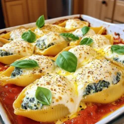 To make the spinach ricotta stuffed shells, gather these key items: - 20 jumbo pasta shells - 2 cups fresh spinach, washed and chopped - 1 cup ricotta cheese - 1 cup shredded mozzarella cheese, divided - 1/2 cup grated Parmesan cheese - 1 egg - 1 teaspoon garlic powder - 1 teaspoon dried Italian herbs (oregano, basil, thyme) - Salt and pepper to taste - 2 cups marinara sauce These ingredients blend to create a rich and creamy filling. Each element adds to the overall flavor and texture. For a delightful finish, you can add: - Fresh basil leaves These garnishes enhance the dish’s look and taste. They bring a fresh aroma and a pop of color. Each serving of spinach ricotta stuffed shells provides a balanced mix of nutrients. Here’s a quick look: - Calories: Approximately 350 - Protein: 20 grams - Carbohydrates: 40 grams - Fat: 15 grams This meal offers a good source of protein and fiber. It’s filling and satisfying, making it a great choice for lunch or dinner. Enjoy the burst of flavors while keeping your meal nutritious. First, you need to prepare the jumbo pasta shells. Bring a large pot of water to a boil. Add a pinch of salt to the water. The salt helps add flavor to the pasta. Cook the jumbo shells according to package instructions. You want them al dente, which means they should still have a slight bite. Once cooked, drain the shells in a colander. Rinse them gently with cold water to stop the cooking process. This also makes them easier to handle later. Set the shells aside while you make the filling. Now, let’s make the filling. In a large mixing bowl, combine the ricotta cheese and chopped spinach. Add half a cup of shredded mozzarella cheese, the grated Parmesan cheese, and one egg. The egg helps bind everything together. Next, sprinkle in the garlic powder, dried Italian herbs, salt, and pepper. Mix all the ingredients until they are well blended. You want a creamy and tasty filling. Taste it to make sure it's good. Adjust the salt and pepper if needed. It's time to assemble the dish. Preheat your oven to 375°F (190°C) if you haven't done so already. Spread a thin layer of marinara sauce on the bottom of a baking dish. Take a cooked shell and use a spoon to fill it with the spinach and ricotta mixture. Make sure to fill each shell generously. Place the stuffed shells in the baking dish with the open side facing up. After all the shells are in, pour the remaining marinara sauce over them. Top the sauce with the rest of the mozzarella cheese. Cover the dish with aluminum foil and bake it for 25-30 minutes. After that, remove the foil and bake for another 10-15 minutes until the cheese is bubbly and golden. Let the dish cool for a few minutes before serving. If you like, garnish with fresh basil leaves for a nice touch. To fill the shells well, use a spoon. Take the spinach and ricotta mix and scoop it into each shell. Aim to fill them generously. You want them to be full but not bursting. If you overfill, they may spill over while baking. Using the right tools makes cooking easier. Here’s what I recommend: - Large pot for boiling shells - Mixing bowl for the filling - Spoon for stuffing - Baking dish for your shells - Aluminum foil for covering the dish These tools help you stay organized and make the process smooth. Avoid cooking the shells too long. They should be al dente, or slightly firm. If they are too soft, they may break while stuffing. Also, don’t skip the marinara sauce on the bottom of the dish. This prevents the shells from sticking. Lastly, remember to let the dish cool a bit before serving. This helps the cheese set and makes it easier to serve. {{image_2}} You can change the flavor by using different cheeses. Try adding goat cheese for a tangy twist. Cream cheese will make the filling extra creamy. You can also mix in some sharp cheddar for a bold taste. This makes your dish more fun and unique each time you make it. Feel free to boost your shells with more veggies or protein. Chopped mushrooms or bell peppers add nice texture and flavor. You can even mix in some cooked chicken or ground beef for a heartier meal. This way, you can make it suit your taste every time. If you need a gluten-free meal, don't worry! Use gluten-free pasta shells instead of regular ones. Many brands offer great taste and texture. You can also check for gluten-free marinara sauce. This way, you can enjoy a tasty meal without the gluten! To keep your spinach ricotta stuffed shells fresh, let them cool first. Once cooled, place them in an airtight container. Store the container in the fridge. Your stuffed shells will stay good for about three days. If you want to keep them longer, freezing is a great option. To freeze your stuffed shells, follow these easy steps. First, make sure they are cool. Then, place them in a freezer-safe container. You can also use freezer bags. Just remove as much air as possible. Label the bags with the date. Spinach ricotta stuffed shells can last for up to three months in the freezer. When you are ready to eat your stuffed shells, reheating is simple. If they are frozen, let them thaw in the fridge overnight. To reheat, place them in a preheated oven at 350°F (175°C). Bake for about 20 minutes. If you want them extra cheesy, add a sprinkle of mozzarella on top before reheating. You can also use the microwave for a quicker option. Just heat them in short bursts, checking often to avoid overcooking. Yes, you can use other pasta shapes. Shells are fun and hold the filling well. You can try manicotti or even large conchiglie. Just ensure they can hold the filling. Cook them the same way as the jumbo shells. The filling method remains the same, too. You can use cottage cheese instead of ricotta. It gives a similar texture and taste. Blending the cottage cheese makes it smooth. You might also try cream cheese for a richer flavor. For a vegan option, use cashew cream or tofu blended until smooth. Stuffed shells can last about three to four days in the fridge. Store them in an airtight container. Make sure to cover them with sauce to keep them moist. If you want to enjoy them later, consider freezing them for longer storage. We've covered how to make delicious stuffed pasta shells. You learned about the main ingredients and their nutrition. I shared step-by-step instructions for prepping, stuffing, and baking. You found tips for perfecting your shells and avoiding common mistakes. Variations like adding different cheeses or protein can add excitement. Lastly, I explained how to store leftovers and answered key questions. Enjoy the process of making stuffed shells. You can always adapt the recipe to make it your own!