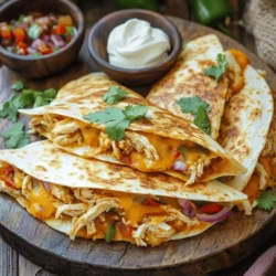- 2 chicken breasts, cooked and shredded - 1 cup shredded cheese (cheddar or Monterey Jack) - 1/4 cup chipotle peppers in adobo sauce, chopped - 1 small red onion, thinly sliced - 1 bell pepper (any color), sliced - 2 cloves garlic, minced - 4 large flour tortillas - 2 tablespoons olive oil - Salt and pepper to taste - Fresh cilantro, chopped (for garnish) - Serving Suggestions (sour cream and salsa) The ingredients for these quesadillas are simple yet full of flavor. You start with chicken. Cook two chicken breasts and shred them. This adds protein and heartiness. Next, grab some cheese. I love using cheddar or Monterey Jack for that gooey melt. Chipotle peppers are key here. They bring that spicy kick. Chop a quarter cup of these peppers in adobo sauce. The smoky flavor will wow your taste buds. Don't forget the vegetables. Slice a small red onion and a bell pepper. They add crunch and color. Garlic gives depth to the dish. Use two cloves, minced. For the tortillas, get four large flour ones. They wrap everything together nicely. Finally, you need olive oil for cooking and salt and pepper to taste. For garnish, fresh cilantro makes a lovely touch. Serve your quesadillas with sour cream and salsa on the side. This will make your meal even better! To start, heat 1 tablespoon of olive oil in a skillet over medium heat. Once the oil is hot, add the sliced red onion and bell pepper. Sauté these for about 5 to 7 minutes, until they soften. The smell will be amazing! Next, stir in the minced garlic. Cook for 1 to 2 more minutes until it is fragrant. After that, remove the mixture from the skillet and set it aside. In the same skillet, add the shredded chicken. Then, toss in the chopped chipotle peppers. Season this with salt and pepper. Cook on medium heat for 3 to 4 minutes. You want it heated through and coated with that spicy chipotle sauce. Remove it from heat when done. Now it’s time to build your quesadillas! Place one tortilla in the skillet over medium heat. On one half, sprinkle a layer of shredded cheese. On top of that, add some of the chicken mixture and the sautéed veggies. Then, sprinkle another layer of cheese on top of the fillings. Next, fold the tortilla in half. Cook for about 3 to 4 minutes or until the bottom is golden brown. The cheese should start melting. Carefully flip the quesadilla and cook the other side for another 3 to 4 minutes until it is golden brown too. Repeat this process with the rest of the tortillas and filling. When they are all cooked, remove them from the skillet. Let them cool for a minute, then cut them into wedges. Garnish with fresh cilantro for a pop of color! To get crispy quesadilla shells, heat your skillet first. Use medium heat and add a little olive oil. Place the quesadilla in the skillet. Cook until golden brown, then flip. Repeat for the other side. You want both sides crispy. For great cheese melting, use shredded cheese. Cheddar or Monterey Jack works well. Sprinkle cheese on the tortilla, then add the filling. Top with more cheese before folding. This helps the cheese melt perfectly and hold everything together. To boost flavor, try adding spices like cumin or smoked paprika. Fresh herbs like cilantro can also make a big difference. These extra touches add depth to your quesadilla. If you want more heat, add more chipotle peppers. Start with a little and taste as you go. You can always add more if you like it spicy! Serve your quesadillas on a nice platter. Cut them into wedges for easy sharing. Arrange them in a circle or stack them for a fun look. For garnishing, sprinkle fresh cilantro on top. You can also add a dollop of sour cream and a bowl of salsa on the side. This makes your dish pop and look even more appealing! {{image_2}} You can switch chicken for other proteins. Beef or shrimp works well in quesadillas. Just cook them until tender and add them to your mix. For a vegetarian option, try black beans or sautéed vegetables. Bell peppers, zucchini, or spinach add great flavor. These choices keep the dish tasty and satisfying. Cheese plays a key role in quesadillas. Cheddar offers a sharp taste, while Monterey Jack is creamy and mild. You can mix cheeses for a richer flavor. Try pepper jack for a spicy kick. Each cheese melts differently, so experiment to find your favorite blend. A well-melted cheese makes every bite delightful. You can add more to your quesadillas. Chopped tomatoes, corn, or mushrooms work well. Fresh herbs like cilantro add a burst of freshness. To dip, serve with guacamole or a zesty salsa. These extras make your meal more fun and delicious. Don't be afraid to get creative with your fillings! To keep your spicy chipotle chicken quesadillas fresh, store them in the fridge. First, let them cool down. Then, wrap each quesadilla tightly in plastic wrap or foil. You can also use an airtight container for storage. This helps keep moisture out and flavor in. For best results, eat leftovers within three days. After that, the taste and texture may fade. If you want to keep them longer, consider freezing them. Just remember to wrap them well. You can reheat quesadillas in many ways. The best method is using a skillet. Heat the skillet on medium. Place the quesadilla in it and cook for about 2-3 minutes on each side. This keeps them crispy and delicious. You can also use the oven. Preheat it to 350°F (175°C). Place the quesadillas on a baking sheet. Heat for about 10-15 minutes until warm. This method works well for multiple quesadillas at once. If you use a microwave, be careful. Place the quesadilla on a microwave-safe plate. Heat for 30 seconds, then check. Repeat until warm, but this method may make them soft. For crispy results, always use a skillet or oven. Enjoy your tasty leftovers! You can prepare the chicken mixture in advance. Cook and shred the chicken, then mix it with the chipotle peppers, salt, and pepper. Store this mixture in an airtight container in the fridge. When you're ready to eat, just assemble and cook the quesadillas. This saves time and makes a quick meal. Yes, you can freeze quesadillas. Wrap each one tightly in plastic wrap. Place the wrapped quesadillas in a freezer bag. They can stay frozen for up to three months. To reheat, cook from frozen on a skillet until heated through, flipping carefully. Quesadillas pair well with: - Fresh guacamole - Salsa or pico de gallo - A simple green salad - Refried beans These sides add flavor and balance to your meal. To add more heat, increase the amount of chipotle peppers. You can also add: - Jalapeños - Hot sauce - Red pepper flakes These options let you control the spice level to your taste. Yes, corn tortillas work well for quesadillas. They add a nice flavor and texture. Just keep in mind that they may be a bit more fragile. Use two corn tortillas for each quesadilla to prevent breakage. You’ve learned how to make tasty chipotle chicken quesadillas step by step. We began with key ingredients and moved on to cooking and assembling them. I shared tips to enhance flavor and the best ways to serve your quesadillas. You can even customize them with different proteins or cheeses. As you enjoy your creation, remember to experiment with flavors and ingredients. Happy cooking!