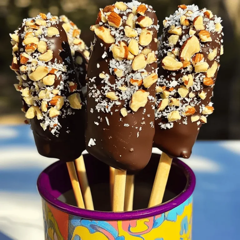 - 2 ripe bananas - 1 cup dark chocolate chips - 1 tablespoon coconut oil - 1/2 cup crushed nuts (e.g., almonds or walnuts) - 1/4 cup shredded coconut (optional) - 4 lollipop sticks or wooden skewers - Sea salt for garnish - Sprinkles or chocolate drizzle - Flavored extracts (e.g., vanilla or almond) When I make chocolate-covered banana pops, I love using ripe bananas. They are sweet and creamy, perfect for this treat. You will also need dark chocolate chips. They melt well and add a rich flavor. Mixing in coconut oil helps the chocolate coat better, giving it a nice shine. I often add crushed nuts for a crunch. Almonds or walnuts work great. If you want a tropical twist, include shredded coconut. It adds flavor and a fun texture. Don't forget the lollipop sticks or wooden skewers to hold your pops! For extra flair, I suggest using sea salt to enhance the sweetness. You can also add colorful sprinkles or drizzle more chocolate on top. Flavored extracts, like vanilla or almond, can create a unique taste. With these ingredients, you can create a delightful frozen treat everyone will love! - Peel and cut the bananas into halves. - Insert a lollipop stick into the cut end of each banana half. To melt chocolate chips, start with a microwave-safe bowl. Add 1 cup of dark chocolate chips and 1 tablespoon of coconut oil. Microwave in 30-second bursts. Stir the chocolate between each burst. Stop when the chocolate is smooth and shiny. This mix of chocolate and oil keeps it creamy and easy to dip. Now, dip each banana half into the melted chocolate. Make sure to coat it evenly. Let any extra chocolate drip off. While the chocolate is still wet, you can roll or sprinkle the banana pops with crushed nuts or shredded coconut for extra crunch and flavor. Place the coated banana pops on a baking sheet lined with parchment paper. This helps stop them from sticking. Once all the banana pops are on the sheet, put it in the freezer. Let them freeze for at least 1 hour. This makes the chocolate nice and firm. Enjoy these treats right from the freezer! Choosing great ingredients makes a big difference. Here are my tips: - Using high-quality chocolate for better flavor: I recommend dark chocolate chips. They melt well and give a rich taste. Look for brands with at least 70% cocoa for the best flavor. This will make your pops taste gourmet! - Best types of bananas to use: Use ripe bananas. They should have some brown spots. This means they are sweet and soft. If they are too green, they won’t taste as good. Overripe bananas can be used but may be too mushy. Prep is key to making these treats shine. Follow these steps: - How to achieve a perfect chocolate coating: Make sure your chocolate is melted smoothly. Stir well after each 30-second microwave interval. A smooth coating looks and tastes better. Dip the bananas quickly and evenly. - Keeping the pops from sticking: Line your baking sheet with parchment paper. This keeps the pops from sticking and makes cleanup easy. Place them on the sheet right after coating. Serving your banana pops creatively adds fun. Here are some ideas: - Creative ways to display banana pops: Stick them in a cup filled with rice or sugar. This holds them upright. You can also use a cake stand for a fancy look. - Pairing with dips or sauces: Chocolate-covered banana pops taste great with dips. Try peanut butter or caramel sauce. You can also serve them with yogurt for a fresh twist. {{image_2}} You can play with flavors in your chocolate-covered banana pops. Try using different chocolates. Milk chocolate is sweet and creamy. Dark chocolate adds a rich taste. White chocolate gives a sweet twist. You can even use ruby chocolate for a fruity flavor. Adding spices can bring more depth. A pinch of cinnamon gives warmth. For a kick, try a touch of cayenne. These simple changes make your treats unique. If you want nut-free options, seeds are a great choice. Sunflower seeds add a nice crunch. Pumpkin seeds also bring a tasty twist. You could even use crushed cereal for a fun topping. This adds a crispy layer while keeping it nut-free. Your banana pops will still be delicious and safe for all. For those who are vegan, you can use dairy-free chocolate. Many brands offer great dairy-free options. This way, everyone can enjoy this treat. If you are watching your sugar intake, try sugar-free chocolate. These options keep your pops tasty without the extra sugar. Enjoy these chocolate-covered banana pops in a way that fits your diet! To store your banana pops, place them in an airtight container. This keeps them fresh. If you do not have a container, wrap them in plastic wrap. Make sure to seal it tight. You want to keep air out. This prevents freezer burn. Freezer burn makes food dry and less tasty. You can store banana pops in the freezer for about two months. After that, they may lose flavor. Look for signs of spoilage. If you see ice crystals, that means they are not fresh. The chocolate may also look dull or dry. When you want to eat a banana pop, take it out of the freezer. Let it sit for about five minutes. This helps the chocolate soften a bit. You can also run it under warm water for a few seconds. Just be careful not to let it melt too much. Enjoy your treat when it is soft enough to bite! Yes, you can use other fruits! Here are some great options: - Strawberries: They dip well and taste sweet. - Pineapple: Cut into chunks for a tropical twist. - Apples: Slice them and dip for a crunchy treat. - Mango: Its sweetness pairs nicely with chocolate. These fruits add fun and flavor to your frozen treats! You can pair your pops with tasty sides. Here are some ideas: - Fresh fruit salad: It adds a refreshing touch. - Yogurt: Serve it as a dip for extra creaminess. - Nut butter: A great option for extra protein. - Whipped cream: It makes for a fun, sweet contrast. These sides enhance the experience and make it even more delightful! Chocolate-covered banana pops have some health benefits. Bananas provide fiber and potassium. Dark chocolate has antioxidants and may improve heart health. However, watch the portion sizes. They are a treat, so enjoy them in moderation. This way, you can savor the sweetness while keeping it balanced! These chocolate-covered banana pops are simple and fun to make. You need a few ripe bananas, dark chocolate, coconut oil, and your choice of toppings. After preparing and coating the bananas, freeze them for a delicious treat. Use high-quality ingredients and explore flavor variations for extra fun. In the end, these pops offer a tasty snack that's easy to customize. Enjoy your homemade treats any time!