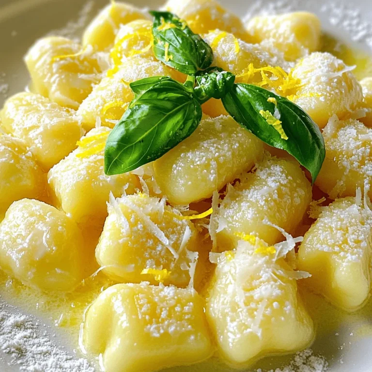 To make creamy lemon ricotta gnocchi, you need a few key ingredients: - 1 cup ricotta cheese - 1 cup all-purpose flour (plus extra for dusting) - 1/2 cup grated Parmesan cheese - Zest of 1 lemon - 1 tablespoon lemon juice - 1/2 teaspoon salt - 1/4 teaspoon black pepper - 1/4 teaspoon nutmeg - 2 tablespoons unsalted butter These ingredients create a soft and fluffy gnocchi that bursts with lemon flavor. The ricotta cheese gives it a creamy texture, while the lemon zest adds brightness. You can enhance your gnocchi with some simple garnishes: - Fresh basil, for garnish - Additional grated Parmesan cheese Using fresh basil adds a nice touch and a burst of flavor. You can also sprinkle more cheese on top for extra richness. To prepare this dish, you will need a few essential tools: - Large mixing bowl - Sharp knife - Clean surface for rolling - Skillet for cooking - Pot for boiling These tools help you mix, cut, and cook your gnocchi with ease. Each tool plays a part in making your cooking process smooth and enjoyable. Start by grabbing a large mixing bowl. Add 1 cup of ricotta cheese. Then, add the zest of one lemon and 1 tablespoon of lemon juice. Next, sprinkle in 1/2 teaspoon of salt, 1/4 teaspoon of black pepper, and 1/4 teaspoon of nutmeg. Mix everything together until it is smooth and well combined. This mixture is the heart of the dish, adding creaminess and flavor. Now, it’s time to make the dough. Gradually add 1 cup of all-purpose flour and 1/2 cup of grated Parmesan cheese. Mix gently until a soft dough forms. Be careful not to overwork it; the dough should be slightly sticky but easy to handle. Lightly flour a clean surface and transfer the dough there. Divide it into four equal pieces. Roll each piece into a long rope about 1/2 inch in diameter. Use a sharp knife to cut the ropes into 1-inch pieces. If you like, roll each piece over the tines of a fork. This helps the sauce stick better. Bring a pot of salted water to a boil. Carefully drop the gnocchi into the boiling water in batches. Watch closely! Once they float to the surface, let them cook for another 1-2 minutes. Then, remove them with a slotted spoon. In a skillet, melt 2 tablespoons of unsalted butter over low heat. Add the cooked gnocchi and gently toss them in the butter for about 2-3 minutes. This gives them a nice, slightly browned flavor. Serve hot, garnished with fresh basil and extra Parmesan cheese if you want! To get soft and fluffy gnocchi, use fresh ricotta. It should be smooth and creamy. Avoid over-mixing the dough. If you mix too much, your gnocchi can turn out tough. Aim for a slightly sticky dough. If it feels too wet, add a bit more flour. When rolling out the dough, keep the surface lightly floured. This prevents sticking and keeps the shape intact. One common mistake is using too much flour. If you add too much, your gnocchi will be dense. Also, don’t skip the resting time. Let the dough sit for a few minutes before shaping. Another mistake is cooking all the gnocchi at once. Cook them in batches to avoid crowding in the pot. This helps them cook evenly and float properly. For the best flavor, serve your gnocchi with fresh basil. It adds a nice touch of color and taste. You can also sprinkle extra Parmesan cheese on top. If you like a bit of heat, add crushed red pepper flakes. For a twist, try serving with a light lemon butter sauce. This will enhance the lemon flavor and make each bite delightful. {{image_2}} You can add fresh vegetables to your gnocchi for more flavor and color. Spinach, zucchini, or peas work well. Start by cooking these veggies lightly in a pan. Chop them finely and mix them into the ricotta blend before adding the flour. This adds nutrition and makes the dish even more tasty. If you want to change the cheese, you have options. Try using goat cheese instead of ricotta for a tangy twist. You can also mix in feta cheese for a salty kick. Just keep the same amount of cheese to maintain the texture. Each cheese brings a unique flavor to the gnocchi. To make a vegan version, swap out the cheese. Use silken tofu blended with lemon juice and nutritional yeast for a creamy base. Replace the butter with olive oil or vegan butter. You can still enjoy the same delicious taste while keeping it plant-based. This way, everyone can enjoy this delightful dish. To keep leftover gnocchi fresh, place it in an airtight container. You can store it in the fridge for up to three days. Be sure to let it cool before sealing. If you have sauce on it, eat it within one day for best flavor. Freezing gnocchi is easy and smart. First, lay the uncooked gnocchi in a single layer on a baking sheet. Make sure they do not touch each other. Freeze them for one to two hours until solid. Then, transfer them to a freezer bag. They can last up to three months in the freezer. To reheat gnocchi, use a skillet for best results. Add a little butter or oil to the pan. Heat it on low and add the gnocchi. Cook for about five minutes, stirring gently. This method keeps the flavor and texture nice. You can also boil it briefly if you prefer. Just be careful not to overcook it. The best type of flour for gnocchi is all-purpose flour. It gives the gnocchi a nice texture. You want a flour that can hold the ricotta well. Some people use "00" flour for a softer result. This flour is finer and great for pasta. However, all-purpose flour works just fine for this recipe. Yes, you can use store-bought ricotta for this recipe. Just make sure it’s fresh and creamy. I prefer whole milk ricotta for more flavor. You can also drain it slightly if it seems watery. This helps the dough stay firm and not too sticky. Cooking homemade gnocchi takes about 3 to 5 minutes. Once you drop them in boiling water, watch for them to float. When they float, they are nearly done. Let them cook for another 1-2 minutes for the best texture. They should be soft but not mushy. You learned how to make creamy lemon ricotta gnocchi with simple steps. We covered key ingredients, cooking tools, and tips for the best texture. Remember, you can add veggies or switch cheeses for fun twists. Proper storage helps you enjoy this dish later. Gnocchi is a versatile recipe that anyone can master. I hope you feel excited to try it. Cooking can be joyful, and this dish is a great start. Enjoy your tasty creation!