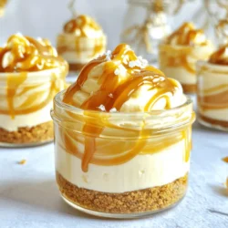 To make No-Bake Salted Caramel Cheesecake Cups, you'll need: - 1 cup graham cracker crumbs - 4 tablespoons unsalted butter, melted - 16 oz cream cheese, softened - 1 cup powdered sugar - 1 teaspoon vanilla extract - 1 cup heavy whipping cream - 1/2 cup caramel sauce (plus more for drizzling) - 1 teaspoon sea salt (plus more for garnish) These ingredients provide a rich and creamy flavor. The graham cracker crumbs form a tasty crust. The cream cheese and whipped cream give the cheesecake its light and fluffy texture. You can swap some ingredients if needed. Use vegan butter instead of unsalted butter for a dairy-free option. For a lighter version, try using low-fat cream cheese. If you want a sweeter taste, consider using a flavored cream cheese. You can also use store-bought whipped topping instead of whipping cream. Always check the dates on cream cheese and heavy cream. Fresh ingredients make a big difference in flavor. For the best taste, use high-quality caramel sauce. When selecting sea salt, look for flaky varieties for a nice texture on top. For graham crackers, choose ones with minimal added sugar for a balanced flavor. Start by mixing the graham cracker crumbs and melted butter in a bowl. Use a fork to blend well until it looks like wet sand. This is your crust. Next, take your serving cups or small jars. Layer the graham cracker mix evenly at the bottom. Press down firmly to form a solid base. In a new bowl, beat the softened cream cheese with an electric mixer. You want it smooth and creamy. Add the powdered sugar slowly, mixing until it’s well blended. Then, pour in the vanilla extract. In another bowl, whip the heavy cream until you see stiff peaks. Gently fold the whipped cream into the cream cheese mix until combined. This step is key for a light texture. Now it’s time to put everything together. Spoon the cream cheese mixture over the graham cracker crust in each cup. Fill it nearly to the top. Next, drizzle in the caramel sauce. You want to create a marbled effect, so mix it lightly. Once assembled, refrigerate the cheesecake cups for at least four hours. This helps them set. Before serving, drizzle more caramel sauce on top. Sprinkle some sea salt for a nice contrast. Enjoy your delicious creation! To get the best whipped cream, use cold heavy cream. Cold cream whips faster and holds its shape better. Beat it with an electric mixer until you see stiff peaks. This means the cream stands tall when you lift the beaters. Be gentle when you fold it into the cream cheese mix. This keeps the light and fluffy texture. When adding caramel to your cheesecake mix, drizzle it in slowly. Use a spatula to fold it in gently. You want swirls of caramel, not a full blend. This gives your cheesecake cups a beautiful look. If you want more caramel flavor, add extra sauce on top before serving. Serve your cheesecake cups on a nice tray. Place a small spoon next to each cup for easy eating. To make them look fancy, sprinkle some chocolate shavings or crushed graham crackers on top. This adds a fun texture and makes them pop. Don’t forget to drizzle more caramel over the top for a sweet touch! {{image_2}} You can change the flavor of your cheesecake cups. Try adding chocolate, fruit, or nuts. For a chocolate twist, mix in cocoa powder. You can also add melted chocolate to the cream cheese mix. If you love fruit, try fresh berries or banana slices. Just fold them in gently. This makes a fun and tasty treat. Toppings can really change your dessert. Instead of caramel, use chocolate sauce or fruit puree. You can also top with whipped cream and crushed cookies. Nuts add a nice crunch too. Use pecans or almonds for a savory touch. Get creative and mix flavors you love! You can make this dessert gluten-free. Choose gluten-free graham crackers for the crust. For a vegan version, swap cream cheese with cashew cream. Use coconut cream for the whipped topping. Maple syrup can replace powdered sugar for sweetness. These swaps keep the flavor while meeting your diet needs. To keep your no-bake salted caramel cheesecake cups fresh, place them in an airtight container. This way, they stay moist and tasty. If you used small jars, simply cover each jar with a lid or plastic wrap. Make sure to store them in the fridge. They will stay good for several days this way. You can freeze these cheesecake cups for later enjoyment. First, let them chill in the fridge for at least four hours. Then, cover each cup with plastic wrap or foil. Place them in a freezer-safe container. When ready to eat, thaw them in the fridge overnight. This keeps the creaminess intact. These cheesecake cups can last up to five days in the fridge. After that, they may lose their creamy texture. If you freeze them, they can last for about two months. Always check for any off smells or changes in texture before eating. Keeping them well-covered helps maintain their freshness. Yes, you can make these cups a day in advance. They taste even better after chilling. Just keep them covered in the fridge until you serve them. If your mixture is too runny, try adding more cream cheese. You can also beat the heavy cream longer to make it stiffer. This helps the cheesecake set better. These cheesecake cups stay fresh for about 3 to 4 days in the fridge. Just make sure they are covered well to keep them from drying out. Yes, you can use low-fat cream cheese. However, it may change the texture slightly. The cheesecake might be a bit less creamy, but it will still taste great. To adjust sweetness, add more or less powdered sugar to your taste. You can also use less caramel sauce if you want it less sweet. Taste as you mix to find the perfect balance. This blog post covered key ingredients for cheesecake cups, including essential items and substitutions. I shared step-by-step instructions for the crust, filling, and assembly. You learned helpful tips for whipped cream and caramel. Variations offered fun ways to switch flavors and toppings. Proper storage methods ensure your treats stay fresh. Remember, exploring your creativity can lead to delicious results. Enjoy making these cheesecake cups!