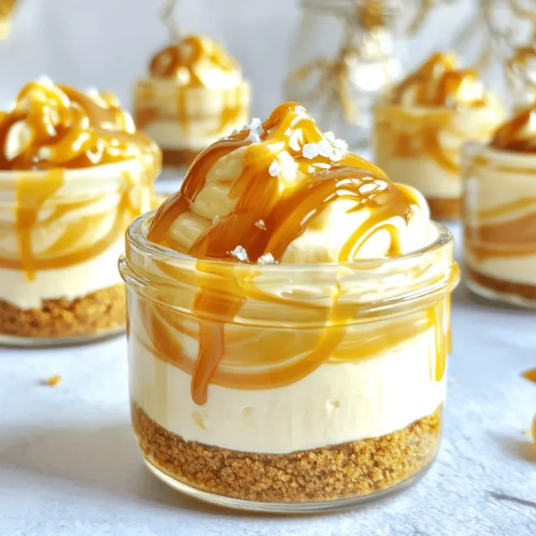 To make No-Bake Salted Caramel Cheesecake Cups, you'll need: - 1 cup graham cracker crumbs - 4 tablespoons unsalted butter, melted - 16 oz cream cheese, softened - 1 cup powdered sugar - 1 teaspoon vanilla extract - 1 cup heavy whipping cream - 1/2 cup caramel sauce (plus more for drizzling) - 1 teaspoon sea salt (plus more for garnish) These ingredients provide a rich and creamy flavor. The graham cracker crumbs form a tasty crust. The cream cheese and whipped cream give the cheesecake its light and fluffy texture. You can swap some ingredients if needed. Use vegan butter instead of unsalted butter for a dairy-free option. For a lighter version, try using low-fat cream cheese. If you want a sweeter taste, consider using a flavored cream cheese. You can also use store-bought whipped topping instead of whipping cream. Always check the dates on cream cheese and heavy cream. Fresh ingredients make a big difference in flavor. For the best taste, use high-quality caramel sauce. When selecting sea salt, look for flaky varieties for a nice texture on top. For graham crackers, choose ones with minimal added sugar for a balanced flavor. Start by mixing the graham cracker crumbs and melted butter in a bowl. Use a fork to blend well until it looks like wet sand. This is your crust. Next, take your serving cups or small jars. Layer the graham cracker mix evenly at the bottom. Press down firmly to form a solid base. In a new bowl, beat the softened cream cheese with an electric mixer. You want it smooth and creamy. Add the powdered sugar slowly, mixing until it’s well blended. Then, pour in the vanilla extract. In another bowl, whip the heavy cream until you see stiff peaks. Gently fold the whipped cream into the cream cheese mix until combined. This step is key for a light texture. Now it’s time to put everything together. Spoon the cream cheese mixture over the graham cracker crust in each cup. Fill it nearly to the top. Next, drizzle in the caramel sauce. You want to create a marbled effect, so mix it lightly. Once assembled, refrigerate the cheesecake cups for at least four hours. This helps them set. Before serving, drizzle more caramel sauce on top. Sprinkle some sea salt for a nice contrast. Enjoy your delicious creation! To get the best whipped cream, use cold heavy cream. Cold cream whips faster and holds its shape better. Beat it with an electric mixer until you see stiff peaks. This means the cream stands tall when you lift the beaters. Be gentle when you fold it into the cream cheese mix. This keeps the light and fluffy texture. When adding caramel to your cheesecake mix, drizzle it in slowly. Use a spatula to fold it in gently. You want swirls of caramel, not a full blend. This gives your cheesecake cups a beautiful look. If you want more caramel flavor, add extra sauce on top before serving. Serve your cheesecake cups on a nice tray. Place a small spoon next to each cup for easy eating. To make them look fancy, sprinkle some chocolate shavings or crushed graham crackers on top. This adds a fun texture and makes them pop. Don’t forget to drizzle more caramel over the top for a sweet touch! {{image_2}} You can change the flavor of your cheesecake cups. Try adding chocolate, fruit, or nuts. For a chocolate twist, mix in cocoa powder. You can also add melted chocolate to the cream cheese mix. If you love fruit, try fresh berries or banana slices. Just fold them in gently. This makes a fun and tasty treat. Toppings can really change your dessert. Instead of caramel, use chocolate sauce or fruit puree. You can also top with whipped cream and crushed cookies. Nuts add a nice crunch too. Use pecans or almonds for a savory touch. Get creative and mix flavors you love! You can make this dessert gluten-free. Choose gluten-free graham crackers for the crust. For a vegan version, swap cream cheese with cashew cream. Use coconut cream for the whipped topping. Maple syrup can replace powdered sugar for sweetness. These swaps keep the flavor while meeting your diet needs. To keep your no-bake salted caramel cheesecake cups fresh, place them in an airtight container. This way, they stay moist and tasty. If you used small jars, simply cover each jar with a lid or plastic wrap. Make sure to store them in the fridge. They will stay good for several days this way. You can freeze these cheesecake cups for later enjoyment. First, let them chill in the fridge for at least four hours. Then, cover each cup with plastic wrap or foil. Place them in a freezer-safe container. When ready to eat, thaw them in the fridge overnight. This keeps the creaminess intact. These cheesecake cups can last up to five days in the fridge. After that, they may lose their creamy texture. If you freeze them, they can last for about two months. Always check for any off smells or changes in texture before eating. Keeping them well-covered helps maintain their freshness. Yes, you can make these cups a day in advance. They taste even better after chilling. Just keep them covered in the fridge until you serve them. If your mixture is too runny, try adding more cream cheese. You can also beat the heavy cream longer to make it stiffer. This helps the cheesecake set better. These cheesecake cups stay fresh for about 3 to 4 days in the fridge. Just make sure they are covered well to keep them from drying out. Yes, you can use low-fat cream cheese. However, it may change the texture slightly. The cheesecake might be a bit less creamy, but it will still taste great. To adjust sweetness, add more or less powdered sugar to your taste. You can also use less caramel sauce if you want it less sweet. Taste as you mix to find the perfect balance. This blog post covered key ingredients for cheesecake cups, including essential items and substitutions. I shared step-by-step instructions for the crust, filling, and assembly. You learned helpful tips for whipped cream and caramel. Variations offered fun ways to switch flavors and toppings. Proper storage methods ensure your treats stay fresh. Remember, exploring your creativity can lead to delicious results. Enjoy making these cheesecake cups!