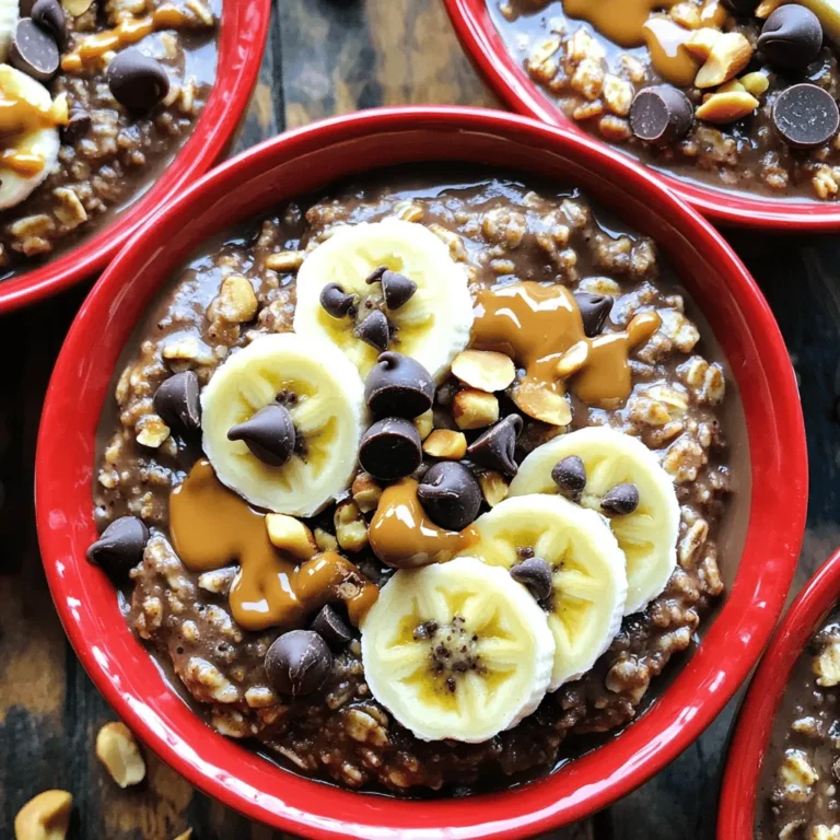 - 1 cup rolled oats - 4 cups almond milk (or milk of choice) - 1/2 cup creamy peanut butter The rolled oats form the base of this recipe. They soak up the milk and flavors well. Almond milk keeps it creamy and light, but you can use any milk you prefer. The creamy peanut butter adds a rich taste that makes this dish special. - 1/4 cup unsweetened cocoa powder - 1/3 cup maple syrup or honey (to taste) - 1 teaspoon vanilla extract Cocoa powder gives the oatmeal a deep chocolate taste. Maple syrup or honey adds sweetness, letting you adjust it to your liking. Vanilla extract rounds out the flavors, making it even more delicious. - 1/4 teaspoon salt - Optional toppings: sliced bananas, chocolate chips, chopped nuts, or shredded coconut A hint of salt enhances the sweet and chocolatey flavors. Toppings like sliced bananas or chocolate chips can add fun textures. Chopped nuts or shredded coconut give extra crunch and flavor. You can mix and match to find your favorite combination! First, gather your ingredients. You need one cup of rolled oats and four cups of almond milk. Place the oats in your slow cooker. Pour the almond milk over the oats. Stir gently to mix them well. Next, add the creamy peanut butter and cocoa powder to the slow cooker. Use a whisk to blend everything together. Make sure the peanut butter is fully mixed in. Add maple syrup or honey and vanilla extract. Don’t forget the salt. This will help bring out all the flavors. Now, it’s time to set up your slow cooker. Cover the cooker with its lid. Set it to the low setting. Cook the oatmeal for six to eight hours. The longer you cook, the creamier it gets. Check the oatmeal's consistency after about six hours. If it looks too thick, stir in a bit more almond milk. This helps you reach the perfect creamy texture. When it’s done cooking, stir the oatmeal well. Scoop it into colorful bowls. For a fun twist, add some sliced bananas or chocolate chips on top. You can also sprinkle chopped nuts or shredded coconut for extra flavor. Drizzle a bit of peanut butter or chocolate sauce on top for a special touch. This makes your oatmeal not only tasty but also nice to look at! Enjoy your delicious creation! To get the right thickness for your oatmeal, you can add extra milk. If it feels too thick, just pour in a little more almond milk while stirring. This helps you reach your preferred texture. Cooking time is key too. If you like your oatmeal creamier, let it cook longer. For a firmer texture, cut down the cooking time by an hour. Using quality ingredients makes a big difference. Choose fresh, creamy peanut butter and good cocoa powder. They will boost the rich taste of your oatmeal. Sweetness is personal. You can adjust the maple syrup or honey based on your taste. Start with less, then taste it. Add more if you want it sweeter. Keep your slow cooker clean for best results. After cooking, let it cool and wash it with warm soap and water. Avoid using harsh scrubbers that can harm the surface. To maintain its function, check the seal and the lid often. A tight seal helps your slow cooker work well. If it wears out, replace it to keep cooking efficiently. {{image_2}} To spice up your slow cooker chocolate peanut butter oatmeal, try adding a dash of cinnamon or nutmeg. These spices can bring warmth and depth to the dish. Simply stir in about 1/2 teaspoon of your chosen spice when you mix the ingredients. You can also switch up the nut butter. Almond butter or sunflower seed butter work great too. If you want a dairy-free option, stick with almond milk or use coconut milk for a creamier texture. Change the flavor with the seasons. In fall, mix in some pumpkin spice or chopped apples. This gives your oatmeal a cozy vibe. Fresh fruits like berries or peaches add brightness in summer. For the holidays, consider adding crushed peppermint or a sprinkle of nutmeg. These flavors can make your oatmeal feel festive and special. This oatmeal is perfect for meal prep. You can make a big batch for quick breakfasts throughout the week. Portion it into containers and store it in the fridge. It stays fresh for up to five days. Freezing is another option if you want to save it longer. Just scoop the oatmeal into freezer-safe containers. When you’re ready to eat, simply thaw it overnight in the fridge. Reheat in the microwave or on the stove with a splash of milk for creaminess. Enjoy a warm and filling breakfast in no time! To keep your Slow Cooker Chocolate Peanut Butter Oatmeal fresh, store it in the refrigerator. Place the oatmeal in an airtight container. This helps keep moisture out and prevents odors from mixing. It can last for about 3-5 days in the fridge. For the best taste, let the oatmeal cool before sealing it. This helps avoid condensation. If you want to keep it warm, just reheat with a splash of milk. If you have extra oatmeal, freezing is a great option. Divide the oatmeal into single-serving portions. Use freezer-safe containers or bags. Label them with the date, and it can last up to 3 months. When you're ready to eat, just take a portion out and reheat. You can microwave it or heat it on the stove. Add a bit of almond milk to help it regain its creamy texture. Using the right containers makes a big difference. I recommend glass or BPA-free plastic containers. They keep food fresh and are easy to clean. Always label your containers with the date. This way, you can track how long they have been stored. It helps you enjoy your oatmeal at its best! Yes, you can use quick oats. Quick oats cook faster. They will make your oatmeal creamier. However, they may lose some texture. If you prefer a heartier bite, stick to rolled oats. Absolutely! You can make this recipe vegan. Use plant-based milk like almond or oat milk. For the creamy peanut butter, ensure it is dairy-free. Instead of honey, use maple syrup. These swaps keep it delicious and vegan. You can store the oatmeal for up to five days in the fridge. Make sure to keep it in an airtight container. If you want to save it longer, you can freeze it. Just thaw before reheating. This blog post covered how to make delicious slow cooker oatmeal using simple ingredients. We explored the main ingredients, flavor enhancers, and seasoning options. I shared step-by-step instructions and helpful tips for consistency and flavor. Variations let you mix things up, and storage info ensures your oatmeal stays fresh. In the end, this recipe is easy and tasty. You'll love customizing it to fit your taste. Enjoy making your own healthy breakfast!