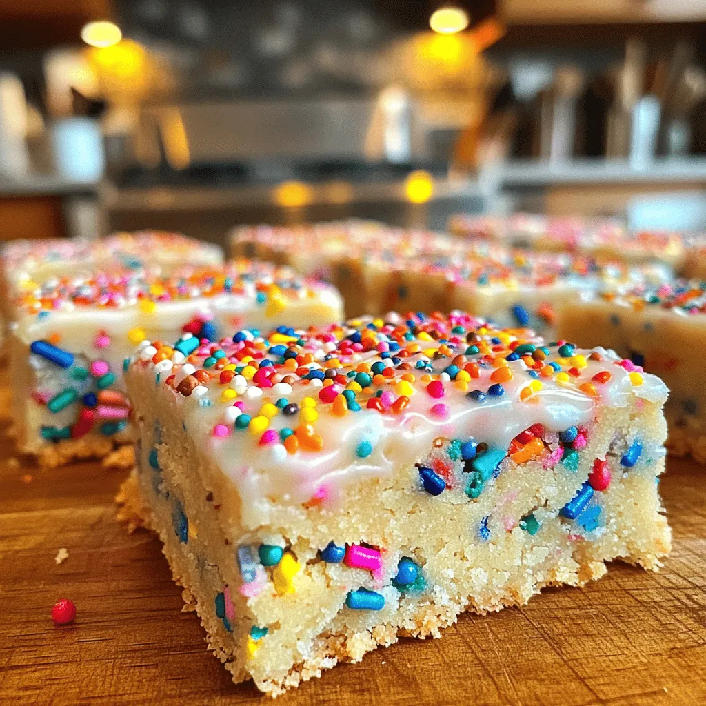 - 2 ½ cups all-purpose flour - 1 ½ teaspoons baking powder - ½ teaspoon baking soda - ½ teaspoon salt - ¾ cup unsalted butter, softened - 1 cup granulated sugar - ½ cup brown sugar, packed - 2 large eggs - 2 teaspoons vanilla extract - 1 cup sprinkles (jimmies or confetti style) - Optional: 1 cup icing for topping The ingredients for these Funfetti Sugar Cookie Bars are simple and fun. You will need flour, baking powder, baking soda, and salt for the dry mix. Butter, granulated sugar, and brown sugar make the bars sweet and soft. Eggs and vanilla help bind the mix together. Sprinkles add color and joy to the bars. If you want, you can top them with icing for a festive touch. You can swap ingredients if needed. Here are some ideas: - Alternative flours: Use almond flour or coconut flour for gluten-free bars. - Vegan butter options: Try coconut oil or a store-bought vegan butter. - Egg substitutes: Use flax eggs or applesauce for a vegan option. These swaps let you tailor the recipe to your needs. Don't hesitate to mix it up and have fun! 1. Preheat your oven to 350°F (175°C). This step helps the bars bake evenly. 2. Prepare a 9x13 inch baking dish. You can grease it or line it with parchment paper. This keeps the bars from sticking. 3. Whisk together the dry ingredients. In a medium bowl, mix: - 2 ½ cups all-purpose flour - 1 ½ teaspoons baking powder - ½ teaspoon baking soda - ½ teaspoon salt Set this bowl aside for later. 4. Cream the butter and sugars. In a large mixing bowl, blend: - ¾ cup unsalted butter, softened - 1 cup granulated sugar - ½ cup brown sugar, packed Mix these for about 2-3 minutes until light and fluffy. 5. Incorporate the eggs and vanilla. Add: - 2 large eggs, one at a time - 2 teaspoons vanilla extract Mix until everything is well combined. 6. Add the dry ingredients to the wet mixture. Gradually stir in the flour mix. Be careful not to overmix. 7. Fold in the sprinkles. Add 1 cup of sprinkles (jimmies or confetti style) and gently mix until they are evenly spread. 8. Spread the dough into the baking dish. Use a spatula to smooth the top. 9. Bake the bars. Place in the oven for 20-25 minutes. Look for golden edges and a set center. A toothpick should come out clean or with a few moist crumbs. 10. Cool the bars. Let them sit in the pan for about 10 minutes. Then transfer them to a wire rack to cool completely. If you want, spread icing on top after they cool. Add more sprinkles for a festive touch! To get the best texture in your Funfetti Sugar Cookie Bars, start with the butter. Creaming the butter and sugars well is key. Use softened butter for easy mixing. Beat the butter with granulated and brown sugars until it's light and fluffy. This usually takes about 2-3 minutes. It helps add air, making your bars soft. Overmixing is a common mistake. Once you add the dry ingredients, mix just until combined. Stirring too much can make the bars tough. You want them to be soft and chewy, not hard like a rock. Remember, less is more when mixing! When it comes to decorating, icing is a great option. You can use store-bought icing or make your own. A simple buttercream works well. Spread it on top after the bars cool. This adds sweetness and makes them look fancy. Sprinkles are where the fun really starts! Use jimmies or confetti-style sprinkles. You can mix different colors or shapes for a festive touch. Just sprinkle them on top of the icing. This gives a joyful look that everyone loves. These cookie bars pair perfectly with ice cream. A scoop of vanilla or funfetti ice cream adds a creamy balance. The coldness of the ice cream is a nice contrast to the warm bars. For drinks, serve with milk or a fruity punch. Milk helps cut the sweetness. A fruity drink adds a fun twist. You can even try a fizzy soda for a special treat. Enjoy these bars in style! {{image_2}} You can easily change the flavor of your Funfetti sugar cookie bars. Add-ins make a big difference. Consider mixing in chocolate chips or nuts for extra crunch. You can also use flavored extracts. Almond or lemon extracts can add a unique twist. Make your cookie bars fit the season! Use holiday-themed sprinkles for Christmas or Halloween. Change the colors to match your party theme. You can also add festive toppings like crushed candy canes or colored sugar. These tiny changes can create a big impact. If you want a healthier option, try gluten-free flour. This keeps the bars just as tasty. You can also reduce the sugar by using less granulated and brown sugar. Using applesauce instead of some butter can add moisture while cutting calories. These alternatives let you enjoy your treat guilt-free! To keep your Funfetti sugar cookie bars fresh, use an airtight container. Glass or plastic containers work well. If you stack the bars, place parchment paper between layers to avoid sticking. You can store them at room temperature for a few days. If you want them to last longer, store them in the fridge. The cool temperature helps keep them soft. To freeze your cookie bars, first cut them into squares. Wrap each piece tightly in plastic wrap or aluminum foil. Place the wrapped bars in a freezer-safe bag or container. This method helps prevent freezer burn. For thawing, take them out and leave them at room temperature for a couple of hours. You can also use the microwave for quick thawing. Just heat them for about 10-15 seconds. These cookie bars can last up to one week at room temperature. In the fridge, they can last about two weeks. If stored in the freezer, they can stay fresh for up to three months. Watch for signs of spoilage, like a dry texture or an off smell. If they appear hard or crumbly, it’s time to toss them. Enjoy your bars while they are fresh! Yes, you can make these cookie bars in advance! For the best flavor and texture, store them in an airtight container. You can keep them at room temperature for up to four days. If you want to prep even earlier, you can freeze the unbaked dough. Just wrap it tightly in plastic wrap. When you are ready to bake, let the dough thaw in the fridge overnight before baking. You can use different sugars, but the taste and texture may change. Granulated sugar gives a nice crisp. Brown sugar adds moisture and a chewier texture. If you swap all the sugar for brown sugar, your bars might turn out denser. Mixing both sugars is a great option for the best of both worlds! If your cookie bars are too dry, there are a few fixes. First, check your measurements. Too much flour can make them dry. If they are already baked, you can add a bit of icing. A drizzle of icing adds moisture and sweetness. You could also serve them with ice cream to add some creaminess. To check if your bars are done, look for golden edges. The center should be set but still soft. Use a toothpick to test doneness. If it comes out clean or with a few moist crumbs, they are ready. Remember, they will continue to cook a bit after you take them out! You now have all the steps to create delicious bars. We covered the key ingredients, mixing methods, and tips for perfect texture. I discussed fun variations and how to store your treats. Remember, baking is about creativity and joy. Enjoy experimenting with flavors and decorations to make these bars your own. With practice, you'll bake with confidence. So preheat your oven and get started!