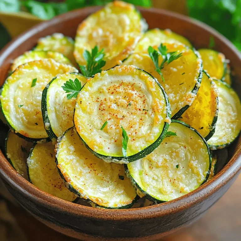 To make Garlic Parmesan Air Fryer Zucchini Chips, gather these items: - 2 medium zucchinis, sliced thinly - 1 tablespoon olive oil - 1 teaspoon garlic powder - 1 teaspoon onion powder - 1/2 teaspoon smoked paprika - 1/2 cup grated Parmesan cheese - Salt and pepper to taste You can swap items for what you have on hand. Use avocado oil instead of olive oil. For cheese, try Pecorino Romano or nutritional yeast for a vegan option. Instead of smoked paprika, regular paprika works well. You can also add red pepper flakes for a spicy kick. When choosing zucchinis, look for firm, smooth skin. They should feel heavy for their size. Avoid any with soft spots or blemishes. Smaller zucchinis tend to be sweeter and more tender. I recommend picking ones that are about 6 to 8 inches long for the best flavor. First, wash your zucchinis well. This step is key to removing any dirt. Next, trim both ends of each zucchini. Slice them thinly, about 1/8 inch thick. Thin slices help them crisp up nicely. You can also slice them lengthwise for longer chips if you prefer. In a large bowl, add your sliced zucchini. Drizzle one tablespoon of olive oil over them. Toss the zucchini so every slice gets an even coat. In a separate small bowl, mix together: - 1 teaspoon garlic powder - 1 teaspoon onion powder - 1/2 teaspoon smoked paprika - A pinch of salt and pepper Sprinkle this seasoning mix over the zucchini. Toss again to make sure every slice is coated well. Now, add in 1/2 cup of grated Parmesan cheese. Gently toss until the cheese sticks to all the slices. Preheat your air fryer to 375°F (190°C). Once it's ready, arrange the zucchini slices in a single layer in the basket. Don’t overcrowd them; you may need to do this in batches. Air fry the zucchini chips for about 10-12 minutes. Keep an eye on them and shake the basket halfway through. This action helps them cook evenly. Once they are golden brown and crispy, transfer them to a cooling rack. This step keeps them crunchy. Allow the chips to cool slightly before serving. You can even add more salt if you like! To make your zucchini chips crispy, slice them very thin. Aim for about 1/8 inch. After slicing, toss them with olive oil. This helps them crisp up nicely in the air fryer. Avoid overcrowding the basket. If you add too many at once, they will steam instead of crisp. Fry in batches if needed. Check them halfway through cooking. Shake the basket to help them cook evenly. One common mistake is not drying the zucchini slices. After washing, pat them dry with a paper towel. This step removes excess moisture. Too much moisture leads to soggy chips. Another mistake is skipping the seasoning mix. The garlic powder, onion powder, and smoked paprika add a lot of flavor. Don’t forget to coat each slice well. You can add more flavor by mixing in different spices. Try adding cayenne for heat or Italian seasoning for a herby taste. For a cheesy twist, use a mix of Parmesan and cheddar. You could also sprinkle some fresh herbs on top after cooking. Try serving with marinara sauce or ranch dressing for dipping. {{image_2}} You can change the taste of your zucchini chips easily. Try adding different spices. For a kick, use cayenne pepper. If you love herbs, mix in dried oregano or basil. A little lemon zest adds freshness. You can also switch up the cheese. Use cheddar or feta for unique flavors. Experiment to find your favorite blend! If you don't have an air fryer, you can bake these zucchini chips. Preheat your oven to 425°F (220°C). Arrange the zucchini on a baking sheet lined with parchment paper. Bake for 15-20 minutes until crispy. Flip them halfway to ensure even cooking. You can also try frying them in oil. Heat oil in a pan and fry until golden brown. This method gives a rich taste. These zucchini chips fit many events. Serve them as a fun snack during movie night. They are perfect for parties or game days. For a healthy appetizer, pair them with marinara sauce or ranch dressing. You can even top them with fresh herbs for a fancy touch. Use them as a crunchy side dish at dinner. They complement sandwiches and salads well. To keep your Garlic Parmesan Air Fryer Zucchini Chips fresh, store them in an airtight container. Place a paper towel inside the container to absorb moisture. This helps maintain their crispiness. Keep them in the fridge, where they last for up to three days. Avoid stacking the chips, as this can cause them to become soggy. When you want to enjoy your leftover chips, reheat them in the air fryer. Set it to 350°F (175°C) for about 3-5 minutes. This will help restore their crunch. You can also use an oven. Place the chips on a baking sheet and heat them at 350°F (175°C) for 5-7 minutes. Check often to avoid burning. Yes, you can freeze zucchini chips, but they may lose some crispiness. To freeze, first allow the chips to cool completely. Then, layer them in a single layer on a baking sheet and freeze for about 1-2 hours. Once frozen, transfer them to a freezer bag. They can last for up to three months. When ready to eat, reheat directly from the freezer in the air fryer. Garlic Parmesan Air Fryer Zucchini Chips stay fresh for about 2-3 days. Store them in an airtight container. The chips may lose some crispiness over time. To help keep them crunchy, avoid stacking them. For the best taste, eat them soon after cooking. Yes, you can use other cheeses! Some great options are cheddar, mozzarella, or feta. Each cheese adds its unique flavor. Try mixing different cheeses for a fun twist. Remember, the cheese should melt well to coat the chips nicely. Zucchini chips are great with many sauces. Marinara sauce adds a nice tang. Ranch dressing gives a creamy touch. You could also try garlic aioli for a garlic kick. Hot sauce is perfect if you want some heat! Choose your favorite or mix and match. This blog post gave you a clear guide to making delicious garlic Parmesan air fryer zucchini chips. We covered the key ingredients and their alternatives, as well as best practices for selecting fresh zucchini. You learned easy steps for preparation, mixing, and air frying. Tips for optimal crispiness and common mistakes showed you how to avoid pitfalls. Variations and storage tips further expanded your cooking options. Keep experimenting with flavors and cooking methods. Enjoy your tasty chips!