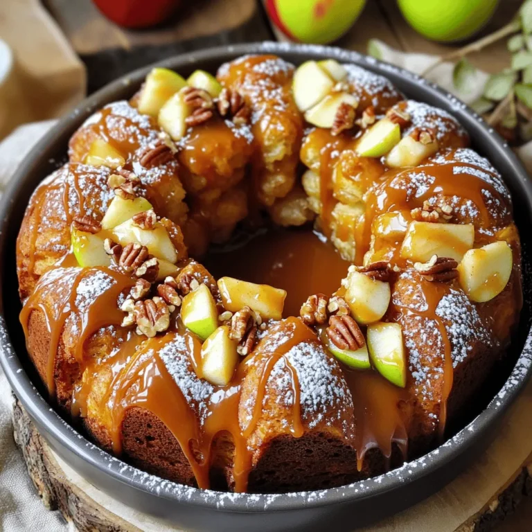 - 3 cans (16 oz each) refrigerated biscuit dough - 1 cup granulated sugar - 2 teaspoons ground cinnamon - 1/2 cup unsalted butter, melted - 1 cup brown sugar, packed - 3 medium apples, peeled and diced (preferably Granny Smith) - 1 teaspoon vanilla extract - 1/2 cup chopped pecans (optional) - 1 cup caramel sauce (store-bought or homemade) - 10-inch bundt pan - Mixing bowls - Non-stick spray or butter - Small saucepan Gather these ingredients to start your Caramel Apple Monkey Bread. The dough is soft and fluffy. The sugar and cinnamon blend gives it a warm spice. The apples add a fresh crunch. The caramel sauce brings in a rich sweetness. You can add pecans for a nutty crunch. This mix of flavors makes the bread truly special. The equipment is simple too. A bundt pan helps shape the bread. Mixing bowls are for combining ingredients. Non-stick spray or butter prevents sticking. A small saucepan melts the butter and mixes it with brown sugar. All these tools help bring the recipe together. - Preheat oven to 350°F (175°C). - Grease bundt pan with non-stick spray or butter. - In a bowl, combine granulated sugar and cinnamon. - Open biscuit dough cans and cut each biscuit into quarters. - Toss quartered biscuits in the sugar mixture until coated. - In a separate bowl, mix diced apples, pecans, and vanilla extract. - Layer half of the coated biscuits in the bundt pan. - Spread the apple mixture evenly over the biscuit layer. - Top with the remaining coated biscuit pieces. - In a small saucepan, melt butter and brown sugar over low heat. - Pour the melted mixture over the layers in the bundt pan. - Drizzle caramel sauce on top. - Bake for 35-40 minutes until golden brown. - Cool for 10 minutes before inverting onto a plate. - Cut the biscuits into even pieces for uniform cooking. - Test if it's done with a toothpick; it should come out clean. - Drizzle some caramel sauce over the top after inverting. - Add powdered sugar and apple slices for a pretty touch. - A pinch of nutmeg adds a nice spice to the mix. - Try different apple types for unique flavors. Granny Smith adds tartness, while Honeycrisp brings sweetness. {{image_2}} - Use pears instead of apples for a different taste. Pears bring a sweet and juicy bite that pairs well with caramel. - Add chocolate chips or dried fruit for extra sweetness. This change makes each bite even more delicious and fun! - For a gluten-free option, use gluten-free biscuit dough. This way, everyone can enjoy this treat. - If you're vegan, substitute butter with coconut oil. Also, use plant-based biscuit dough for a tasty twist. - Serve warm with ice cream on the side. The cold ice cream melts into the warm bread. - Pair with a caramel drizzle and whipped cream for a rich finish. This adds a fun touch to your dessert! Store leftovers in an airtight container at room temperature for up to 2 days. This will keep your Caramel Apple Monkey Bread fresh and tasty. You can refrigerate the monkey bread for up to a week. Just remember to reheat it in the oven before serving. This helps to revive its warm, gooey goodness. If you want to keep it longer, freeze it for up to 3 months. When you're ready to enjoy it, thaw it overnight in the refrigerator. For the best results, reheat slices in the microwave or oven. The microwave is quick and easy, but the oven keeps the texture perfect. Enjoy your warm, caramel-drizzled treat! Yes, prepare it the night before and bake it in the morning. This makes it easy for busy days. Just store the unbaked monkey bread in the fridge. It will save you time and effort. Granny Smith or Honeycrisp apples are ideal for a balance of tartness and sweetness. These apples add a nice crunch and flavor. You can mix different varieties for added taste. You can substitute homemade dough or use bread dough as an alternative. Homemade dough gives a fresh taste. Just make sure it rises well for fluffy bites. Yes, layering the ingredients in a slow cooker can yield a delicious result. It takes longer to cook but gives a soft, gooey texture. Just keep an eye on the cooking time. You may opt for chocolate sauce or a homemade glaze as alternatives. Both options add sweetness and flavor. Choose what you like best to make it your own. This blog post covered how to make Caramel Apple Monkey Bread. You learned the ingredients, steps, and tips for the perfect bake. Remember, using good apples makes a big difference. Feel free to try new flavors or toppings. This recipe is fun and easy, perfect for gatherings. Store leftovers carefully to enjoy later. With these tips, you can impress anyone with your monkey bread. Enjoy the warm, sweet tastes in every bite you take!