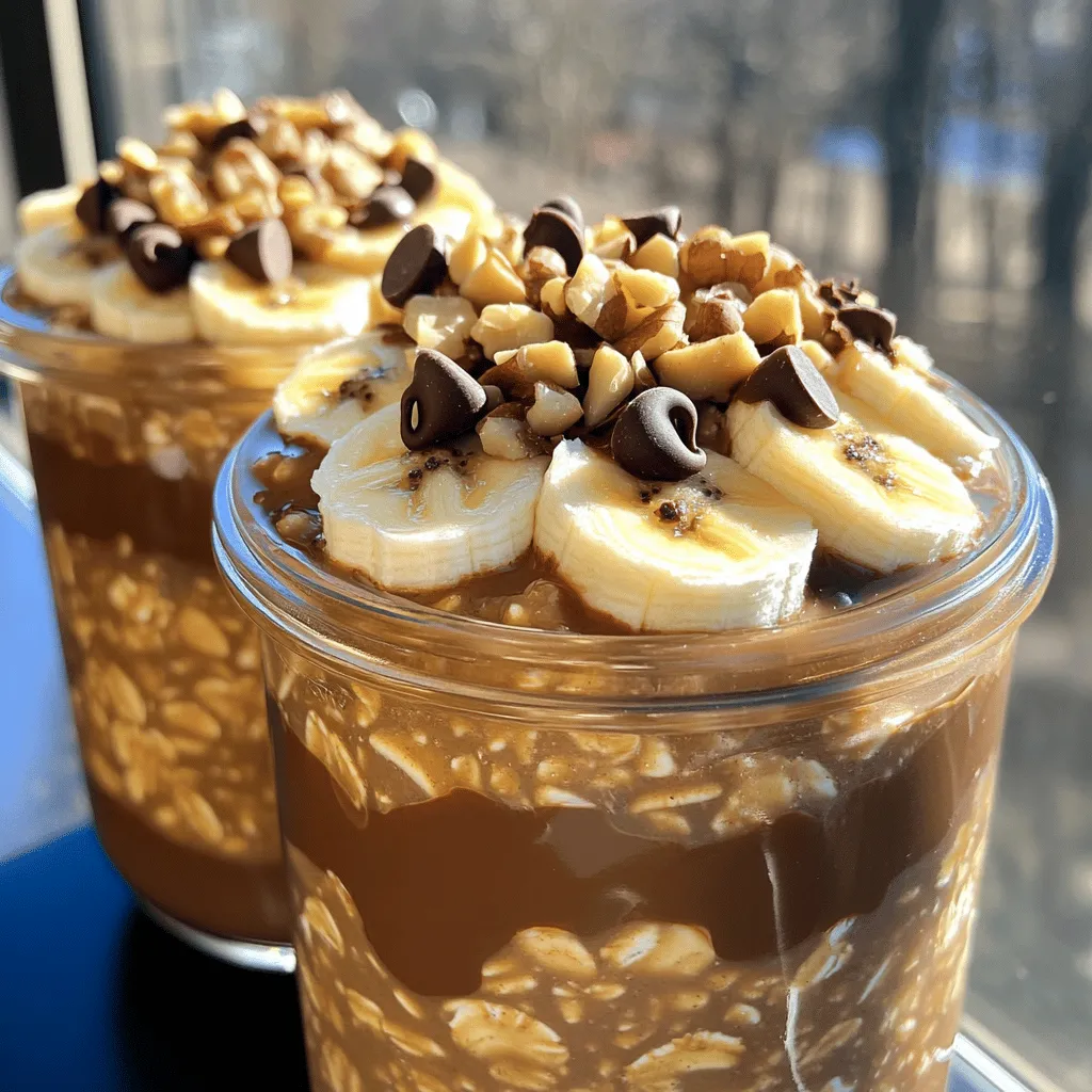 To make delightful overnight mocha oatmeal jars, you need a few key items. Here’s the list: - 1 cup rolled oats - 2 cups almond milk (or any milk of choice) - 2 tablespoons cocoa powder - 2 tablespoons instant coffee granules - 2 tablespoons maple syrup (or honey) - 1 teaspoon vanilla extract - 1/4 teaspoon salt These ingredients blend well to create a rich, chocolatey flavor. Rolled oats soak up the milk and flavors overnight, making them soft. Almond milk adds a nutty taste. Cocoa powder brings in that chocolate kick, while coffee granules give a nice boost. Maple syrup or honey sweetens the mix, and vanilla adds depth. Salt enhances all these flavors. You can add more to your jars to make them unique. Here are some optional ingredients: - 1/2 cup Greek yogurt (for creaminess) Adding Greek yogurt makes the oatmeal richer and creamier. It also packs in protein, which keeps you full longer. If you want to switch things up, you can try other yogurt types, too. Just keep in mind that it will change the taste and texture. Toppings bring your mocha oatmeal to life! Here are some tasty options: - Chocolate chips - Sliced bananas - Chopped nuts - Shredded coconut These toppings not only add flavor but also texture. Chocolate chips give a sweet crunch. Sliced bananas add creaminess and sweetness. Chopped nuts offer a nice crunch, and shredded coconut gives a tropical feel. Feel free to mix and match your favorites for a fun and tasty breakfast! Start by gathering your large mixing bowl. Add the rolled oats to the bowl. Pour in the almond milk. Add the cocoa powder and instant coffee granules. These ingredients give the oatmeal its rich mocha flavor. Next, add the maple syrup to sweeten things up. Then, include the vanilla extract for a nice aroma. Finally, sprinkle in the salt. This helps to balance the sweetness. Stir everything together well. Make sure the cocoa powder and coffee granules dissolve fully. You want a smooth, chocolatey mix. If you want a creamier texture, now is the time to add Greek yogurt. Scoop the yogurt into your oatmeal mix. Stir it in until everything is smooth and well combined. The Greek yogurt adds a lovely richness. It also boosts the protein content, making this breakfast even better. Grab your jars or airtight containers. Divide the oatmeal mixture evenly among them. Leave a little space at the top. This space lets the oats expand as they soak up the liquid. Once filled, seal the jars tightly. Place them in the fridge overnight. If you’re short on time, let them chill for at least four hours. This helps the flavors blend beautifully. In the morning, give your oatmeal a good stir. If it seems too thick, add a splash of milk. Now, you’re ready to add your favorite toppings! To get the best texture for your overnight mocha oatmeal, start with rolled oats. They soak up the liquid well and hold their shape. Mix your oats with almond milk and other ingredients right away. This gives the oats time to soften overnight. If you prefer a creamier mix, add Greek yogurt. It makes the oatmeal rich and smooth. In the morning, check the thickness. If it feels too thick, stir in a bit more milk until it’s just right. To boost the flavor of your mocha oatmeal, focus on the cocoa and coffee. Use good quality cocoa powder and instant coffee granules. They enhance the chocolate and coffee taste. Maple syrup adds sweetness too. You can adjust the amount of syrup or honey based on your taste. Mixing in vanilla extract also helps round out the flavors, making the dish bright and tasty. These oatmeal jars are great for meal prep. Make a batch on Sunday for quick breakfasts all week. You can store them in the fridge for up to five days. For serving, layer toppings like chocolate chips, sliced bananas, or chopped nuts for a fun look. Use clear jars to show off the pretty layers. This makes them even more inviting. If you plan to take them on the go, seal the jars tightly to avoid spills. {{image_2}} If you want a dairy-free version, use almond milk or oat milk. Both options work well. You can also try coconut milk for a creamier taste. Just make sure to check the labels for added sugars. This way, you keep your breakfast healthy and tasty. To boost flavors, add a pinch of cinnamon or nutmeg. These spices pair well with chocolate and coffee. You can also mix in a scoop of peanut butter or almond butter for extra richness. If you like a fruity touch, add some berries or diced apples into the mix. If you want to change your sweetener, maple syrup works great. Honey is another good choice. You can also try agave syrup or stevia if you need a low-calorie option. Just remember, each sweetener has a different taste, so adjust to your liking. To keep your overnight mocha oatmeal fresh, use airtight jars. Glass jars work well, but any container with a tight seal will do. Fill the jars with the oatmeal mixture, but leave some space at the top. This space allows for the oats to expand as they soak. Seal the jars and place them in the fridge. Prepared overnight oatmeal can last up to five days in the fridge. This makes it a great option for meal prep. After a few days, the oats may lose some texture. If they seem too thick, add a little milk before eating. Always check for any off smells or changes in color before eating. You can freeze overnight oatmeal jars for longer storage. Just make sure to use freezer-safe containers. Store them for up to three months. When you’re ready to eat, thaw the jars in the fridge overnight. For a warm breakfast, microwave the oatmeal in a microwave-safe bowl. Heat it in short bursts, stirring in between, until warm. Add fresh toppings just before serving for the best taste and texture. Yes, you can use regular oats. They will work but may lead to a mushier texture. Rolled oats hold up better when mixed with liquid. So, if you want some chewiness, stick with rolled oats. Overnight oats last up to five days in the fridge. Just keep them in airtight jars. This makes them great for meal prep. You can enjoy different flavors all week long. You can use any milk you like. Options include oat milk, soy milk, or cow's milk. Each choice will give a slightly different taste. Choose what suits your diet and taste buds best. Yes, they can be vegan! Just use plant-based milk and maple syrup. If you decide to skip the Greek yogurt, your jars remain vegan-friendly. Enjoy a delicious breakfast that fits your needs! Overnight mocha oatmeal jars are easy to make and fun to customize. You can mix simple ingredients, add yogurt, and prepare jars for a quick breakfast. Remember to use tips for great texture and flavor. Variations like dairy-free options and sweetener swaps let you adjust to your taste. Store them well to keep them fresh. With these ideas, your mornings will be exciting and delicious. Enjoy a tasty start to your day!