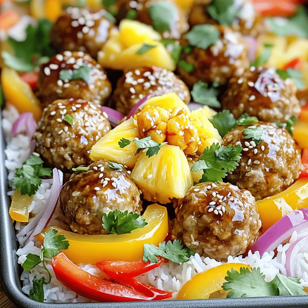 - 1 pound ground chicken or turkey - 1/2 cup breadcrumbs (preferably panko) - 1/4 cup finely chopped green onions - 1/4 cup fresh cilantro, chopped - 1 egg, beaten - 2 cloves garlic, minced - 1 tablespoon fresh ginger, grated - Salt and pepper to taste The main ingredients are simple yet packed with flavor. Ground chicken or turkey gives a light touch. Panko breadcrumbs add a nice crunch. Green onions and cilantro offer fresh notes. The egg helps bind everything together. Minced garlic and ginger bring rich aroma. Season with salt and pepper to your taste. - 1 cup canned crushed pineapple, drained (reserve juice) - 1/3 cup teriyaki sauce - 1 tablespoon sesame oil - 1 bell pepper, sliced - 1 red onion, cut into wedges For the sauce, crushed pineapple adds sweetness. Teriyaki sauce brings that classic Asian flavor. Sesame oil adds a nutty touch. Sliced bell pepper and red onion add color and crunch. They will roast beautifully in the oven. - Cooked rice or quinoa for serving - Garnishes: extra green onions, cilantro, toasted sesame seeds Serve these meatballs over rice or quinoa. This makes for a hearty meal. You can garnish with extra green onions, cilantro, and sesame seeds. This adds both color and texture to your plate. - Preheat the oven to 400°F (200°C) and line a large sheet pan with parchment paper. This helps with easy cleanup. - In a large bowl, combine 1 pound of ground chicken or turkey, 1/2 cup of breadcrumbs, 1/4 cup of chopped green onions, 1/4 cup of cilantro, 1 beaten egg, 2 minced garlic cloves, 1 tablespoon of grated ginger, and salt and pepper to taste. Mix until just combined. - Shape the meat mixture into small meatballs, about 1 inch wide. Place them on one side of the prepared sheet pan. - In a separate bowl, mix the reserved pineapple juice, 1/3 cup of teriyaki sauce, and 1 tablespoon of sesame oil. Drizzle half of this sauce over the meatballs. On the other side of the sheet pan, add sliced bell pepper and onion. Drizzle the remaining sauce over the veggies and toss to coat. - Bake in the preheated oven for 20-25 minutes, or until the meatballs are cooked through and the veggies are tender. - After baking, take the pan out and add 1 cup of crushed pineapple on top of the meatballs. Return to the oven for an additional 5 minutes to warm the pineapple. Serve the meatballs and veggies over cooked rice or quinoa for a delightful meal! To get the right texture for your meatballs, do not overmix. Mix until just combined. This keeps them tender. Use ground chicken or turkey for a lighter taste. If you use beef or pork, adjust the cook time. Cooking times can vary by oven. If your oven runs hot, check them at 20 minutes. For even cooking, rotate the pan halfway through. Adding spices can boost the flavor of your meatballs. Try garlic powder, onion powder, or a pinch of cayenne for heat. Fresh herbs like basil or parsley can also add a nice touch. If you want to change the teriyaki sauce, try soy sauce or coconut aminos. For more heat, mix in some sriracha or red pepper flakes. Plating matters! Arrange the meatballs and veggies nicely on a large plate. Drizzle some sauce over the top for a glossy look. Garnish with toasted sesame seeds and fresh cilantro. This adds color and crunch. Serve with rice or quinoa for a complete meal. You can also offer extra teriyaki sauce on the side for dipping. {{image_2}} You can swap ground chicken or turkey for ground beef or pork. This change gives a different taste and texture. If you seek a gluten-free option, use gluten-free breadcrumbs. Many brands offer great alternatives, so you don’t lose flavor. If you own an air fryer, you can cook the meatballs there. Air frying gives them a nice crispy edge while staying juicy inside. For stovetop cooking, try a risotto-style approach. Cook the meatballs in a pan with some broth. This method adds a rich flavor and keeps everything moist. Want to mix it up? Add different fruits like mango or bell peppers. These fruits can enhance the dish's sweetness and texture. If you love a kick, try adding sriracha or chili flakes. This will give your dish a spicy edge that many will enjoy. To store leftovers in the fridge, let them cool first. Place the meatballs and veggies in an airtight container. This helps them stay fresh. You can keep them in the fridge for up to four days. For freezing meatballs and veggies, use freezer-safe bags. Make sure to label the bags with the date. This way, you know when to use them. For the best flavor and texture, reheat meatballs in the oven. Set the oven to 350°F (175°C). Place the meatballs on a baking sheet and cover with foil. Heat for about 15 minutes. You can also microwave them. Use a microwave-safe dish and cover it. Heat in 30-second intervals, stirring in between, until hot. In the fridge, leftovers can last up to four days. If you freeze them, they can last for about three months. After that, the quality may drop. Always check for signs of spoilage before eating. If they look or smell off, it’s best to throw them away. Can I make these meatballs ahead of time? Yes, you can make the meatballs a day ahead. Just form them and store in the fridge. When ready to cook, place them on the sheet pan and follow the baking steps. This saves time! What can I serve with sheet-pan pineapple teriyaki meatballs? These meatballs taste great with cooked rice or quinoa. You can also add a side salad for freshness. Try garnishing with extra green onions and cilantro for color. How do I know when meatballs are fully cooked? Meatballs are done when they reach an internal temperature of 165°F (74°C). You can use a meat thermometer for this. They should also be firm and no longer pink inside. Can I use fresh pineapple instead of canned? Yes, fresh pineapple can be used. Just chop it into small pieces. It will add a bright flavor and perfect texture to your dish. Is there a vegetarian option for this recipe? You can make vegetarian meatballs using lentils or chickpeas. Mix them with breadcrumbs and seasonings. They will still taste great with the teriyaki sauce. How can I make this recipe gluten-free? To make this dish gluten-free, use gluten-free breadcrumbs. Also, check the teriyaki sauce label to ensure it's gluten-free. This way, everyone can enjoy it! This blog post explained how to make tasty sheet-pan pineapple teriyaki meatballs. We covered all the main ingredients needed, from ground chicken to fresh herbs. I shared steps to prepare, cook, and serve these meatballs. Tips on enhancing flavor and storage information were included too. Cooking can be fun and easy. Try these meatballs and enjoy the delight in every bite!