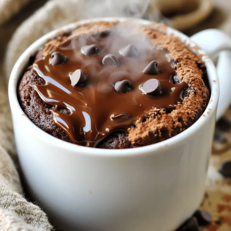 To make the chocolate peanut butter mug cake, you will need: - 4 tablespoons all-purpose flour - 1/4 teaspoon baking powder - 2 tablespoons unsweetened cocoa powder - 3 tablespoons granulated sugar - 1/8 teaspoon salt - 3 tablespoons milk (dairy or non-dairy) - 2 tablespoons peanut butter - 1 tablespoon vegetable oil - 1/4 teaspoon vanilla extract - Optional: Chocolate chips for extra indulgence When working with these ingredients, it’s good to know some conversions: - 1 tablespoon equals 15 milliliters. - 1/4 teaspoon equals about 1.25 milliliters. - 3 tablespoons of milk equals approximately 45 milliliters. - 4 tablespoons of flour equals about 60 milliliters. These simple conversions help ensure your mug cake turns out right. You can easily change some ingredients to fit your needs: - Use gluten-free flour instead of all-purpose flour. - Swap granulated sugar for coconut sugar or a sugar substitute. - For a vegan option, use plant-based milk and a vegan butter. - If you want a lower-fat cake, replace vegetable oil with applesauce. These swaps still keep the mug cake delicious while catering to different diets. Start by grabbing a microwave-safe mug. I like using a 12 oz mug for this recipe. Add 4 tablespoons of all-purpose flour, 1/4 teaspoon of baking powder, 2 tablespoons of unsweetened cocoa powder, 3 tablespoons of granulated sugar, and 1/8 teaspoon of salt. Mix these dry ingredients well. Make sure there are no lumps. This step is key to a smooth mug cake. Now, it’s time to add the wet ingredients. Pour in 3 tablespoons of milk, which can be dairy or non-dairy. Next, add 2 tablespoons of peanut butter, 1 tablespoon of vegetable oil, and 1/4 teaspoon of vanilla extract. Stir everything together until you have a smooth batter. If you want, fold in some chocolate chips for extra flavor. This makes the cake even more fun! Place your mug in the microwave. Set it to high and cook for about 1 minute and 30 seconds. Cooking times may vary, so watch for the cake to rise and look set in the center. After microwaving, let it cool for a minute. This step keeps you from burning your tongue! Enjoy your mug cake straight from the mug. You can top it with extra peanut butter or a scoop of ice cream if you want something special. One of the biggest mistakes is not mixing the dry ingredients well. Lumps can ruin your cake. Always mix flour, cocoa powder, and sugar properly before adding wet ingredients. Another mistake is overcooking the cake. Each microwave is different, so start with 1 minute and 30 seconds. Check if it looks set in the middle. If not, add a few extra seconds. You can easily change up the flavors in your mug cake. Try using different nut butters like almond or cashew instead of peanut butter. Add a pinch of cinnamon for warmth. Want chocolate overload? Fold in some chocolate chips or drizzle melted chocolate on top. If you like fruit, add mashed bananas or berries for a fresh twist. The options are endless. Serving your mug cake can be as fun as making it. For a classic touch, add a dollop of peanut butter on top. A scoop of vanilla ice cream also pairs well. You can sprinkle cocoa powder or drizzle melted chocolate for a fancy look. Serve it right in the mug for a cozy feel, and enjoy your tasty treat! {{image_2}} You can easily make this mug cake healthier. To make it gluten-free, swap all-purpose flour for almond flour or coconut flour. These options work well and keep the cake tasty. If you want to lower the sugar, use a sugar substitute like stevia or monk fruit. These swaps keep the flavor rich while making it a bit lighter. Mixing in other flavors can add fun twists. Try adding half a mashed banana for a fruity touch. This adds moisture and sweetness. You can also fold in nuts for crunch. Chopped walnuts or pecans work great. For a mocha flavor, add a splash of coffee. These changes help keep your mug cake exciting and new. Want to share? You can easily adjust the recipe. Multiply the ingredients by two or three for more servings. Just make sure to use a larger bowl, and you might need to cook it longer. Instead of a mug, use a bigger dish. Check for doneness by looking for a firm center. This way, everyone can enjoy this quick and tasty treat! If you have leftover mug cake, let it cool completely. Then, cover the mug with plastic wrap or transfer the cake to an airtight container. This keeps it fresh. Store it in the fridge for up to two days. If you want to keep it longer, you can freeze it. Just wrap it in plastic wrap and place it in a freezer bag. To reheat your mug cake, take it out of the fridge or freezer. If it's frozen, let it thaw in the fridge overnight. For reheating, place it in the microwave for about 15-30 seconds. Check to see if it’s warm throughout. If needed, heat it for another few seconds. Be careful not to overheat, or it may become dry. To help your mug cake stay tasty, avoid leaving it out at room temperature for too long. Always cover it well. If you notice any changes in smell or texture, it’s best to discard it. Enjoy your chocolate peanut butter mug cake fresh for the best flavor, but these tips can help if you need to store it. You can tell your mug cake is done when it rises and looks set in the center. The top should not be wet or gooey. A toothpick test works too. Insert a toothpick into the center. If it comes out clean, your cake is ready. If it has batter on it, microwave for a few more seconds. Keep an eye on it, as cooking times can change based on your microwave's power. Yes, you can! If you don’t have a microwave, you can use an oven. Preheat your oven to 350°F (175°C). Pour the cake batter into a small oven-safe dish. Bake for about 15 to 20 minutes. Keep checking to see when it rises and sets. The texture may be different, but it will still taste great! There are many fun flavors you can try! Here are a few ideas: - Vanilla Mug Cake: Swap cocoa powder for more flour and add vanilla. - Red Velvet Mug Cake: Use cocoa powder and add red food coloring. - Lemon Mug Cake: Replace cocoa with lemon juice and zest. - Banana Mug Cake: Mash half a banana and mix it into the batter. Feel free to get creative with toppings too! Try different nuts, fruits, or even flavored syrups. You now know how to make a tasty mug cake. We covered the ingredients, measurements, and substitutions. I walked you through easy steps to prepare, mix, and cook. You learned tips to avoid mistakes and personalize your cake. We explored healthy swaps and ways to store leftovers. Mug cakes are fun and quick desserts. Enjoy experimenting with different flavors. Make it your own, and share it with friends. Your delicious mug cake awaits!