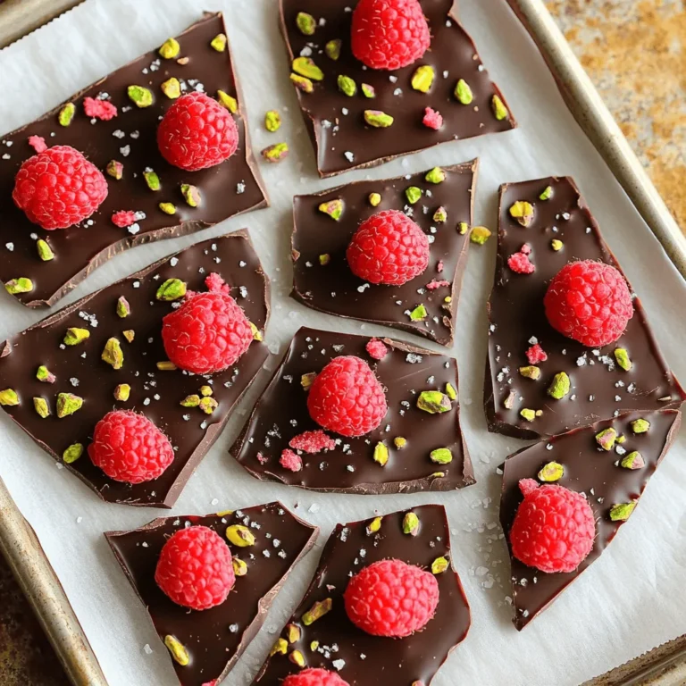 To make Raspberry Dark Chocolate Bark, you will need a few simple ingredients. Here’s what you should gather: - 1 cup dark chocolate chips (70% cocoa or higher) - 1 cup fresh raspberries, rinsed and dried - 1 tablespoon coconut oil (optional, for smoother chocolate) - 1/4 cup chopped pistachios (or any nuts of your choice) - Sea salt, for sprinkling These ingredients create a perfect balance of sweet and tart flavors. Dark chocolate brings richness, while fresh raspberries add a burst of freshness. The coconut oil helps the chocolate melt smoothly, but you can skip it if you prefer. Chopped pistachios add a nice crunch and flavor. A sprinkle of sea salt enhances the taste and makes each bite special. When choosing your chocolate chips, aim for high-quality options. The cocoa content impacts flavor. Higher percentages mean richer chocolate. For the raspberries, make sure they are ripe and firm. They will hold up nicely against the chocolate. If you want to switch nuts, almonds or walnuts also work well. Gather these ingredients, and you’re ready to create a delightful treat! 1. Melting the chocolate chips: Start by grabbing a microwave-safe bowl. Add 1 cup of dark chocolate chips. If you want smoother chocolate, add 1 tablespoon of coconut oil. Heat in the microwave for 30 seconds. Take it out and stir. Repeat this until the chocolate is completely melted and smooth. 2. Lining with parchment paper: While your chocolate is melting, get a baking sheet. Line it with parchment paper. This makes it easy to remove the bark later. 3. Spreading melted chocolate: Once your chocolate is melted, pour it onto the lined baking sheet. Use a spatula to spread it evenly. Aim for a thickness of about 1/4 inch. 4. Adding raspberries and nuts: Now, gently drop 1 cup of fresh raspberries over the melted chocolate. Spread them out evenly. Next, sprinkle 1/4 cup of chopped pistachios on top. Press them lightly into the chocolate so they stick well. 5. Finishing with sea salt: For a flavor boost, sprinkle a pinch of sea salt over the chocolate bark. This adds a nice contrast to the sweet chocolate and tart raspberries. 6. Setting time in the refrigerator: Place the baking sheet in the fridge. Let it chill for at least 1 hour. This helps the chocolate set completely. 7. Breaking the bark into pieces: Once the bark is set, take it out of the fridge. Break it into pieces. Store them in an airtight container in the fridge until you're ready to enjoy. To get smooth chocolate, use coconut oil. It helps the chocolate melt well. You can also try a double boiler. Just place a bowl over hot water. This gives you more control and keeps the heat gentle. Add toppings like dried cranberries or shredded coconut. You can also use white chocolate for a sweeter bark. Each chocolate type brings its own taste. Try mixing dark and milk chocolate for a fun twist. Serve your bark on a pretty plate. Add extra raspberries for a pop of color. Mint leaves can give a fresh look too. These small touches make your treat stand out. {{image_2}} If you want a nut-free bark, you can easily switch the pistachios. Try pumpkin seeds or sunflower seeds instead. You can also leave out the nuts completely. The bark will still taste great! Raspberries are amazing, but other berries work too. You can use strawberries, blueberries, or blackberries. Dried fruits like cranberries or apricots also add fun flavors. Just chop them into small pieces. To make this recipe vegan, check the dark chocolate. Make sure it is dairy-free. Use vegan chocolate chips if needed. The coconut oil is already plant-based, so you’re good there! Enjoy this treat without any animal products. To keep your Raspberry Dark Chocolate Bark fresh, use an airtight container. This helps prevent moisture and keeps it safe from smells in the fridge. Choose a container that fits the bark snugly, so it doesn’t break into small pieces. You can also layer parchment paper between the pieces for easy removal. Raspberry Dark Chocolate Bark lasts about two weeks in the fridge. After that, it may lose some flavor and texture. To enjoy it at its best, try to eat it within this time. If you notice any changes in color or smell, it’s best to toss it out. You can freeze Raspberry Dark Chocolate Bark if you want to save some for later. Wrap it tightly in plastic wrap, then place it in an airtight container. This way, it stays fresh and tasty. When you’re ready to eat it, take it out of the freezer. Let it thaw in the fridge for a few hours. Avoid thawing at room temperature to keep it firm and crunchy. Yes, you can use milk chocolate. It will taste sweeter than dark chocolate. If you want a balanced flavor, add a pinch of sea salt. Milk chocolate has less cocoa, so it melts differently. You might need less coconut oil for smoothness. Adjust the amount based on your taste. To make this treat gluten-free, check all ingredient labels. Most chocolate chips are gluten-free, but some may contain gluten. Ensure your nuts are also gluten-free. Avoid any toppings that may have gluten. This way, you can enjoy your bark without worries. If you want to change the raspberries, try other berries. Strawberries, blueberries, or blackberries work well. You can even use dried fruits like cranberries. Each fruit adds a unique taste. Just make sure to adjust the amount based on sweetness. In this post, we explored how to make Raspberry Dark Chocolate Bark. We covered the simple ingredients, detailed instructions, and helpful tips for perfecting it. You can customize your bark with different nuts, fruits, or flavors. Remember, storing it well helps maintain taste and texture. Try to be creative with your presentation to impress your guests. Making this treat can be easy and fun! Enjoy the process, and happy snacking!