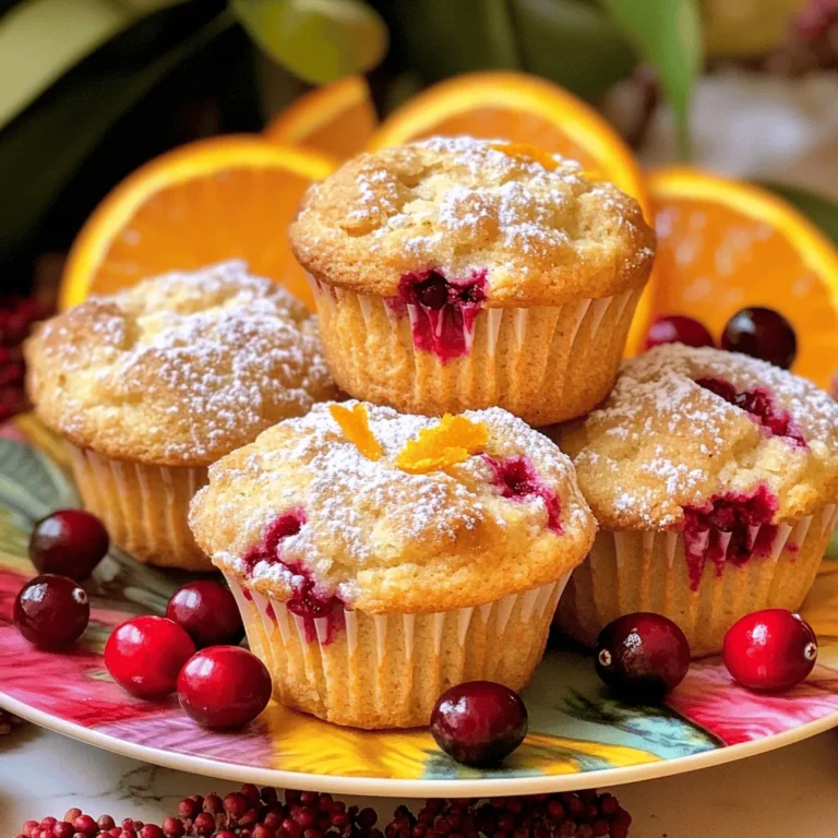 - 2 cups all-purpose flour - 1 cup granulated sugar - 1 tablespoon baking powder - 1/2 teaspoon baking soda - 1/4 teaspoon salt - 1 teaspoon ground cinnamon - 1/2 cup unsalted butter, melted - 1 large egg - 1/2 cup buttermilk - Zest of 1 large orange - 1 cup fresh or dried cranberries - 1 teaspoon vanilla extract - Optional: 1/2 cup chopped pecans or walnuts To create mouthwatering Orange Cranberry Muffin Tops, you need simple yet key ingredients. The flour gives structure, while sugar adds sweetness. Baking powder and soda help them rise, making them fluffy. Salt enhances flavors, and cinnamon brings warmth. Melted butter adds richness, and the egg binds everything together. Buttermilk keeps them moist, while orange zest gives a bright, fresh taste. Cranberries provide a tart contrast, making each bite exciting. If you like, add nuts for crunch. - Calories per serving: Approximately 180 - Protein: 3g - Fat: 8g - Carbohydrates: 27g Knowing the nutritional facts can help you enjoy these treats mindfully. Each muffin top has around 180 calories, making them a tasty snack or breakfast. They have a bit of protein and fat to keep you satisfied. The carbs give you energy, perfect for starting your day. With these ingredients and this nutritional breakdown, you're all set to make delicious Orange Cranberry Muffin Tops! - Preheat oven to 375°F (190°C). - Line a baking sheet with parchment paper. This keeps the muffin tops from sticking. - Combine 2 cups of flour, 1 cup of sugar, 1 tablespoon of baking powder, 1/2 teaspoon of baking soda, 1/4 teaspoon of salt, and 1 teaspoon of cinnamon in a large bowl. Mix well to break up any lumps. - In another bowl, whisk together 1/2 cup of melted butter, 1 large egg, 1/2 cup of buttermilk, the zest of 1 large orange, and 1 teaspoon of vanilla extract. This mix adds flavor and moisture. - Pour the wet mix into the dry mix. Stir gently until just combined. Be careful not to overmix; the batter should be slightly lumpy. - Fold in 1 cup of cranberries and, if you like, 1/2 cup of chopped nuts. The cranberries add a tart flavor, while the nuts give a nice crunch. - Drop heaping tablespoons of the batter onto the prepared baking sheet. Space them about 2 inches apart. Bake for 12-15 minutes. Look for golden tops and clean toothpicks when testing. To make your muffin tops just right, avoid overmixing the batter. When you mix too much, the muffin tops can turn out tough. Mix until you see no dry flour. Then, gently fold in the cranberries. For doneness, insert a toothpick into the center. If it comes out clean, they’re ready. If not, bake a few more minutes. Once your muffin tops cool, add a light dusting of powdered sugar. This makes them look fancy and inviting. You can also garnish them with extra cranberries and orange slices. This adds color and makes your dish pop. Make sure you measure your ingredients carefully. Too much or too little can change the texture. Always check your oven's temperature with an oven thermometer. If your oven runs hot or cold, it can affect how your muffin tops bake. {{image_2}} You can play with flavors in your Orange Cranberry Muffin Tops. Adding spices like nutmeg or ginger gives a warm twist. Nutmeg adds a sweet, nutty taste, while ginger brings a bit of spice. You can also swap cranberries for other fruits like blueberries. Blueberries add a burst of juiciness that pairs well with orange. Experimenting with flavors makes each batch special. If you need a gluten-free option, use a gluten-free flour blend instead of all-purpose flour. It works just as well. For those who follow a vegan diet, replace the egg with a flax egg. Simply mix one tablespoon of ground flaxseed with three tablespoons of water and let it sit for five minutes. You can also use almond milk instead of buttermilk. These changes keep the muffins tasty while meeting dietary needs. Seasonal changes can spice up your muffin tops. For holidays, add festive touches like dried spices or small chocolate chips. You can also include citrus zest, like lemon or lime, for a fresh burst of flavor. These small additions bring joy and excitement to your baking. To keep your orange cranberry muffin tops fresh, store them in an airtight container. This helps lock in moisture and flavor. You can keep them at room temperature for up to three days. If you want them to last longer, consider refrigerating them. They can stay good in the fridge for about one week. Freezing muffin tops is easy! First, allow them to cool completely. Then, wrap each muffin top in plastic wrap. Place the wrapped muffin tops in a freezer-safe bag or container. They can freeze well for up to three months. When you’re ready to enjoy one, just take it out of the freezer. Let it thaw in the fridge overnight for the best results. To reheat muffin tops, you have a few good options. You can use a microwave, oven, or toaster oven. For the microwave, heat for about 10-15 seconds. In the oven, set it to 350°F (175°C) and warm for about 5-7 minutes. Aim for a warm center. The best serving temperature is just warm, which enhances the flavors and freshness. Muffin tops are the domed upper part of a muffin. They are thicker and rounder than regular muffins. Muffin tops often have a crunchy texture outside and a soft inside. They lack the bottom part of a muffin, making them a delightful treat. Many people enjoy muffin tops for their rich flavor and unique shape. Yes, you can use frozen cranberries! They work well in recipes. Frozen cranberries may be softer but will still taste great. If you use frozen ones, do not thaw them before adding them to the batter. This helps keep your muffin tops moist and flavorful. You can easily make these muffin tops healthier! Here are some ideas: - Use whole wheat flour instead of all-purpose flour. - Substitute applesauce for half of the butter. - Use honey or maple syrup instead of granulated sugar. - Add more fruit or nuts for extra nutrients. Muffin tops can last for about 3 to 5 days at room temperature. Store them in an airtight container to keep them fresh. If you want them to last longer, you can freeze them. They can stay good for about 3 months in the freezer. Yes, you can make the batter ahead of time! Mix the dry and wet parts separately and store them in the fridge. Combine them when you're ready to bake. This way, you can enjoy fresh muffin tops anytime. Just remember, the batter is best used within 24 hours for the best texture. These muffin tops pair well with many items! Here are some tasty suggestions: - Serve them with butter or cream cheese. - Enjoy them with yogurt and fresh fruit. - Pair them with coffee or tea for a nice breakfast. - Add a side of scrambled eggs for a filling meal. In this post, we covered the simple steps to make orange cranberry muffin tops. You learned about the key ingredients and how to mix them right. I shared tips to ensure your muffin tops turn out perfect every time. Remember, storage and variations can keep things fun, so explore them as you bake. With this recipe, you can enjoy a tasty treat at any time. Happy baking!