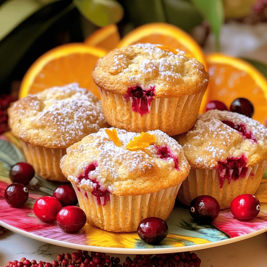 - 2 cups all-purpose flour - 1 cup granulated sugar - 1 tablespoon baking powder - 1/2 teaspoon baking soda - 1/4 teaspoon salt - 1 teaspoon ground cinnamon - 1/2 cup unsalted butter, melted - 1 large egg - 1/2 cup buttermilk - Zest of 1 large orange - 1 cup fresh or dried cranberries - 1 teaspoon vanilla extract - Optional: 1/2 cup chopped pecans or walnuts To create mouthwatering Orange Cranberry Muffin Tops, you need simple yet key ingredients. The flour gives structure, while sugar adds sweetness. Baking powder and soda help them rise, making them fluffy. Salt enhances flavors, and cinnamon brings warmth. Melted butter adds richness, and the egg binds everything together. Buttermilk keeps them moist, while orange zest gives a bright, fresh taste. Cranberries provide a tart contrast, making each bite exciting. If you like, add nuts for crunch. - Calories per serving: Approximately 180 - Protein: 3g - Fat: 8g - Carbohydrates: 27g Knowing the nutritional facts can help you enjoy these treats mindfully. Each muffin top has around 180 calories, making them a tasty snack or breakfast. They have a bit of protein and fat to keep you satisfied. The carbs give you energy, perfect for starting your day. With these ingredients and this nutritional breakdown, you're all set to make delicious Orange Cranberry Muffin Tops! - Preheat oven to 375°F (190°C). - Line a baking sheet with parchment paper. This keeps the muffin tops from sticking. - Combine 2 cups of flour, 1 cup of sugar, 1 tablespoon of baking powder, 1/2 teaspoon of baking soda, 1/4 teaspoon of salt, and 1 teaspoon of cinnamon in a large bowl. Mix well to break up any lumps. - In another bowl, whisk together 1/2 cup of melted butter, 1 large egg, 1/2 cup of buttermilk, the zest of 1 large orange, and 1 teaspoon of vanilla extract. This mix adds flavor and moisture. - Pour the wet mix into the dry mix. Stir gently until just combined. Be careful not to overmix; the batter should be slightly lumpy. - Fold in 1 cup of cranberries and, if you like, 1/2 cup of chopped nuts. The cranberries add a tart flavor, while the nuts give a nice crunch. - Drop heaping tablespoons of the batter onto the prepared baking sheet. Space them about 2 inches apart. Bake for 12-15 minutes. Look for golden tops and clean toothpicks when testing. To make your muffin tops just right, avoid overmixing the batter. When you mix too much, the muffin tops can turn out tough. Mix until you see no dry flour. Then, gently fold in the cranberries. For doneness, insert a toothpick into the center. If it comes out clean, they’re ready. If not, bake a few more minutes. Once your muffin tops cool, add a light dusting of powdered sugar. This makes them look fancy and inviting. You can also garnish them with extra cranberries and orange slices. This adds color and makes your dish pop. Make sure you measure your ingredients carefully. Too much or too little can change the texture. Always check your oven's temperature with an oven thermometer. If your oven runs hot or cold, it can affect how your muffin tops bake. {{image_2}} You can play with flavors in your Orange Cranberry Muffin Tops. Adding spices like nutmeg or ginger gives a warm twist. Nutmeg adds a sweet, nutty taste, while ginger brings a bit of spice. You can also swap cranberries for other fruits like blueberries. Blueberries add a burst of juiciness that pairs well with orange. Experimenting with flavors makes each batch special. If you need a gluten-free option, use a gluten-free flour blend instead of all-purpose flour. It works just as well. For those who follow a vegan diet, replace the egg with a flax egg. Simply mix one tablespoon of ground flaxseed with three tablespoons of water and let it sit for five minutes. You can also use almond milk instead of buttermilk. These changes keep the muffins tasty while meeting dietary needs. Seasonal changes can spice up your muffin tops. For holidays, add festive touches like dried spices or small chocolate chips. You can also include citrus zest, like lemon or lime, for a fresh burst of flavor. These small additions bring joy and excitement to your baking. To keep your orange cranberry muffin tops fresh, store them in an airtight container. This helps lock in moisture and flavor. You can keep them at room temperature for up to three days. If you want them to last longer, consider refrigerating them. They can stay good in the fridge for about one week. Freezing muffin tops is easy! First, allow them to cool completely. Then, wrap each muffin top in plastic wrap. Place the wrapped muffin tops in a freezer-safe bag or container. They can freeze well for up to three months. When you’re ready to enjoy one, just take it out of the freezer. Let it thaw in the fridge overnight for the best results. To reheat muffin tops, you have a few good options. You can use a microwave, oven, or toaster oven. For the microwave, heat for about 10-15 seconds. In the oven, set it to 350°F (175°C) and warm for about 5-7 minutes. Aim for a warm center. The best serving temperature is just warm, which enhances the flavors and freshness. Muffin tops are the domed upper part of a muffin. They are thicker and rounder than regular muffins. Muffin tops often have a crunchy texture outside and a soft inside. They lack the bottom part of a muffin, making them a delightful treat. Many people enjoy muffin tops for their rich flavor and unique shape. Yes, you can use frozen cranberries! They work well in recipes. Frozen cranberries may be softer but will still taste great. If you use frozen ones, do not thaw them before adding them to the batter. This helps keep your muffin tops moist and flavorful. You can easily make these muffin tops healthier! Here are some ideas: - Use whole wheat flour instead of all-purpose flour. - Substitute applesauce for half of the butter. - Use honey or maple syrup instead of granulated sugar. - Add more fruit or nuts for extra nutrients. Muffin tops can last for about 3 to 5 days at room temperature. Store them in an airtight container to keep them fresh. If you want them to last longer, you can freeze them. They can stay good for about 3 months in the freezer. Yes, you can make the batter ahead of time! Mix the dry and wet parts separately and store them in the fridge. Combine them when you're ready to bake. This way, you can enjoy fresh muffin tops anytime. Just remember, the batter is best used within 24 hours for the best texture. These muffin tops pair well with many items! Here are some tasty suggestions: - Serve them with butter or cream cheese. - Enjoy them with yogurt and fresh fruit. - Pair them with coffee or tea for a nice breakfast. - Add a side of scrambled eggs for a filling meal. In this post, we covered the simple steps to make orange cranberry muffin tops. You learned about the key ingredients and how to mix them right. I shared tips to ensure your muffin tops turn out perfect every time. Remember, storage and variations can keep things fun, so explore them as you bake. With this recipe, you can enjoy a tasty treat at any time. Happy baking!