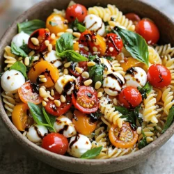 - 8 oz fusilli or penne pasta - 1 cup cherry tomatoes, halved - 1 cup fresh mozzarella balls (bocconcini) - 3 tablespoons extra virgin olive oil - 2 tablespoons balsamic glaze - 1 clove garlic, minced - 1/2 cup fresh basil leaves, roughly torn - 1/4 cup pine nuts, toasted - Salt and pepper to taste The main ingredients create a bright and fresh base for your salad. Fusilli or penne pasta gives it a fun shape and texture. Cherry tomatoes add a sweet burst of flavor. The fresh mozzarella balls, or bocconcini, provide creamy goodness that pairs perfectly with the pasta. For the dressing, I use extra virgin olive oil as a rich base. Balsamic glaze adds a sweet tang that enhances the dish. Minced garlic brings a nice depth to the flavor. This combo gives your salad a zing that keeps you coming back for more. You can add fresh basil leaves for a fragrant touch. They also add a lovely green color to the dish. If you want some crunch, toasted pine nuts are a great choice. Just sprinkle them on top for a delightful finish. Finally, season with salt and pepper to taste. This will enhance all the flavors in your pasta salad. As you prepare this dish, feel free to adjust the ingredients. You can swap the pasta type or add your favorite veggies. The main goal is to create a tasty, vibrant salad that you enjoy. 1. Bring water to a boil and season: Start by filling a large pot with water. Add a generous amount of salt to enhance the pasta's flavor. Bring it to a rolling boil. 2. Cooking time for al dente texture: Add your 8 ounces of fusilli or penne pasta. Cook it according to the package directions, usually around 8 to 10 minutes. You want it to be firm but tender. 3. Draining and rinsing the pasta: Once cooked, drain the pasta in a colander. Rinse it under cold water to stop the cooking. This keeps your pasta from becoming mushy. Set it aside to cool completely. 1. Mixing vegetables in a bowl: In a large mixing bowl, combine 1 cup of halved cherry tomatoes, 1 cup of fresh mozzarella balls, and 1/2 cup of roughly torn basil leaves. Add 1 clove of minced garlic for flavor. The colors should pop and look fresh. 2. Tips for using fresh ingredients: Always choose ripe tomatoes and fresh mozzarella for best taste. Look for bright green basil. Fresh ingredients make your salad lively and tasty. 1. Whisking ingredients together: In a small bowl, whisk together 3 tablespoons of extra virgin olive oil and 2 tablespoons of balsamic glaze. Add salt and pepper to taste. This gives your salad a bright and tangy flavor. 2. Adjusting flavor profiles: Taste your dressing. If you want it sweeter, add more balsamic glaze. For a bit more kick, add a touch more garlic. Adjust until it feels just right for you. To make the best Tomato Basil Caprese Pasta Salad, you need the right mix of ingredients. Here are some tips: - Pasta: Use 8 oz of fusilli or penne. This gives a nice bite. - Tomatoes: One cup of halved cherry tomatoes adds freshness. - Mozzarella: Use one cup of fresh mozzarella balls for creaminess. - Basil: 1/2 cup of torn basil leaves gives that classic flavor. For a quick prep, cook the pasta while you cut the tomatoes. This saves time. Rinse the pasta in cold water after cooking. It stops the cooking and cools it down fast. When it comes to serving, presentation matters. Here are some fun ideas: - Large Bowl: Serve the salad in a big bowl for gatherings. This invites people to dig in. - Garnish: Drizzle extra balsamic glaze on top. Add whole basil leaves and grated Parmesan for a wow factor. Pair the salad with grilled chicken or garlic bread. It makes a great meal. Want to elevate your salad? Here are some options: - Herbs: Add more herbs like oregano or thyme. They bring depth. - Spices: A pinch of red pepper flakes can add heat. For protein, consider adding grilled chicken or chickpeas. They make the salad more filling. {{image_2}} You can use many types of pasta for this salad. Fusilli and penne work well. If you prefer gluten-free options, try using gluten-free fusilli or brown rice pasta. Cooking times may differ, so check the package. Generally, gluten-free pasta cooks faster. Aim for al dente, as it holds up better in salads. If you can't find fresh mozzarella, try using burrata or feta cheese. Both options add a nice creaminess. For tomatoes, substitute with roasted red peppers or sun-dried tomatoes. In summer, use heirloom tomatoes for their great flavor. This keeps the dish fresh and colorful. While balsamic glaze is a favorite, you can try vinaigrette or pesto for a twist. A lemon vinaigrette adds a bright zing. For add-ins, grilled veggies like zucchini or bell peppers work wonders. You can also mix in olives for a briny kick. These variations keep your salad exciting and full of flavor. To keep your Tomato Basil Caprese Pasta Salad fresh, store it properly. Use an airtight container. Glass containers work best because they do not stain or hold odors. Plastic containers are fine too, but choose BPA-free options. Always let the salad cool before sealing it. This helps prevent moisture buildup. In the fridge, this salad lasts about 3 to 5 days. Check for signs of spoilage. If the tomatoes look mushy or the cheese smells sour, it is time to toss it. Fresh basil will also lose its bright color and become limp. If you notice any of these signs, do not eat the salad. You can serve leftovers cold or at room temperature. If you prefer warm pasta, gently reheat it in a pan on low heat. Add a splash of olive oil to keep the pasta moist. Avoid the microwave, as it can make the pasta mushy. Enjoy your salad with the same fresh taste! To make this pasta salad vegan, swap the mozzarella for vegan cheese. You can find many plant-based options at stores. You can also use tofu or avocado for creaminess. Ensure your balsamic glaze does not contain any dairy or egg products. This way, you keep all the great flavors while sticking to a vegan diet. Yes, you can make this pasta salad ahead of time. Prepare the salad up to a day in advance. Store it in the fridge in an airtight container. Just remember to add the pine nuts just before serving. This keeps them crunchy. The salad tastes even better after sitting for a while, as the flavors blend nicely. This pasta salad pairs well with many dishes. Grilled chicken or shrimp adds protein. You can also serve it with garlic bread for a hearty meal. A light green salad complements the pasta nicely. For a complete Italian feast, add a slice of pizza or some bruschetta on the side. Enjoy! This blog post covered how to make a tasty pasta salad. You learned about the main ingredients like pasta, cherry tomatoes, and mozzarella balls. We shared easy steps for cooking the pasta and making the dressing. Tips for perfecting your salad and fun variations were included too. You can also store it properly to keep it fresh. In conclusion, making pasta salad is simple and fun. Feel free to explore new flavors and ingredients. Enjoy every bite of your creation!