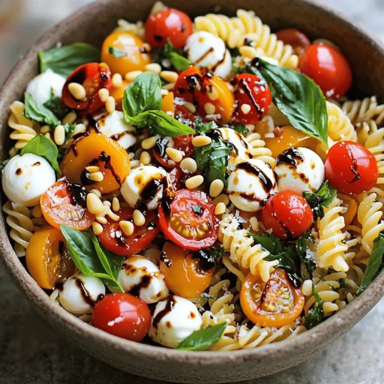 - 8 oz fusilli or penne pasta - 1 cup cherry tomatoes, halved - 1 cup fresh mozzarella balls (bocconcini) - 3 tablespoons extra virgin olive oil - 2 tablespoons balsamic glaze - 1 clove garlic, minced - 1/2 cup fresh basil leaves, roughly torn - 1/4 cup pine nuts, toasted - Salt and pepper to taste The main ingredients create a bright and fresh base for your salad. Fusilli or penne pasta gives it a fun shape and texture. Cherry tomatoes add a sweet burst of flavor. The fresh mozzarella balls, or bocconcini, provide creamy goodness that pairs perfectly with the pasta. For the dressing, I use extra virgin olive oil as a rich base. Balsamic glaze adds a sweet tang that enhances the dish. Minced garlic brings a nice depth to the flavor. This combo gives your salad a zing that keeps you coming back for more. You can add fresh basil leaves for a fragrant touch. They also add a lovely green color to the dish. If you want some crunch, toasted pine nuts are a great choice. Just sprinkle them on top for a delightful finish. Finally, season with salt and pepper to taste. This will enhance all the flavors in your pasta salad. As you prepare this dish, feel free to adjust the ingredients. You can swap the pasta type or add your favorite veggies. The main goal is to create a tasty, vibrant salad that you enjoy. 1. Bring water to a boil and season: Start by filling a large pot with water. Add a generous amount of salt to enhance the pasta's flavor. Bring it to a rolling boil. 2. Cooking time for al dente texture: Add your 8 ounces of fusilli or penne pasta. Cook it according to the package directions, usually around 8 to 10 minutes. You want it to be firm but tender. 3. Draining and rinsing the pasta: Once cooked, drain the pasta in a colander. Rinse it under cold water to stop the cooking. This keeps your pasta from becoming mushy. Set it aside to cool completely. 1. Mixing vegetables in a bowl: In a large mixing bowl, combine 1 cup of halved cherry tomatoes, 1 cup of fresh mozzarella balls, and 1/2 cup of roughly torn basil leaves. Add 1 clove of minced garlic for flavor. The colors should pop and look fresh. 2. Tips for using fresh ingredients: Always choose ripe tomatoes and fresh mozzarella for best taste. Look for bright green basil. Fresh ingredients make your salad lively and tasty. 1. Whisking ingredients together: In a small bowl, whisk together 3 tablespoons of extra virgin olive oil and 2 tablespoons of balsamic glaze. Add salt and pepper to taste. This gives your salad a bright and tangy flavor. 2. Adjusting flavor profiles: Taste your dressing. If you want it sweeter, add more balsamic glaze. For a bit more kick, add a touch more garlic. Adjust until it feels just right for you. To make the best Tomato Basil Caprese Pasta Salad, you need the right mix of ingredients. Here are some tips: - Pasta: Use 8 oz of fusilli or penne. This gives a nice bite. - Tomatoes: One cup of halved cherry tomatoes adds freshness. - Mozzarella: Use one cup of fresh mozzarella balls for creaminess. - Basil: 1/2 cup of torn basil leaves gives that classic flavor. For a quick prep, cook the pasta while you cut the tomatoes. This saves time. Rinse the pasta in cold water after cooking. It stops the cooking and cools it down fast. When it comes to serving, presentation matters. Here are some fun ideas: - Large Bowl: Serve the salad in a big bowl for gatherings. This invites people to dig in. - Garnish: Drizzle extra balsamic glaze on top. Add whole basil leaves and grated Parmesan for a wow factor. Pair the salad with grilled chicken or garlic bread. It makes a great meal. Want to elevate your salad? Here are some options: - Herbs: Add more herbs like oregano or thyme. They bring depth. - Spices: A pinch of red pepper flakes can add heat. For protein, consider adding grilled chicken or chickpeas. They make the salad more filling. {{image_2}} You can use many types of pasta for this salad. Fusilli and penne work well. If you prefer gluten-free options, try using gluten-free fusilli or brown rice pasta. Cooking times may differ, so check the package. Generally, gluten-free pasta cooks faster. Aim for al dente, as it holds up better in salads. If you can't find fresh mozzarella, try using burrata or feta cheese. Both options add a nice creaminess. For tomatoes, substitute with roasted red peppers or sun-dried tomatoes. In summer, use heirloom tomatoes for their great flavor. This keeps the dish fresh and colorful. While balsamic glaze is a favorite, you can try vinaigrette or pesto for a twist. A lemon vinaigrette adds a bright zing. For add-ins, grilled veggies like zucchini or bell peppers work wonders. You can also mix in olives for a briny kick. These variations keep your salad exciting and full of flavor. To keep your Tomato Basil Caprese Pasta Salad fresh, store it properly. Use an airtight container. Glass containers work best because they do not stain or hold odors. Plastic containers are fine too, but choose BPA-free options. Always let the salad cool before sealing it. This helps prevent moisture buildup. In the fridge, this salad lasts about 3 to 5 days. Check for signs of spoilage. If the tomatoes look mushy or the cheese smells sour, it is time to toss it. Fresh basil will also lose its bright color and become limp. If you notice any of these signs, do not eat the salad. You can serve leftovers cold or at room temperature. If you prefer warm pasta, gently reheat it in a pan on low heat. Add a splash of olive oil to keep the pasta moist. Avoid the microwave, as it can make the pasta mushy. Enjoy your salad with the same fresh taste! To make this pasta salad vegan, swap the mozzarella for vegan cheese. You can find many plant-based options at stores. You can also use tofu or avocado for creaminess. Ensure your balsamic glaze does not contain any dairy or egg products. This way, you keep all the great flavors while sticking to a vegan diet. Yes, you can make this pasta salad ahead of time. Prepare the salad up to a day in advance. Store it in the fridge in an airtight container. Just remember to add the pine nuts just before serving. This keeps them crunchy. The salad tastes even better after sitting for a while, as the flavors blend nicely. This pasta salad pairs well with many dishes. Grilled chicken or shrimp adds protein. You can also serve it with garlic bread for a hearty meal. A light green salad complements the pasta nicely. For a complete Italian feast, add a slice of pizza or some bruschetta on the side. Enjoy! This blog post covered how to make a tasty pasta salad. You learned about the main ingredients like pasta, cherry tomatoes, and mozzarella balls. We shared easy steps for cooking the pasta and making the dressing. Tips for perfecting your salad and fun variations were included too. You can also store it properly to keep it fresh. In conclusion, making pasta salad is simple and fun. Feel free to explore new flavors and ingredients. Enjoy every bite of your creation!