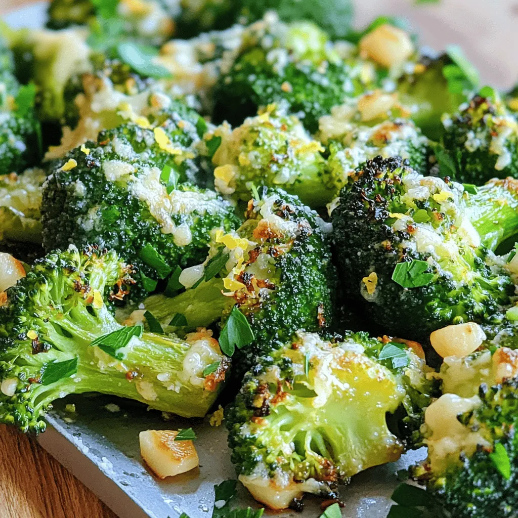 To make this dish, you need: - 2 heads of broccoli, cut into florets - 4 cloves of garlic, minced - 3 tablespoons olive oil - ½ teaspoon red pepper flakes (optional for spice) - ½ cup grated Parmesan cheese - Salt and pepper to taste - Zest of 1 lemon - 1 tablespoon fresh lemon juice - 2 tablespoons chopped fresh parsley (for garnish) These ingredients create a tasty and healthy side dish. The broccoli offers crunch and nutrients. Garlic adds a rich flavor. Olive oil helps the veggies roast nicely. You can enhance this dish with a few extras: - Red pepper flakes for heat - A squeeze of lemon juice for brightness - Fresh herbs like thyme or basil These optional ingredients can take your dish to the next level. They add layers of taste that make each bite exciting. If you lack any main ingredients, here are some swaps: - Use frozen broccoli instead of fresh. - Replace olive oil with avocado oil. - Swap Parmesan with nutritional yeast for a vegan version. These substitutions work well and keep your dish delicious. Don’t hesitate to get creative with what you have on hand! Start by washing the broccoli. Cut the heads into small florets. This helps them cook evenly. Then, take the garlic cloves and mince them finely. In a large bowl, mix the broccoli florets with the minced garlic. Add three tablespoons of olive oil. If you like some heat, toss in half a teaspoon of red pepper flakes. Season with salt and pepper to taste. Mix everything well until the broccoli is coated. Next, preheat your oven to 425°F (220°C). Line a baking sheet with parchment paper. Spread the broccoli mixture in a single layer on the sheet. This ensures even cooking. Roast the broccoli for 15 to 20 minutes. You want it tender with crisp edges. Keep an eye on it so it doesn’t burn. Once the broccoli is done, take it out of the oven. While it’s still hot, sprinkle half a cup of grated Parmesan cheese on top. This will melt beautifully. Return it to the oven for another 3 to 5 minutes. Take it out when the cheese is melted and bubbly. Drizzle with fresh lemon juice and sprinkle lemon zest and chopped parsley on top. These fresh flavors will brighten the dish. Serve it right away for a tasty side or snack. To get that perfect crispy broccoli, start by drying the florets well. Water on the broccoli causes steaming, not roasting. Toss your broccoli in olive oil, salt, and pepper. Spread them in a single layer on the baking sheet. This way, each piece has space to brown evenly. Keep an eye on them while roasting. Those crispy edges can turn quickly. Seasoning is key to great flavor. Use salt and pepper to taste, but don’t stop there! Add minced garlic for a rich taste. If you enjoy spice, toss in red pepper flakes. Make sure to mix everything well. This helps the flavors blend and coat each floret. After roasting, sprinkle with lemon juice and zest. This will brighten up the dish! You can make this dish even better with extra ingredients. Try adding some lemon zest for a fresh kick. Fresh herbs like parsley add color and taste. If you want a cheesy twist, mix in a bit of cheddar with the Parmesan. You can even add nuts like almonds or walnuts for crunch. These are simple ways to make your broccoli stand out. {{image_2}} To add heat, try spicy roasted garlic Parmesan broccoli. Just mix in ½ teaspoon of red pepper flakes to the broccoli and garlic before roasting. This kick makes the dish lively and fun. You can also sprinkle extra red pepper after cooking for more heat. Adjust the spice to fit your taste. If you want a vegan version, there are great options! Nutritional yeast is a perfect substitute for Parmesan. It adds a cheesy flavor without any dairy. You can also use vegan cheese shreds. Just sprinkle it on right before the last roast. This keeps the dish creamy and tasty. Feel free to mix in other veggies for added color and nutrition! Carrots, bell peppers, or cauliflower work well. Cut them into similar sizes to the broccoli. Toss them in the olive oil and garlic mix too. This way, all the veggies roast together and get that yummy flavor. After enjoying your Roasted Garlic Parmesan Broccoli, let any leftovers cool down. Place them in an airtight container. This helps keep the broccoli fresh. Store it in the fridge. It can last about 3 to 4 days. If you want to keep it longer, freezing is a great option. To reheat, I recommend using the oven or a skillet. This helps keep the broccoli crisp. Preheat your oven to 350°F (175°C). Spread the broccoli on a baking sheet. Heat for about 10 minutes. If using a skillet, add a splash of olive oil. Heat over medium heat for 5-7 minutes, stirring often. Avoid the microwave, as it can make the broccoli soggy. If you want to freeze your broccoli, follow these steps. First, let it cool completely. Then, spread it out on a baking sheet. Freeze for about 1 hour. This prevents clumping. Once frozen, transfer the broccoli to a freezer bag. Remove as much air as possible. It can stay frozen for up to 3 months. When ready to enjoy again, thaw it in the fridge overnight. Reheat as mentioned above for the best taste. Yes, you can use frozen broccoli if needed. Just remember that frozen broccoli may cook faster. You should check it often to avoid mushiness. If you use frozen, skip thawing. Instead, toss it directly with garlic and oil. This way, it stays crispier. Roasted Garlic Parmesan Broccoli pairs well with many dishes. You can serve it with grilled chicken, steak, or fish. It also goes great with pasta or rice. Add it to a quinoa bowl for a healthy lunch. Feel free to get creative with your meals! To make this dish low-carb, focus on the broccoli. Keep the Parmesan cheese, as it has low carbs. Avoid adding too much olive oil. You can also skip the red pepper flakes if you prefer less spice. Enjoy a tasty, low-carb side dish with ease! Roasted Garlic Parmesan Broccoli is easy and tasty. We covered the main and optional ingredients, plus substitutions. You learned step-by-step how to prepare and roast broccoli to get it just right. I shared tips for crispiness and flavor boosts, plus some fun variations. In the end, this dish is versatile and simple. Try different ingredients or ways to serve it. Enjoy this healthy dish that anyone can make!