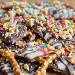 - 2 cups pretzel sticks - 1 cup semi-sweet chocolate chips - 1 cup white chocolate chips - 1/2 cup crushed nuts (almonds or peanuts) - 1/4 cup colorful sprinkles - Sea salt to taste - Other nut types (e.g., walnuts, pecans) - Different types of chocolate (dark chocolate, milk chocolate) - Flavoring options (e.g., peppermint extract) For this chocolate covered pretzel bark, the ingredients are key. The pretzel sticks give a nice crunch, while the chocolate adds sweetness. You can use semi-sweet chocolate chips for a rich flavor. The white chocolate chips provide a nice contrast. Adding nuts, like almonds or peanuts, gives extra texture. Colorful sprinkles make it fun and appealing. You can customize your bark too. Swap in other nuts like walnuts or pecans. Try different chocolates, such as dark or milk chocolate. You can even add flavor, like a hint of peppermint. This allows you to make a treat that suits your taste. Keep these ingredients handy for a fun and easy treat. You will love how simple and delicious this recipe is! First, preheat your oven to 350°F (175°C). This step is key for crisping the pretzels. Next, spread 2 cups of pretzel sticks evenly on a lined baking sheet. Bake them for about 5 to 7 minutes. You want them warm and just starting to crisp. After baking, take them out and let them cool down. Now it's time to melt the chocolate. In a microwave-safe bowl, add 1 cup of semi-sweet chocolate chips. Microwave them in 30-second intervals. Stir them in between until they are smooth and melted. This usually takes about 1 to 2 minutes. In another microwave-safe bowl, add 1 cup of white chocolate chips. Repeat the same melting process. Make sure they are smooth as well. Pour the melted semi-sweet chocolate over the cooled pretzel sticks on the baking sheet. Spread it evenly using a spatula. Next, drizzle the white chocolate over the top, creating a zigzag pattern. Use a toothpick to swirl the two chocolates together for a nice marbled effect. While the chocolate is still soft, sprinkle on 1/2 cup of crushed nuts and 1/4 cup of colorful sprinkles. Finish with a light sprinkle of sea salt for balance. Place the baking sheet in the refrigerator for about 30 minutes. Let the chocolate fully harden. Once set, break the bark into pieces and store it in an airtight container. Enjoy your treat! To get smooth melted chocolate, use a microwave-safe bowl. Place your chocolate chips in the bowl. Heat them in short bursts of 30 seconds. Stir the chocolate well after each interval. This method helps the chocolate melt evenly. If you notice lumps, don’t panic! Stirring will help break them down. If you heat too long, the chocolate may seize. Seized chocolate becomes grainy and thick. To avoid this, never add water. Keep the bowl dry. For added fun, think about toppings! You can use crushed nuts, like almonds or peanuts. They add a nice crunch. Want more color? Try colorful sprinkles. They make the bark look festive. Balance is key with flavors. The saltiness of pretzels pairs well with sweetness. A sprinkle of sea salt on top can enhance the taste. It adds a nice contrast to the sweet chocolate. You can also try adding a hint of sea salt to your melted chocolate. It gives a lovely touch! {{image_2}} One fun way to change your chocolate covered pretzel bark is by adding flavors. You can try two tasty options: - Peanut Butter Pretzel Bark: Mix in some creamy peanut butter. After you melt the semi-sweet chocolate, swirl in the peanut butter before spreading it over the pretzels. This gives a rich, nutty taste. - Mint Chocolate Pretzel Bark: Add a few drops of peppermint extract to the melted chocolate. This gives a fresh and cool flavor that pairs well with the saltiness of the pretzels. You can also use green or white sprinkles to enhance the mint theme. You can also make your bark fit the seasons with easy changes: - Holiday-Themed Bark: For Halloween, use orange and black sprinkles. For Christmas, add red and green sprinkles or even mini candy canes. This makes your bark festive and fun for any holiday party. - Summer Fruit-Infused Bark: In the summer, you can try adding dried fruits. Chopped dried strawberries, blueberries, or even mango pieces give a fruity twist. These flavors make the bark light and refreshing, perfect for hot days. To keep your chocolate-covered pretzel bark fresh, store it in an airtight container. This helps prevent moisture from ruining the texture. Make sure to place a layer of parchment paper between the layers if you stack them. The shelf life of the bark is about two weeks at room temperature. If you want to keep it longer, consider freezing it. If you have extra bark, freezing is a good option. First, let the bark cool and harden completely. Then, wrap it tightly in plastic wrap. After that, place the wrapped bark in a freezer-safe bag or container. To thaw the bark, take it out of the freezer and leave it at room temperature. This usually takes about 30 minutes. For the best results, do not rush the process by using heat. Enjoy your tasty treat! Yes, you can swap chocolates! Here are some tasty options: - Dark chocolate for a rich flavor. - Milk chocolate for a sweeter taste. - White chocolate will add creaminess. - Add flavored chocolates like mint or orange. You’ll know the chocolate is ready when: - It looks smooth and glossy. - No lumps remain. - It stirs easily without clumps. Check after each 30-second melt in the microwave. To break the bark neatly, follow these tips: - Chill the bark until hard. - Use a sharp knife for clean cuts. - For rustic pieces, tap it gently with a rolling pin. This keeps your pieces from crumbling too much. Making chocolate-covered pretzel bark is fun and easy. We covered the ingredients, steps, tips, and variations to personalize your treat. You learned how to melt chocolate perfectly and create tasty combinations. Remember, use different chocolates or toppings to make it your own. Store your bark well, and enjoy it for weeks. With just a few items and steps, you can impress friends and family. Dive in and make your own yummy bark today!