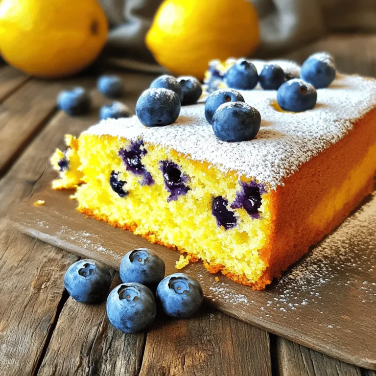 To make a delicious lemon blueberry yogurt cake, gather these key items: - 1 ½ cups all-purpose flour - 1 teaspoon baking powder - ½ teaspoon baking soda - ¼ teaspoon salt - ½ cup unsalted butter, softened - 1 cup granulated sugar - 2 large eggs - ½ cup plain yogurt - 2 tablespoons lemon juice - Zest of 1 lemon - 1 cup fresh blueberries (plus a few for topping) These ingredients mix well to create a moist, tangy cake with a sweet burst of blueberries. You can add a few optional ingredients to boost the cake's flavor: - Vanilla extract - Lemon extract - A pinch of cinnamon These extras can add depth to your cake, making it even more special. Sometimes, you may not have all the ingredients on hand. Here are some easy swaps: - Substitute Greek yogurt for plain yogurt for a thicker texture. - Use coconut oil instead of butter for a dairy-free option. - Swap out granulated sugar for honey or maple syrup for a different sweetness. These substitutions can help you create a cake that fits your needs while keeping it tasty. Start by preheating your oven to 350°F (175°C). Next, take a 9-inch round cake pan. Grease it well with butter or line it with parchment paper. This step helps the cake come out without sticking. Grab a medium bowl and add 1 ½ cups of all-purpose flour. Then, mix in 1 teaspoon of baking powder, ½ teaspoon of baking soda, and ¼ teaspoon of salt. Whisk these dry ingredients together until they blend well. Set the bowl aside for later. In a large bowl, place ½ cup of softened unsalted butter and 1 cup of granulated sugar. Use an electric mixer on medium speed to beat them together until the mix is light and fluffy, which takes about 3-4 minutes. Add 2 large eggs, one at a time, mixing well after each. Now, stir in ½ cup of plain yogurt, 2 tablespoons of lemon juice, and the zest of 1 lemon. Beat this mixture until smooth. Gradually add the dry mix to the wet mix. Stir gently until just combined. Avoid overmixing to keep the cake fluffy. Next, fold in 1 cup of fresh blueberries using a spatula. Make sure they are evenly spread throughout the batter. Pour the batter into your prepared cake pan and smooth the top. Decorate it with a few extra blueberries. Bake in the preheated oven for 30-35 minutes. Check if it's done by inserting a toothpick into the center. If it comes out clean, the cake is ready. Remove it from the oven and let it cool in the pan for 10 minutes. Then, transfer it to a wire rack to cool completely. Your cake will be soft and moist, perfect for any occasion! To get the best texture, follow a few simple steps. First, do not overmix the batter. When you add the dry mix to the wet mix, stir just until you see no dry flour. Overmixing can make the cake tough. Second, ensure your butter is softened but not melted. Softened butter helps create a light, fluffy cake. Lastly, let the cake cool completely before slicing. This will help keep the cake moist and prevent crumbling. Serve your cake with a light dusting of powdered sugar for a sweet touch. Fresh blueberries on top add a pop of color and flavor. Pair the cake with a dollop of whipped cream or a scoop of vanilla ice cream. A cup of tea or coffee also makes a great match. For brunch, serve slices with yogurt and honey for a tasty twist. You can also try it with a berry compote for a fruity kick. Yogurt is a key ingredient in this cake. It adds moisture and a slight tang that balances the sweetness. To enhance the flavor, use flavored yogurt like lemon or vanilla. You can also mix in a tablespoon of lemon zest to brighten up the taste. If you want a richer flavor, try Greek yogurt. It has a thicker texture and adds creaminess to the cake. The best part? Yogurt makes this cake a bit healthier, too! {{image_2}} You can switch up the fruit in this cake. Try raspberries or strawberries for a fun twist. These fruits add a lovely color and taste. If you use peaches, slice them thinly and mix them in. They bring a nice sweetness. Each fruit gives a unique flavor profile, so get creative! Want to make this cake gluten-free? Swap the all-purpose flour with a gluten-free blend. Look for one that works well in baking. You may not need to change anything else. Just check the baking powder for gluten. This way, everyone can enjoy the cake without worries. If you love muffins, this cake can become muffins! Simply pour the batter into muffin tins instead of a cake pan. Bake for about 20-25 minutes. Watch them closely, as they bake faster. You’ll have delightful lemon blueberry muffins, perfect for breakfast or a snack! To store leftover cake, let it cool completely first. Wrap it tightly in plastic wrap. You can also use an airtight container. This keeps the cake moist and fresh. Place it in the fridge if you plan to eat it within a week. You can freeze this cake too! First, let the cake cool fully. Wrap it in plastic wrap, then in foil. This protects it from freezer burn. It can last up to three months in the freezer. When you want to enjoy it, just thaw it in the fridge overnight. To reheat the cake, preheat your oven to 350°F (175°C). Place the cake on a baking sheet. Cover it loosely with foil. Heat for about 10-15 minutes. This keeps the cake moist and tasty. You can also microwave a slice for 15-20 seconds. Enjoy it warm with a dusting of powdered sugar! Yes, you can use frozen blueberries. They work well in this cake. Just be sure to add them straight from the freezer. This helps keep the batter from turning blue. Frozen blueberries may add a bit of moisture, but they will still taste great. To make this cake healthier, consider these swaps: - Use whole wheat flour instead of all-purpose flour. - Replace granulated sugar with a natural sweetener like honey or maple syrup. - Substitute low-fat yogurt for regular yogurt. These changes can make the cake lighter while still keeping it tasty. Here are fun ways to decorate your cake: - Dust the top with powdered sugar for a sweet touch. - Add fresh blueberries on top for color and flavor. - Drizzle a simple lemon glaze over the cake for extra zing. - Use lemon slices or zest for a bright finish. These ideas will make your cake look as good as it tastes. Yes, you can substitute yogurt with other ingredients. Here are some options: - Use sour cream for a similar texture and taste. - Buttermilk is another great option for moistness. - You can also try using applesauce for a healthier choice. Each of these substitutes will change the flavor slightly but will still keep the cake delicious. This blog post covered essential ingredients for your lemon blueberry yogurt cake and how to prepare it step by step. I shared tips to enhance flavor and variations, like gluten-free options and muffins. Finally, we discussed how to store your cake and answered common questions. Creating this cake is fun and rewarding. You can easily adjust the recipe to fit your taste. I hope you enjoy baking and sharing this delightful treat!