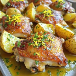 - 4 bone-in, skin-on chicken thighs - 4 medium Yukon gold potatoes, cut into wedges - 1/4 cup olive oil - Juice of 2 lemons (zest reserved) - 4 cloves garlic, minced - 1 teaspoon dried oregano - 1 teaspoon dried thyme - Salt and pepper to taste - Fresh parsley, chopped (for garnish) Each ingredient plays a key role in this dish. The chicken thighs bring juicy flavor and tenderness. Yukon gold potatoes add a creamy texture and soak up the marinade. Olive oil helps everything cook evenly and adds richness. For seasoning, lemon juice and zest provide a bright and tangy taste. Garlic adds depth and aroma. Dried oregano and thyme bring earthy notes. Salt and pepper balance all the flavors, making each bite delicious. Finally, fresh parsley not only adds color but also a burst of freshness. It ties everything together beautifully. This combination of ingredients makes the dish vibrant and satisfying. Enjoy! First, let’s mix the marinade. In a small bowl, combine: - 1/4 cup olive oil - Juice of 2 lemons - Zest from the lemons - 4 cloves garlic, minced - 1 teaspoon dried oregano - 1 teaspoon dried thyme - Salt and pepper to taste Stir these ingredients well. Make sure everything blends nicely. Now, it’s time to marinate the chicken. Place the chicken thighs in a large bowl or resealable bag. Pour half of the marinade over the chicken. Make sure each thigh is well coated. Let it marinate for at least 30 minutes. For richer flavor, marinate overnight in the fridge. While the chicken marinates, prepare the potatoes. Start by cutting 4 medium Yukon gold potatoes into wedges. Next, toss the potato wedges in the remaining marinade. Make sure they are evenly coated. This will add so much flavor to the potatoes. Now, let’s cook everything. Preheat your oven to 425°F (220°C). Line a large sheet pan with parchment paper or aluminum foil. This makes cleanup easy. Arrange the marinated chicken thighs on one side of the sheet pan. Place the seasoned potatoes on the other side. Roast in the oven for about 35-40 minutes. Check the chicken for an internal temperature of 165°F (74°C). The potatoes should be golden and crispy. If you want extra crispy chicken skin, broil for 2-3 minutes at the end. Once done, remove the sheet pan from the oven. Let everything rest for a few minutes. This helps keep the juices in the chicken. Enjoy your meal! To get the best flavor from your chicken, marinate it well. The marinade mixes olive oil, lemon juice, zest, garlic, and herbs. This blend soaks into the chicken, making it juicy and tasty. I recommend letting the chicken sit in the marinade for at least 30 minutes. If you want a stronger taste, marinate it overnight. This gives the chicken more time to absorb the flavors and makes it even better. Crispy potatoes are a must for this dish. Set your oven to 425°F (220°C) for the best results. This high heat helps the potatoes get golden and crispy. When you put the potatoes on the pan, make sure they have space. This air helps them cook evenly. If you want extra crunch, switch on the broil setting for the last few minutes. Keep an eye on them so they don’t burn. How you serve this dish makes it special. I like to use a big platter. Place the chicken and potatoes together for a beautiful look. You can drizzle any leftover juices from the pan over everything for added flavor. Finish with a sprinkle of fresh parsley for a pop of color. You can serve this meal with a simple side salad or some crusty bread to soak up those delightful juices. {{image_2}} You can easily swap chicken thighs for other cuts. Try chicken breasts or drumsticks. Each piece will cook a bit differently, so keep an eye on them. You can also use turkey or pork for a twist. For a vegetarian option, consider chickpeas or tofu. These alternatives will soak up the lemon flavor well. Want to amp up the taste? Add spices like paprika or cumin. Fresh herbs, such as rosemary or basil, can also add a kick. Feel free to toss in bell peppers, red onions, or zucchini. These veggies will roast nicely and add more color to your dish. If you need gluten-free options, this recipe is already suitable. Just check your marinade ingredients. For lower fat, use skinless chicken thighs or bake the chicken without the skin. You can also reduce the olive oil in the marinade. To keep your leftovers fresh, store them in an airtight container. Refrigerate them within two hours of cooking. This helps prevent bacteria growth. The chicken and potatoes will stay good for about three to four days in the fridge. If you want to keep them longer, consider freezing. Place the cooled chicken and potatoes in freezer-safe bags. Remove as much air as possible before sealing. They can last up to three months in the freezer. When reheating, the oven gives the best results. Preheat the oven to 350°F (175°C). Place the chicken and potatoes on a baking sheet. Cover them loosely with foil to keep moisture. Heat for about 20 minutes or until warmed through. If using a microwave, place them in a microwave-safe dish. Heat in short intervals, checking often. This helps keep the chicken juicy and prevents it from drying out. In the fridge, your dish is safe for three to four days. After that, it may spoil. Look for signs like off smells or changes in texture. If the chicken feels slimy or the potatoes smell sour, it’s time to toss them. Always use your senses to check for spoilage. It’s better to be safe than sorry! The chicken is fully cooked when it reaches an internal temperature of 165°F (74°C). You can check this with a meat thermometer. Insert it into the thickest part of the thigh, avoiding the bone. If it shows 165°F, you are good to go. This ensures the chicken is safe to eat and juicy. Yes, you can prepare this dish ahead of time. Marinate the chicken for at least 30 minutes. For more flavor, marinate it overnight in the fridge. You can also cut the potatoes and mix them with the marinade in advance. This makes cooking easier when you are ready to eat. This meal pairs well with a variety of side dishes. Consider serving it with: - Greek salad - Roasted vegetables - Tzatziki sauce - Pita bread - Lemon wedges These sides will enhance the flavors and make your meal more enjoyable. This recipe captures the flavors of Greek cuisine with simple steps. You learned about key ingredients like chicken thighs and Yukon gold potatoes. You discovered how to marinate and roast for maximum flavor. I shared tips for crispy potatoes and fun serving ideas. Experiment with protein choices and seasoning to make it your own. Enjoy your meal with family and friends for a tasty experience. Happy cooking!