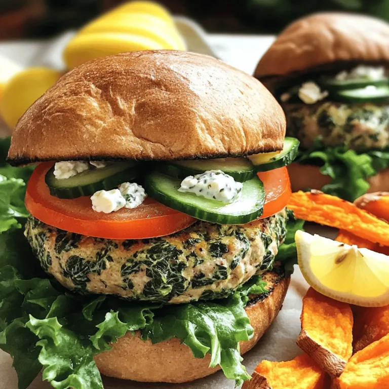 - 1 lb ground turkey - 1 cup fresh spinach, chopped - 1/2 cup feta cheese, crumbled - 1/4 cup breadcrumbs (preferably whole wheat) - 1 garlic clove, minced - 1/4 teaspoon black pepper - 1/2 teaspoon salt - 1 teaspoon dried oregano - 1 tablespoon olive oil - Whole wheat burger buns - Sliced tomatoes, cucumbers, and lettuce for serving The main ingredients in these burgers create a tasty mix. Ground turkey keeps the burgers lean and healthy. Fresh spinach adds a pop of color and nutrition. Feta cheese gives a creamy, salty flavor. Whole wheat breadcrumbs help bind everything together while adding texture. For seasoning, garlic is a must. It brings strong flavor to the mix. Black pepper and salt boost the taste, while dried oregano adds an earthy note. This blend makes each bite full of flavor. You also need olive oil for cooking. It helps the burgers brown nicely. Whole wheat buns add fiber and keep things wholesome. Fresh veggies like tomatoes, cucumbers, and lettuce bring crunch and freshness to your meal. Each ingredient plays a role in building a delicious and healthy burger. These burgers are not just tasty; they are packed with nutrients. - Mixing the ingredients First, grab a large mixing bowl. Add 1 pound of ground turkey. Then, toss in 1 cup of chopped fresh spinach and 1/2 cup of crumbled feta cheese. Next, include 1/4 cup of whole wheat breadcrumbs. Don't forget to add 1 minced garlic clove, 1/4 teaspoon of black pepper, 1/2 teaspoon of salt, and 1 teaspoon of dried oregano. Lastly, crack in 1 beaten egg. Mix everything gently. Be careful not to overmix. This keeps your burgers tender and juicy. - Shaping the patties Now, divide the mixture into four equal parts. Take each part and shape it into a patty. Aim for about 3/4 inch thick. Make sure your hands are slightly wet to avoid sticking. Place the patties on a plate and set them aside while you prepare to cook. - Heating the skillet Heat 1 tablespoon of olive oil in a large skillet over medium heat. Wait until the oil shimmers. This means it is hot enough for cooking. - Cooking the turkey patties Once hot, carefully place the patties in the skillet. Cook each side for 5-6 minutes. You want them to be golden brown and firm. Check the internal temperature with a meat thermometer. It should reach 165°F. After cooking, remove the patties and let them rest for a minute. - Plating the burgers Take your whole wheat burger buns. Place each turkey patty on the bottom half of a bun. - Garnishing and serving suggestions Top each burger with sliced tomatoes, cucumbers, and lettuce. For an extra touch, serve with sweet potato fries and a wedge of lemon. A dollop of tzatziki sauce adds great flavor too. Enjoy your tasty, healthy meal! - Avoiding overmixing: Mix your ingredients gently. Overmixing makes the burgers tough. Keep it light for a tender bite. - Ensuring proper cooking temperature: Cook the patties until they reach 165°F. This keeps them safe and juicy. Use a meat thermometer for accuracy. - Best sides to pair with: Sweet potato fries make a great side. They add sweetness and crunch. You can also serve a fresh salad for color and balance. - Garnishing ideas for presentation: Add sliced tomatoes, cucumbers, and lettuce on top. A wedge of lemon adds brightness. For extra flavor, a dollop of tzatziki sauce works well. - Nutritional benefits of ingredients: Spinach is full of vitamins. Feta cheese adds calcium and flavor. Turkey is lean and high in protein. Whole wheat buns offer fiber. - Substitute suggestions for dietary needs: Use ground chicken or veggie patties for different diets. Gluten-free buns can replace whole wheat. {{image_2}} You can easily boost the flavor of these burgers. Try adding spices like cumin or paprika. These spices add warmth and depth. You can also mix in other vegetables. Chopped bell peppers or onions work well. They add color and extra nutrients. If you want a low-carb version, skip the bun. Serve the burger on a salad instead. You can also make vegan adaptations. Use plant-based ground meat and skip the egg. Crumbled tofu can replace feta cheese. Experimenting with these options keeps meals fresh and fun. Consider a burger bowl instead of using a bun. Place the patty on a bed of greens. Top it with your favorite veggies. You can also use lettuce wraps. They make a great, low-carb alternative. Whole grain wraps are another option. They add fiber and flavor to your meal. After cooking, let the burgers cool down. Store them in an airtight container. Place a piece of parchment paper between each burger to avoid sticking. You can keep leftovers in the fridge for up to three days. To freeze the burgers, wrap each one tightly in plastic wrap. Then, put them in a freezer-safe bag. This helps prevent freezer burn. The burgers can stay fresh for up to three months. When ready to eat, thaw them overnight in the fridge. You can reheat the burgers in the oven or the microwave. For the oven, preheat to 350°F. Place the burgers on a baking sheet for about 10-12 minutes. This keeps them crispy. In the microwave, heat for about 1-2 minutes on medium power. Be careful not to overheat, or they may become dry. To keep turkey burgers juicy, focus on fat content. Ground turkey can be lean, which can lead to dryness. Look for ground turkey with a bit of fat, around 85/15 or 90/10. This fat helps keep the burgers moist as they cook. Adding ingredients like feta and spinach also adds moisture and flavor. Yes, you can make these burgers ahead of time. Shape the patties and store them in the fridge for up to one day before cooking. You can also freeze the patties for longer storage. Just wrap them tightly in plastic wrap or use a freezer bag. They can last up to three months in the freezer. You can cook turkey burgers in a skillet or on a grill. Both methods work well. If you use a skillet, heat olive oil over medium heat. Cook the patties for about 5-6 minutes on each side. If you prefer grilling, preheat the grill to medium-high. Cook the patties for the same time, ensuring they reach an internal temperature of 165°F. This article explored making tasty turkey burgers with ground turkey, spinach, and feta cheese. You learned steps for mixing, shaping, and cooking the patties. We covered tips to keep them juicy and ways to customize for different diets. In closing, enjoy experimenting with flavors and ideas. These burgers are healthy and fun to make. Try new toppings and sides to make your meal special. Happy cooking!
