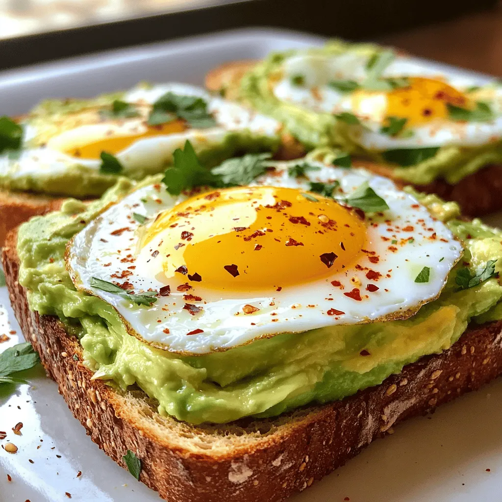 To make creamy avocado egg toast, you need: - 2 ripe avocados - 4 slices of whole grain bread - 4 large eggs - 1 tablespoon lemon juice - 1 tablespoon olive oil - Salt and pepper to taste You can add these for more taste: - 1/4 teaspoon red pepper flakes - Fresh cilantro or parsley for garnish Each serving has: - Calories: 350 - Protein: 12g - Carbohydrates: 30g - Fat: 24g - Fiber: 8g This meal is healthy and filling. The avocado gives good fats and fiber. Whole grain bread adds carbs and fiber too. Eggs provide protein and nutrients. Enjoy this tasty breakfast while feeling good about your choices! Start by toasting the whole grain bread slices. Use a toaster or an oven. Toast until they are golden and crispy. This step gives your dish a nice crunch. It only takes a few minutes. Keep an eye on the bread to avoid burning it. While the bread is toasting, grab two ripe avocados. Cut them in half and remove the pit. Scoop the green flesh into a mixing bowl. Use a fork to mash the avocado until creamy. Add one tablespoon of lemon juice. This adds a fresh taste and helps keep the color. Next, mix in one tablespoon of olive oil. Sprinkle in salt and pepper to taste. If you like a kick, add 1/4 teaspoon of red pepper flakes. Mix until smooth and tasty. Now, it’s time to cook the eggs. You can choose how to cook them. For poached eggs, fill a pot with water and bring it to a simmer. Add a splash of vinegar to help the eggs hold their shape. Crack each egg into the water and cook for about 3-4 minutes. If you prefer scrambled eggs, whisk them in a bowl and cook in a non-stick skillet. For fried eggs, heat a little oil in the skillet and fry until the whites are set. Cook them to your liking. Once the eggs are ready, we can finish the toast! To make the avocado mixture creamy, use ripe avocados. They should yield slightly when you press them. Add one tablespoon of lemon juice. This keeps the avocado from turning brown and adds flavor. Use a fork to mash them well. Mix in one tablespoon of olive oil for richness. Season it with salt and pepper to taste. If you like spice, add red pepper flakes slowly. Blend until you get a smooth, buttery texture. If you're in a rush, toast the bread first. While it’s toasting, prep the avocado. You can even mash the avocado the night before. Just cover it tightly with plastic wrap. In the morning, cook the eggs your way. Poached eggs only take a few minutes. Scrambled eggs are quick too. This way, you save time and still enjoy a great meal. Creamy avocado egg toast pairs well with many sides. Fresh fruit like berries or slices of orange add color. A side salad with greens gives a nice crunch. You can also serve it with yogurt for protein. For drinks, try a smoothie or herbal tea. Use fresh herbs like cilantro or parsley on top. They add a fresh look and taste to your toast. {{image_2}} Toppings can make your creamy avocado egg toast even better. Here are some ideas: - Tomato slices: Fresh tomatoes add color and taste. - Feta cheese: Crumbled feta gives a salty kick. - Smoked salmon: This adds a rich and smoky flavor. - Sliced radishes: They add a nice crunch. - Microgreens: These are tasty and look pretty. Feel free to mix and match these toppings. Each one adds its own flair. You can easily adapt this dish for different diets. Here are some tips: - Vegan option: Skip the eggs and add chickpeas. Mash them like avocado for a creamy base. - Gluten-free option: Use gluten-free bread. There are many tasty types available. These changes keep the meal healthy and delicious. Adding spices and herbs can change the flavor. Here are some great options: - Cumin: A pinch of cumin adds warmth. - Dill: This herb pairs well with eggs. - Chili powder: For more heat, sprinkle a little on top. - Basil: Fresh basil adds a sweet touch. Experiment with these flavors to find your perfect mix. Each spice or herb can bring new life to your dish! To store leftover creamy avocado egg toast, first, separate the components. Place the toast in an airtight container. Store the avocado mixture in a separate bowl. This helps keep the toast from getting soggy. Use plastic wrap or a lid to seal the bowl tightly. The avocado mixture should last about one day in the fridge. Reheating is easy but needs care. For the toast, use a toaster or an oven. This brings back its crispness. If you want to reheat the avocado mixture, warm it gently in a pan over low heat. Stir often to avoid burning. For eggs, use the microwave for short bursts, checking often. To keep avocados fresh, store them in a cool, dark place. If they are ripe, use them soon or place them in the fridge. For bread, keep it in a bread box or a sealed bag. This keeps it fresh for longer. Store lemon juice in the fridge for up to one week. To keep your avocado toast fresh, store the avocado mixture in an airtight container. This helps slow down browning. You can add a bit of lemon juice to the mix for extra protection. Use the toast within one day for the best taste. If you must store it, keep the toast and avocado mix separate. This way, you can enjoy it fresh later. Yes, you can use many types of bread for this dish. Whole grain gives a nice flavor and texture, but feel free to try sourdough, rye, or even gluten-free bread. Just remember to toast it until crispy. A good toast will hold the creamy avocado and egg well. The best methods for cooking eggs in this dish are poaching, scrambling, or frying. Poached eggs add a soft and runny yolk, which many love. Scrambled eggs are fluffy and mix well with the avocado. Fried eggs offer a nice crispy edge and rich flavor. Choose the method you like best! In this blog post, we covered how to make delicious avocado toast. We explored the needed ingredients, tips to perfect the creamy texture, and methods to cook eggs. I shared fun variations, alongside ways to store leftovers so nothing goes to waste. Enjoy this tasty dish as breakfast or a snack. With these steps, you can impress anyone at the table. Try new flavors and enjoy the experience of making it your own. This simple recipe can boost your morning meal and make it fun.