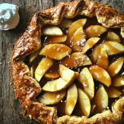 - Apples: I love using Granny Smith and Honeycrisp apples. Granny Smith adds tartness, while Honeycrisp brings sweetness. The mix gives the galette a great balance. You can choose other types too, but these work best. - Essential baking items: You need a pie crust. You can use a store-bought one or make your own. For the salted caramel sauce, you can buy it or make it from scratch. If you make it, keep it simple with sugar, butter, and cream. - Optional serving suggestions: Whipped cream is a classic choice to top the galette. You can also serve it with vanilla ice cream for extra creaminess. Both add a nice touch to the warm galette and make it a special treat. First, you need to prepare the apples. I use two large apples, like Granny Smith and Honeycrisp. These apples have the right mix of tart and sweet. Start by peeling the apples. Then, slice them into thin pieces. This way, they cook evenly. Place the apple slices in a bowl. Next, add one tablespoon of lemon juice. This keeps the apples fresh. Then, sprinkle in 1/4 cup of granulated sugar. This adds sweetness. Add 1/2 teaspoon of cinnamon and 1/4 teaspoon of nutmeg for warm flavors. Finally, stir in one tablespoon of cornstarch. This will help thicken the juices. Let the apple mixture sit for 10 to 15 minutes. This lets the apples release their tasty juices. Now, it’s time to roll out the pie crust. If you use a store-bought crust, take it out of the fridge. Place it on a baking sheet lined with parchment. Roll the crust into a round shape. It should be about 12 inches wide. Once rolled, transfer the apple mixture to the center. Leave a 2-inch border around the edges. Drizzle half of the salted caramel sauce over the apples. Now, fold the edges of the crust over the apples. Pleat the crust as you go. This creates a rustic look that is beautiful and tasty. Brush the exposed edges with a beaten egg. This gives the crust a nice golden finish. Pour the rest of the salted caramel sauce over the apples in the middle. Finish by sprinkling a pinch of coarse sea salt on top. This adds extra flavor. Before baking, preheat your oven to 400°F (200°C). This step is key for getting a nice crust. Place the galette in the oven for 25 to 30 minutes. The crust should turn golden brown, and the apples should become tender. After baking, take the galette out and let it cool for a few minutes. It smells amazing! Slice it up and serve warm. A dollop of whipped cream or a scoop of vanilla ice cream is perfect on top. Enjoy the sweet and salty flavors in every bite! To make your apple mixture shine, balance the sweetness and acidity. I like using Granny Smith and Honeycrisp apples. Granny Smith gives that tart kick, while Honeycrisp adds sweetness. Together, they create a great flavor blend. Cornstarch plays an important role too. It helps thicken the juices from the apples. Without it, your galette might be too runny. Add one tablespoon to your apple mix, and let it sit for 10-15 minutes. This allows the apples to release their juices and soak up the cornstarch. For a beautiful golden crust, use an egg wash. Just beat one egg and brush it on the edges of your galette. This step makes the crust shine and adds color. The right baking environment is key. Preheat your oven to 400°F (200°C) before baking. A hot oven helps the crust puff up and become flaky. Keep an eye on it while it bakes. Look for a golden brown color and tender apples. To enhance flavors, try adding toppings. Whipped cream or vanilla ice cream pair perfectly with the galette. The creaminess balances the sweet and salty notes from the caramel. When it comes to drinks, consider warm cider or a light white wine. These beverages complement the apple and caramel flavors well. Enjoy your sweet treat with these simple pairings for a cozy autumn experience. {{image_2}} You can make your salted caramel apple galette even better with extra flavors. - Adding spices: Try ginger or cloves. They give a warm, cozy taste. - Different fruits: Swap apples for pears or peaches. Each fruit brings its own charm. If you need a gluten-free galette, don't worry! You have choices. - Alternative crusts: Use gluten-free pie crusts or even almond flour for a tasty base. - Adaptations: You can still use the same apple filling. Just make sure your toppings are gluten-free too. The sauce can change your galette’s flavor profile. - Homemade vs. store-bought: Homemade caramel is rich and creamy, but store-bought is quick and easy. - Other options: Try chocolate sauce or fruit reductions. Both can add a fun twist to your dessert. To keep your salted caramel apple galette fresh, store leftovers in the fridge. Place it in an airtight container or cover it tightly with plastic wrap. This way, it will stay tasty and moist. You can keep it in the fridge for up to three days. After that, it may lose some flavor and texture. When you're ready to enjoy your galette again, reheating is key. The best method is to use the oven. Preheat the oven to 350°F (175°C). Place the galette on a baking sheet and warm it for about 10-15 minutes. This helps the crust stay crispy while the apples heat up. Avoid using the microwave, as it can make the crust soggy. By following these steps, you can savor the delightful taste of your salted caramel apple galette once more! A galette is a free-form pie. It has a crust that folds over the filling. This style makes it easy to prepare and bake. The crust is often flaky and golden. You can fill a galette with many fruits. It is perfect for showing off seasonal produce. The rustic look adds charm to any dessert table. Yes, you can make the galette ahead. You can prepare the apple filling and keep it in the fridge. Just store it in an airtight container. You can also roll out the crust and chill it. When ready to bake, assemble the galette. This method saves you time. It is great for gatherings or busy days. Yes, making salted caramel at home is simple. Start with sugar in a pan over medium heat. Stir until it melts and turns amber. Then, add butter and cream carefully. Mix until smooth. Finally, stir in a pinch of sea salt. This caramel enhances your galette. Store it in a jar for later use if needed. Making an apple galette is simple and fun. We covered the key ingredients, from selecting the best apples to choosing pie crusts. I shared step-by-step instructions for prepping, assembling, and baking this dish. With tips on perfecting the mixture and achieving a golden crust, you can elevate your dessert. Remember to explore variations and storage tips for best results. An apple galette is versatile and delicious, making it a great addition to any meal. Enjoy your baking adventure!