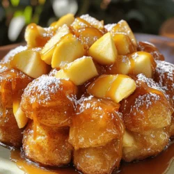 - 2 cans (16.5 oz each) refrigerated biscuit dough - 1 cup granulated sugar - 2 teaspoons cinnamon - 1/2 cup unsalted butter, melted - 1 1/2 cups Granny Smith apples, peeled and diced - 1 cup caramel sauce (store-bought or homemade) - 1/2 cup chopped walnuts or pecans (optional) - 1 teaspoon vanilla extract You can swap the biscuit dough with homemade dough or puff pastry if you like. For sweeteners, consider brown sugar or coconut sugar for a deeper flavor. You can use any tart apple, like Honeycrisp or Fuji, if you want a different taste. You will need a bundt pan to shape the monkey bread. Mixing bowls help combine your ingredients. Measuring cups and spoons ensure you get the right amounts for each ingredient. First, you need to preheat your oven to 350°F (175°C). This step is key for even baking. While it heats, grab your bundt pan. Spray it with non-stick cooking spray or coat it with butter. Make sure every nook and cranny is well-greased. This helps the monkey bread come out easily later. Next, open the cans of refrigerated biscuit dough. Cut each biscuit into quarters. After that, roll each quarter into a small ball using your hands. This part is fun! Now, dip each ball into melted butter. Then, roll it in a bowl with granulated sugar and cinnamon. This gives the dough a sweet, spicy flavor. Now it’s time to layer everything in the bundt pan. Start with half of your coated biscuit balls. Spread half of the diced Granny Smith apples and, if you like, half of the chopped nuts over them. Repeat this layering. Finish by pouring caramel sauce evenly over the top. This is where the magic happens! Place your bundt pan in the preheated oven. Bake for 30-35 minutes. You’ll know it’s done when the top turns golden brown. A toothpick should come out clean when you test the dough. Once baked, let it cool in the pan for about 10 minutes. This cooling step is important. It helps the caramel set and makes it easier to flip. - To avoid sogginess, make sure your biscuit balls are well-coated. - Layer the ingredients evenly for even cooking. This ensures all parts bake nicely. - Serve this treat warm for the best taste and texture. - Drizzle with extra caramel sauce and dust with powdered sugar. Add apple slices or nuts for a nice touch. - Watch your baking time. Overbaking makes it dry, while underbaking leaves it gooey. - Do not skip the cooling step. Letting it cool helps it hold its shape. {{image_2}} You can twist the flavor of your Caramel Apple Monkey Bread in fun ways. One idea is to add spices like nutmeg or cardamom. These spices bring warmth and depth to the dish. You can also play with fillings. Try adding chocolate or cream cheese in the middle for a surprise. Both options give a rich taste that pairs well with apples and caramel. If you have dietary needs, you can still enjoy this treat. For vegan or dairy-free options, use plant-based butter and a dairy-free caramel sauce. Swap the biscuit dough with a vegan version, and you’re all set. For gluten-free alternatives, look for gluten-free biscuit dough. Many brands offer this, and it works well in the recipe. Change the flavors with the seasons. In fall, you might want to add cranberries for a tart kick. This adds color and pairs nicely with apples. For a tropical twist, try adding pineapple instead. Fresh pineapple gives a bright, sweet note and makes the dish feel like a vacation. To keep your Caramel Apple Monkey Bread fresh, use an airtight container. This helps prevent drying out. Store it at room temperature if you plan to eat it within two days. For longer storage, put it in the fridge. It will stay good for up to five days in the fridge. When reheating, you want to keep it gooey and warm. The best way to do this is in the oven. Preheat your oven to 350°F (175°C). Place the monkey bread in an oven-safe dish, cover it with foil, and warm it for 10-15 minutes. You can use a microwave, but it may dry out. If you use a microwave, heat it in short bursts. This method helps keep it soft. If you want to freeze your monkey bread, let it cool completely first. Wrap it tightly in plastic wrap and then in aluminum foil. This will protect it from freezer burn. For best taste, eat it within three months. When you’re ready to enjoy, thaw it in the fridge overnight. Once thawed, reheat it in the oven for that fresh-baked taste. Caramel Apple Monkey Bread stays fresh for about 2 to 3 days in the fridge. Keep it in an airtight container. If you leave it at room temperature, it lasts for about a day. The gooey caramel and apples can get soggy if not stored right. Yes, you can make this dish ahead of time. Prepare the monkey bread up to the baking step. Cover it well and store it in the fridge. When you are ready, just bake it as directed. This makes it great for a party or a family gathering. Caramel Apple Monkey Bread is perfect for brunch. Pair it with coffee or tea for a cozy feel. You can also serve it as a dessert after dinner. It goes well with vanilla ice cream or whipped cream. For a special touch, add fresh apple slices on the side. This blog post covered how to make Caramel Apple Monkey Bread in detail. From ingredient lists to baking tips, you now have the tools to create this tasty treat. Remember, prepping carefully and following the steps will lead to the best results. Try different flavors or dietary options to make it your own. Enjoy sharing this warm dessert with friends and family. With practice, you'll master this fun recipe and impress everyone with your skills. Happy baking!