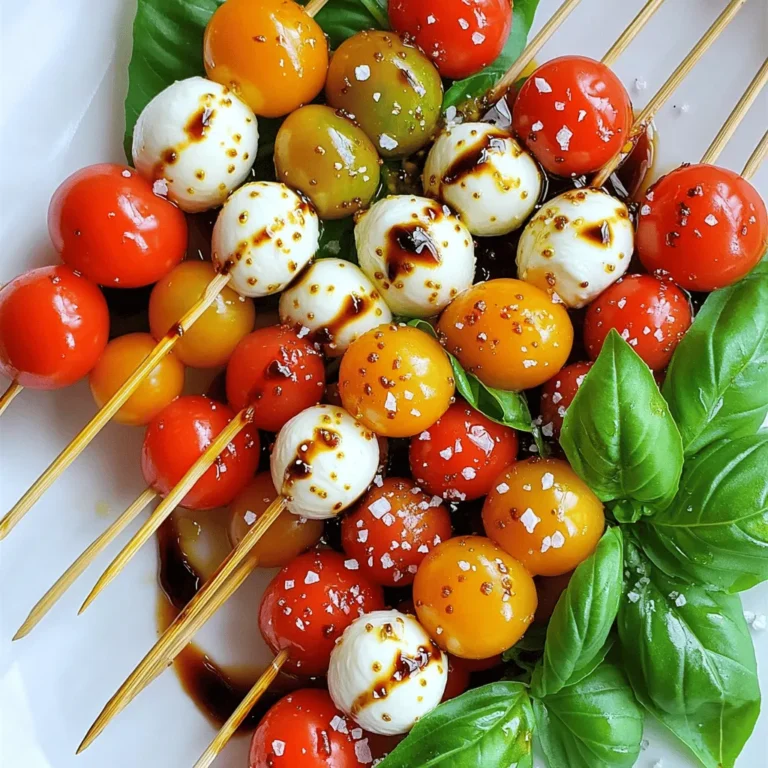 - Cherry tomatoes - Fresh mozzarella balls (bocconcini) - Fresh basil leaves - Balsamic glaze - Extra virgin olive oil - Salt and pepper - Skewers (wooden or metal) - Serving platter To create these tasty tomato basil mozzarella skewers, you need fresh ingredients. Start with cherry tomatoes. They should be bright and firm. Next, use fresh mozzarella balls, also called bocconcini. These small cheese balls melt in your mouth. Lastly, add fresh basil leaves for a burst of flavor. For condiments, you will need balsamic glaze and extra virgin olive oil. These add richness to the skewers. Don’t forget salt and pepper for seasoning. They bring out the best in the tomatoes and cheese. You also need some basic equipment. Skewers are essential, either wooden or metal. If you choose wooden skewers, soak them in water first. This will keep them from burning. Finally, have a serving platter ready to display your beautiful skewers. Using these ingredients and tools, you can make delicious skewers that impress everyone. 1. Rinsing and drying cherry tomatoes: First, take your pint of cherry tomatoes. Rinse them under cold water in a bowl. This removes dirt and makes them fresh. After rinsing, use a paper towel to pat them dry. This helps avoid excess water on the skewers. 2. Draining and drying mozzarella balls: Next, grab your fresh mozzarella balls. Drain them from their liquid. After draining, gently pat them dry with a paper towel. This keeps the skewers from getting soggy. 3. Soaking wooden skewers (if applicable): If you use wooden skewers, soak them in water for about 30 minutes. This step is key. Soaking prevents the skewers from burning during cooking or serving. 1. Step-by-step skewer assembly process: Start by taking a skewer. Thread one cherry tomato onto the skewer first. Then, add a fresh basil leaf. After that, add a mozzarella ball. Repeat this pattern until you fill the skewer. Aim for 3 to 4 sets of tomato, basil, and mozzarella on each skewer. This creates a nice balance of flavors. 2. Recommended number of ingredient sets per skewer: Each skewer should have 3 to 4 sets. This keeps each bite full of taste. Too few sets might not give the full flavor experience. 1. Drizzling olive oil and balsamic glaze: Once all skewers are ready, place them on a serving platter. Drizzle extra virgin olive oil over the skewers. Then, add balsamic glaze. This adds a rich, tangy flavor. 2. Seasoning with salt and pepper: Next, season the skewers with salt and pepper to taste. This simple step enhances the flavors of the fresh ingredients. 3. Optional garnish ideas: For an extra touch, you can sprinkle some chopped basil on top. This not only adds color but also boosts the fresh aroma. Choosing the best tomatoes and mozzarella makes a big difference. I love using cherry tomatoes for their sweetness. Look for bright, shiny tomatoes with no blemishes. They should feel firm when you gently squeeze them. For mozzarella, I prefer fresh mozzarella balls, also known as bocconcini. They should be soft and creamy. Check for a milky smell, which means they are fresh. Using fresh basil is vital too. Find vibrant green leaves without brown spots. Fresh basil adds a wonderful aroma and flavor to the skewers. Threading the ingredients onto skewers can be fun! Start by holding the skewer at one end. Push the pointed end into a cherry tomato first. Then, add a basil leaf. Fold it in half if it’s large to fit better. Next, add a mozzarella ball. To prevent slipping, push each ingredient snugly against the other. This keeps them in place and looks nice. Aim for about three or four sets of tomato, basil, and mozzarella on each skewer. This creates a colorful and tasty bite. Creative ways to serve the skewers can impress your guests. You can stand them upright in a jar for a fun display. This makes them easy to grab. Another option is to lay them flat on a plate. To enhance their visual appeal, drizzle with balsamic glaze and olive oil. A sprinkle of chopped basil on top adds color. You can also place extra basil leaves around the skewers. This gives a fresh look and aroma to your dish. {{image_2}} You can switch up the cheese in this recipe. Feta adds a salty tang. Goat cheese brings a creamy texture. These options work well with tomatoes and basil. You can also add more veggies to the skewers. Bell peppers give a sweet crunch. Cucumbers add a refreshing taste. Try mixing different colors for a vibrant look! To change the flavor, think about dressings or marinades. A drizzle of pesto can add depth. You could also use Italian dressing for an extra kick. Spices and herbs can enhance the taste too. A sprinkle of oregano or thyme adds warmth. Red pepper flakes can bring some heat if you like spice! If you're looking for vegan options, you can use nut-based cheese. Almond or cashew cheese works well. They mimic the creamy texture of mozzarella without dairy. For gluten-free skewers, stick to veggies and cheese. Most cheese is gluten-free, and fresh veggies are safe. Just check labels to be sure! To keep your assembled skewers fresh, place them in an airtight container. This protects them from drying out. Store the skewers in the fridge. The ideal temperature is between 32°F and 40°F (0°C to 4°C). They stay good for about 1 to 2 days. If you want to enjoy warm skewers, use a microwave on low heat. Heat them for about 10 to 15 seconds. Check if they are warm enough. Be careful not to overheat; this can make the cheese rubbery. Always check the temperature to keep food safe, especially with cheese. You can prepare these skewers up to 4 hours ahead. Keep the ingredients separate until you are ready to serve. This keeps the basil fresh and vibrant. If you make them early, store them in the fridge. Avoid adding oil or glaze until just before serving to prevent sogginess. You can serve these skewers with many tasty dishes. Here are some great pairings: - A fresh garden salad - Crispy bruschetta - Grilled chicken or shrimp - Pasta salad with pesto - A cheese platter with crackers These options add variety and make your meal more fun! Yes, you can make these skewers ahead! Here’s how: - Assemble the skewers in advance. - Cover them with plastic wrap and store in the fridge. - Use them within a day for the best taste. This saves time for your event and keeps the flavors fresh! If you don’t have skewers, no problem! Here are some alternatives: - Use toothpicks for smaller bites. - Serve the ingredients on a platter, like a salad. - Create a tomato, basil, and mozzarella stack on a plate. These ideas let you enjoy the flavors without skewers. Yes, these skewers are gluten-free! The main ingredients are safe for a gluten-free diet. - Just ensure any added sauces or dressings are gluten-free. - Always check labels for hidden gluten. This makes them a great option for everyone! This article covered making delicious Tomato Basil Mozzarella Skewers. We explored fresh ingredients, important tools, and easy steps for assembly. You learned tips for selecting the best items and creative ways to present your skewers. We discussed variations to suit different diets and storage tips to keep leftovers fresh. These skewers are not just tasty but also fun to make! Enjoy the process and share this dish with others. Your culinary creativity can shine through with every bite.
