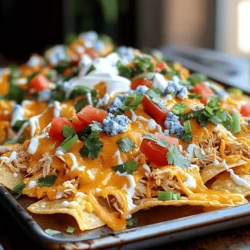 - 2 cups cooked chicken, shredded - 1/2 cup buffalo sauce - 1 large bag tortilla chips You need cooked chicken for this dish. I like to use shredded chicken. It mixes well with the sauce. Next, you’ll need buffalo sauce. This gives the nachos a nice kick. Lastly, grab a large bag of tortilla chips. These are the base for your nachos. - 2 cups shredded cheddar cheese - 1 cup blue cheese crumbles - 1 cup diced tomatoes - 1/2 cup sliced green onions - 1/4 cup jalapeño slices (optional) For toppings, I suggest shredded cheddar cheese. It melts beautifully and adds flavor. Blue cheese crumbles bring a rich taste. Diced tomatoes add freshness and color. Green onions give a nice crunch. If you like heat, add jalapeño slices. They bring a spicy twist. - 1/2 cup sour cream - Fresh cilantro for garnish (optional) Serve the nachos with sour cream. It balances the spicy flavors. Fresh cilantro is also a great garnish. It adds a pop of color and taste. Together, these toppings make the nachos shine! 1. Start by preheating your oven to 350°F (175°C). This helps the nachos bake evenly. 2. Next, take your cooked chicken and shred it. In a bowl, mix the chicken with buffalo sauce until it's fully coated. This step adds flavor to your nachos. 1. On a large baking sheet, spread out the tortilla chips in an even layer. This base is key for holding all the toppings. 2. Sprinkle half of the shredded cheddar cheese over the chips. This creates a cheesy layer that melts nicely. 3. Now, evenly distribute the buffalo chicken mixture over the cheese-covered chips. Make sure to cover the chips well for great taste. 1. Top the chicken with the remaining cheddar cheese and add blue cheese crumbles on top. The blue cheese gives a nice tang. 2. Bake in the preheated oven for 10-15 minutes. The cheese should melt and bubble, creating that perfect nacho look. 3. Once baked, remove the nachos from the oven. Top them with diced tomatoes, sliced green onions, and jalapeños if you like a kick. 4. Drizzle sour cream over the nachos before serving. This adds a creamy finish that balances the heat. 5. For a fresh touch, garnish with cilantro if you want. It adds color and flavor. Enjoy your Loaded Buffalo Chicken Nachos! - Substituting cheeses: You can switch cheddar for Monterey Jack or pepper jack. This adds a fun twist. - Adding extra toppings: Try adding black olives, avocado, or corn. These add flavor and texture. - Ensuring even cheese melt: Spread cheese in layers. This helps it melt evenly and covers all chips. - Keeping chips crunchy: Bake nachos just until the cheese melts. This will keep your chips from getting soggy. - Aesthetic serving suggestions: Serve nachos on a colorful platter. Arrange toppings in neat piles for a nice look. - Using dips on the side: Offer small bowls of buffalo sauce and sour cream. This lets everyone customize their nachos. {{image_2}} If you want a meat-free option, use jackfruit or tofu. Shred the jackfruit or crumble the tofu. Then, mix it with buffalo sauce. This gives you the same spicy flavor without chicken. You can also use chickpeas for a fun twist. They add great texture and soak up the sauce well. For those who love heat, switch to a hotter sauce. Try a ghost pepper or habanero sauce. You can mix this with your buffalo sauce for extra spice. Just remember to taste as you go. Add jalapeño slices on top for even more kick. They add crunch and a burst of flavor. Want to switch things up? Try BBQ chicken nachos instead. Use shredded chicken mixed with BBQ sauce. Top with cheddar cheese, onions, and jalapeños. For a Tex-Mex twist, add black beans, corn, and avocado. Use pepper jack cheese for a creamy, spicy flavor. Each variation brings something new to your table. After enjoying your Loaded Buffalo Chicken Nachos, you may have some leftovers. To keep them fresh, store them in an airtight container. Place them in the fridge within two hours of cooking. Use them within three days for the best taste. This method helps keep the chicken moist and the chips from getting soggy. When you reheat your nachos, aim for quality. The best way is to use an oven. Preheat the oven to 350°F (175°C). Spread the nachos on a baking sheet. Heat them for about 10 minutes. This keeps the chips crunchy and the cheese melty. You can also use a microwave, but the chips may lose their crunch. If you want to save some nachos for later, freezing is an option. To do this, layer your nachos in a freezer-safe container. Wrap them tightly to avoid freezer burn. You can freeze them for up to three months. To enjoy them later, let them thaw in the fridge overnight. Then, reheat in the oven as mentioned above. You can swap some ingredients. Use baked tortilla chips instead of fried ones. Choose low-fat cheese to cut calories. Greek yogurt can replace sour cream for a protein boost. Add veggies like bell peppers or spinach for extra nutrition. These changes keep great taste while being lighter. Yes, you can. Store-bought buffalo chicken saves time and effort. Look for shredded chicken in the deli area or frozen section. Just make sure it has robust flavor. This option helps you whip up nachos quickly, perfect for game day. Dips and sides enhance your nacho experience. Offer guacamole for creaminess. Salsa adds freshness and a zesty kick. A simple bean salad pairs well too. These sides bring balance and extra flavors to your loaded nachos. This blog post covered how to make Loaded Buffalo Chicken Nachos, step by step. We talked about the main ingredients like chicken, buffalo sauce, and chips. Then, we layered everything for a tasty bake. I shared tips for customizing and enhancing your nachos too. In the end, nachos are fun and easy to make. Feel free to get creative with ingredients and flavors. Enjoy your delicious creation with friends and loved ones!