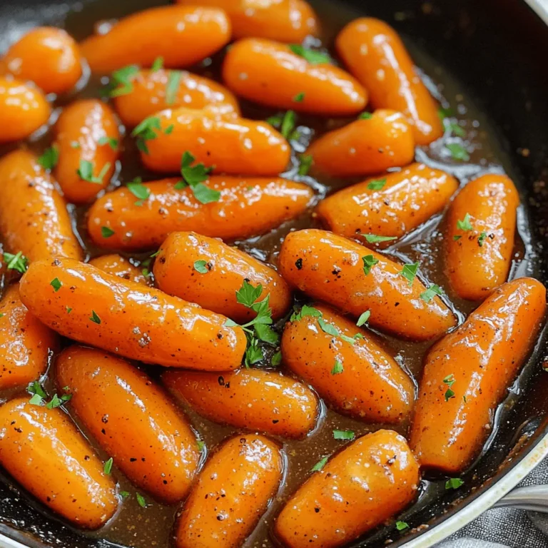 To make these brown sugar glazed carrots, gather the following: - 1 pound baby carrots (or peeled and sliced regular carrots) - 3 tablespoons unsalted butter - 1/4 cup brown sugar, packed - 1/2 teaspoon salt - 1/2 teaspoon black pepper - 1/2 teaspoon ground cinnamon - 1 tablespoon apple cider vinegar - Fresh parsley, chopped (for garnish) You can switch some ingredients based on what you have. If you don’t have baby carrots, use regular carrots. Just peel and slice them to be about 1/4-inch thick. For the butter, you can use olive oil if you want a lighter taste. If you want a different sweetener, try honey or maple syrup instead of brown sugar. This can change the flavor a bit, but it will still taste good. Fresh ingredients make a big difference. Fresh carrots have a sweeter taste and a nice crunch. Using fresh herbs like parsley adds brightness to the dish. When you use fresh ingredients, your food will always taste better. Plus, it helps keep the meal healthy. Always aim for the freshest produce you can find. This will ensure your brown sugar glazed carrots shine on the plate and in your mouth! You can use baby carrots or regular carrots for this dish. If you pick regular carrots, start by peeling them. Then, slice them into pieces that are about 1/4-inch thick. This size helps them cook evenly. If you choose baby carrots, you can leave them whole. Rinse them under cold water to remove any dirt. This step is key for fresh taste. Next, heat a large skillet over medium heat. Add 3 tablespoons of unsalted butter to the skillet. Let it melt completely. Once the butter is melted, add 1/4 cup of brown sugar, 1/2 teaspoon of salt, 1/2 teaspoon of black pepper, and 1/2 teaspoon of ground cinnamon. Stir this mixture until the brown sugar has fully dissolved. This creates a sweet sauce. Now, add the prepared carrots to the skillet. Toss them well to coat each piece in the sauce. Then, pour in 1 tablespoon of apple cider vinegar. This adds a nice tang to balance the sweetness. Cover the skillet and cook the carrots for about 8-10 minutes. Stir them occasionally, so they cook evenly and become tender. After about 10 minutes, remove the lid. Increase the heat slightly to let the glaze bubble. This will take about 2-3 minutes. The glaze should thicken nicely during this time. To get the best glaze, keep a close eye on the cooking time. Overcooking can make the carrots mushy. You want them tender but still firm. If the glaze is too thick, you can add a splash of water to loosen it. Always taste the carrots before serving. Adjust the seasoning by adding more salt or sugar if needed. Finally, sprinkle some freshly chopped parsley on top for a pop of color and flavor. To keep your carrots crunchy, watch the cooking time closely. Cook them for about 8-10 minutes. Stir them gently every few minutes. This helps them cook evenly. You want them tender but not mushy. If you use baby carrots, they may need a little less time. You can make these carrots even tastier by adding more flavors. Try adding a pinch of ginger for warmth. A sprinkle of nutmeg can add depth. If you like heat, a dash of cayenne pepper works well. Want a savory twist? Add some minced garlic while cooking. Fresh herbs like thyme can also bring brightness to the dish. The right tools can help you make this dish easier. Use a large skillet for even cooking. A good spatula helps you stir without breaking the carrots. A lid is essential for steaming the carrots. You might also want a sharp knife for slicing regular carrots. Having measuring spoons handy ensures you get the right amounts of spices. {{image_2}} You can use many types of carrots for this dish. Baby carrots are quick and easy. They cook evenly and look cute on the plate. Regular carrots offer a stronger flavor. Just peel and slice them into 1/4-inch pieces. Consider using rainbow carrots for color. These come in purple, yellow, and orange. They add fun and taste to your meal. You can mix in other veggies for more flavor. Try adding sliced bell peppers. They bring a nice crunch and sweetness. Green beans also work well. Just cut them into small pieces and add them to the skillet with the carrots. You could even add small broccoli florets. They pair well with the glaze and add nutrition. If you want a twist, try different sweeteners. Maple syrup can replace brown sugar. It gives a unique taste and works well with the other flavors. Honey is another option; it adds a floral note. For a low-calorie choice, consider using a sugar substitute. Just follow the package directions for the right amount. Each sweetener will change the flavor slightly, so feel free to experiment! To store leftover glazed carrots, first let them cool. Place the carrots in an airtight container. Make sure to seal it well to keep out air. You can keep them in the fridge for up to five days. This way, you can enjoy them later without losing flavor. When you're ready to eat your leftovers, reheat them simply. You can use a skillet on medium heat. Add a splash of water or a little butter to keep them moist. Stir often until they are warmed through. You can also use a microwave for quick reheating. Just cover them and heat in short bursts, stirring in between. If you want to save glazed carrots for a longer time, freezing works well. Spread the cooled carrots on a baking tray. Make sure they are in a single layer. Freeze them for about two hours until solid. Then, transfer them to a freezer-safe bag or container. Label it with the date and use within three months for best taste. When ready to eat, thaw in the fridge overnight before reheating. Yes, you can make Brown Sugar Glazed Carrots ahead of time. Just cook them as directed, then cool them down. Place the carrots in an airtight container and store them in the fridge. They will stay fresh for up to three days. When ready to serve, just reheat them in a skillet over medium heat. Add a splash of water to keep them moist. Brown Sugar Glazed Carrots pair well with many dishes. They go great with roasted chicken or grilled pork. You can also serve them alongside beef or fish. For a vegetarian meal, try them with quinoa or a fresh salad. Their sweet and savory flavor adds a nice touch to any plate. To adjust sweetness, you can change the amount of brown sugar. If you want less sweetness, use two tablespoons instead of four. For more sweetness, add an extra tablespoon. You can also mix in a little honey or maple syrup. Taste the glaze as you go to find your perfect balance. In this blog post, we explored how to create delicious glazed carrots. We covered key ingredients and smart substitutions. Fresh ingredients make a big difference in flavor. Next, we detailed step-by-step cooking tips for the perfect glaze. With different variations, you can customize your dish using various carrots and sweeteners. Lastly, we shared storage tips to keep your leftovers tasty. Enjoy trying this simple yet flavorful recipe. Your dinner will shine with these glazed carrots by your side.