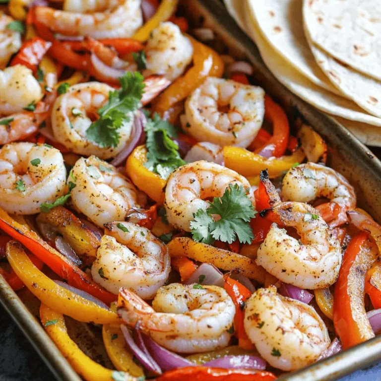 - 1 pound large shrimp, peeled and deveined - 1 red bell pepper, sliced - 1 yellow bell pepper, sliced - 1 red onion, sliced - 3 tablespoons olive oil - 4 cloves garlic, minced - 1 teaspoon smoked paprika - 1 teaspoon cumin - 1 teaspoon dried oregano - 1 teaspoon chili powder - Juice of 1 lime - Salt and pepper to taste - Fresh cilantro for garnish - Tortillas for serving Gather these ingredients to make your Sheet Pan Garlic Herb Shrimp Fajitas. The shrimp provide a tender protein, while the peppers and onions add crunch and color. The seasoning mix brings bold flavor that dances on your taste buds. Fresh cilantro adds a bright finish, and warm tortillas hold everything together. With these ingredients, you can create a meal that is both easy and delicious. 1. First, preheat your oven to 400°F (200°C). This step is key for cooking the shrimp and veggies evenly. 2. Line a large baking sheet with parchment paper. This makes cleanup a breeze. 3. In a bowl, mix 3 tablespoons of olive oil, 4 minced garlic cloves, 1 teaspoon each of smoked paprika, cumin, dried oregano, and chili powder. Add lime juice, salt, and pepper. Whisk until blended. This mixture is your flavor base. 1. Now, add 1 pound of peeled and deveined shrimp, along with sliced red and yellow bell peppers and red onion. Toss everything together to coat in the seasoning. 2. Spread the shrimp and veggies in a single layer on the baking sheet. This helps them cook evenly. 1. Bake in the preheated oven for 12-15 minutes. Check that the shrimp turns pink and the veggies get tender. 2. Once done, take them out and let cool for a few minutes. 3. Serve the fajitas in warm tortillas, garnished with fresh cilantro. Enjoy your meal! - Best practices for selecting shrimp: Look for large shrimp that are firm and shiny. They should smell fresh, like the ocean. Avoid any shrimp with a strong fishy scent. When possible, buy shrimp that are wild-caught for better taste and quality. - Ensuring shrimp doesn't overcook: To prevent overcooking, keep a close eye on the shrimp while baking. They cook fast and should only take 12-15 minutes. When they turn pink and opaque, they are done. Remove them from the oven right away to keep them juicy. - Adding extra spices for a kick: If you like heat, consider adding cayenne pepper or red pepper flakes. A little goes a long way, so start small and adjust to your taste. You can also use fresh herbs like cilantro or parsley for a fresh boost. - Alternative oils for different flavor profiles: While olive oil is great, you can try avocado oil for a lighter taste. Grapeseed oil also works well and has a high smoke point. Each oil adds a unique flavor to your dish. - Pairing with sides or dips: Serve your fajitas with sides like black beans, rice, or a fresh salad. Guacamole or salsa makes great dips. These add more flavor and color to your meal. - Creative tortilla alternatives: If you want to mix it up, try lettuce wraps instead of tortillas. You can also use corn tortillas for a gluten-free option. For a fun twist, consider using pita bread or even quinoa bowls as a base. {{image_2}} You can swap shrimp for chicken or beef. Cut the meat into strips and follow the same steps. The cook time will be similar. If you want a vegetarian option, try using mushrooms or tofu. Slice the mushrooms or cube the tofu and treat them just like the shrimp. This way, everyone can enjoy fajitas. You can change the flavor by using a Southwestern spice mix. This mix often includes chili powder, garlic powder, and cayenne. For a fresh twist, add chopped herbs like cilantro or parsley. These herbs boost the flavor and make the dish more vibrant. Experiment with what you like best. Feel free to include other veggies, like zucchini or corn. Just slice them up and toss them with the shrimp and spices. They add more texture and flavor. Adding cheese or creamy avocado can make the dish richer. Top your fajitas with these add-ins for a delicious finish. To store your leftover fajitas, let them cool first. Place the shrimp and veggies in an airtight container. Make sure to keep the tortillas separate to avoid sogginess. If stored correctly, they will last in the fridge for up to three days. This way, you can enjoy them again without losing flavor. If you want to keep your fajitas for longer, freezing is a great option. Pack the shrimp and veggies in a freezer-safe container or bag. Remove as much air as possible before sealing. They can last in the freezer for up to three months. When you are ready to eat, thaw them in the fridge overnight. Reheat them in a pan over medium heat until warm. Get creative with your leftovers! You can easily use the shrimp and veggies in salads. Toss them with greens, avocado, and a light dressing for a fresh meal. You can also add them to grain bowls. Mix them with rice or quinoa, and top with a squeeze of lime for extra flavor. Using leftovers this way makes meals fun and easy. The best way to cook shrimp is quick and hot. Shrimp cooks fast. You want them pink and firm. Here are some techniques for perfect shrimp every time: - Preheat Your Oven: Always start with a hot oven at 400°F (200°C). This helps the shrimp cook evenly. - Single Layer: Spread the shrimp and veggies in a single layer. This allows for even cooking and browning. - Timing: Bake for 12-15 minutes. Keep an eye on them. Overcooked shrimp can become rubbery. - Check Doneness: Look for that lovely pink color. They should be opaque, not transparent. Yes, you can use frozen shrimp for this recipe. Here are some guidelines for thawing and using frozen shrimp: - Thawing: Place frozen shrimp in a bowl of cold water for about 15 minutes. Change the water if needed. - Pat Dry: Once thawed, make sure to pat the shrimp dry. This helps the seasoning stick better. - Cooking: You will follow the same cooking instructions. Just ensure they are fully thawed before baking. To make fajitas spicier, you can add more heat without overpowering the dish. Here are some tips: - Use Extra Chili Powder: Increase the chili powder in the seasoning mix. Start small and taste as you go. - Fresh Peppers: Add sliced jalapeños or serrano peppers for fresh heat. - Hot Sauce: Drizzle some hot sauce on top before serving. This gives a nice kick. - Spicy Seasoning Blends: Look for spicy taco seasoning blends to mix in with your spices. You learned how to make delicious shrimp fajitas. We covered key ingredients, step-by-step prep, and cooking tips. You can customize this dish with different proteins and spices. Remember to store leftovers properly and get creative with reuse ideas. Fajitas are fun and easy to make, so enjoy your cooking!