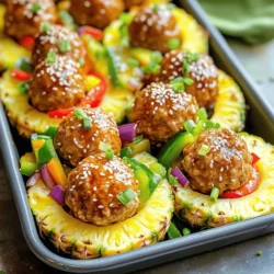 - 1 lb ground chicken - ½ cup breadcrumbs - 1 egg - 2 cloves garlic, minced - 1 tablespoon fresh ginger, grated - 1 teaspoon soy sauce - 1 teaspoon sesame oil To make teriyaki meatballs, you need ground chicken as the base. Breadcrumbs help bind the meatballs. An egg adds moisture and richness. Garlic and ginger give great flavor. Soy sauce and sesame oil add depth to the taste. - 1 red bell pepper, diced - 1 green bell pepper, diced - 1 red onion, diced - 1 medium pineapple, halved and core removed - 2 tablespoons green onions, chopped (for garnish) - Sesame seeds (for garnish) For veggies, red and green bell peppers add color and crunch. Diced red onion brings sweetness. You’ll use a pineapple to create fun bowls. The pineapple flesh will mix well with the meatballs. Green onions and sesame seeds are great for garnishing. They add a pop of color and texture. These ingredients make the dish bright and tasty. - Preheat the oven to 400°F (200°C). - Line a rimmed baking sheet with parchment paper for easy cleanup. - In a large bowl, mix together ground chicken, breadcrumbs, egg, minced garlic, grated ginger, soy sauce, sesame oil, and black pepper. - Be careful not to overmix; just combine until mixed well. - Shape this mixture into 1-inch meatballs. Place them neatly on the prepared baking sheet. - In a separate bowl, toss diced red and green bell peppers along with the red onion with half of the teriyaki sauce. - Spread these veggies around the meatballs on the baking sheet. - Bake in the oven for about 20 minutes. The meatballs should be cooked through and browned, while the veggies turn tender. - While everything bakes, prepare the pineapple bowls. Cut the pineapple in half and scoop out the flesh. Be gentle to keep the shells intact. Dice the pineapple flesh and set aside. - After the initial baking time, take the sheet pan out. Drizzle the remaining teriyaki sauce over the meatballs and veggies, and add the diced pineapple. - Toss everything gently to coat it well with the sauce. - Return the sheet pan to the oven for another 5 minutes. This allows the teriyaki sauce to glaze all the ingredients nicely. - Scoop the teriyaki meatballs, roasted vegetables, and glazed pineapple into the empty pineapple halves. To get the best meatballs, avoid overmixing your meatball mix. If you mix too much, they can turn tough. Just combine the ground chicken, breadcrumbs, egg, garlic, ginger, soy sauce, sesame oil, and black pepper until blended. Watch the cooking time closely. Bake the meatballs for about 20 minutes. You want them to be browned and cooked through. If you have a meat thermometer, check for an internal temperature of 165°F. For a tasty twist, consider making your teriyaki sauce at home. Mix soy sauce, honey, garlic, and cornstarch to thicken it. This way, you can adjust the flavors to your taste. Don’t forget to add extra seasoning! A pinch of red pepper flakes can bring some heat. Fresh herbs like cilantro can also add a bright touch. Serve your dish with fun garnishes. Chopped green onions and sesame seeds add color and crunch. Place the filled pineapple bowls on a decorative plate for a tropical vibe. For plate arrangement, keep it neat. Place the pineapple bowls in the center. Surround them with extra veggies and sauce for a colorful display. This not only looks great but also makes it easy for guests to serve themselves. {{image_2}} You can switch out ground chicken for other proteins. Turkey works well, too. Beef adds a nice flavor, giving you more options. If you want to go meatless, try using lentils or mushrooms. They hold flavors great and keep the meatball shape. For gluten-free diets, use gluten-free breadcrumbs. You can find them at most stores. You can also use crushed rice cereal or oats. Both will help bind the meatballs without gluten. Feel free to add seasonal vegetables to this dish. Zucchini, carrots, or asparagus are tasty options. They add color and crunch. You can also mix in some snap peas or broccoli for extra fiber. If you want some heat, add red pepper flakes or chili powder. This will spice things up. You can adjust the amount based on your taste. A little goes a long way! This dish pairs well with rice. White or brown rice works best. You can also try jasmine rice for extra aroma. Quinoa is a great alternative if you're looking for something different. It adds protein and texture. For sides, a simple salad goes well. It adds freshness to the meal. You might also serve it with steamed veggies. They keep the meal light and healthy. After your meal, let the leftovers cool down. This step is key. You want to avoid condensation. Place the meatballs and veggies in an airtight container. This keeps them fresh longer. Make sure to store them in the fridge. They will last about three to four days. When it's time to eat again, you have options. You can use the microwave or the oven. If you choose the microwave, heat in short bursts. This keeps the meatballs moist. If you prefer the oven, preheat it to 350°F (175°C). Place the meatballs and veggies on a baking sheet. Cover them with foil. This helps keep moisture in while reheating. If you want to save the dish for later, you can freeze it. First, let the meatballs and veggies cool completely. Then, place them in a freezer-safe container. Make sure to label it with the date. They can stay in the freezer for up to three months. When you're ready to eat, thaw them in the fridge overnight. Then, reheat them in the oven or microwave as mentioned above. This keeps them tasty and enjoyable. You can swap ground chicken with several other options. Ground turkey works well, too. If you prefer beef, use lean ground beef. For a vegetarian choice, try lentils or chickpeas. Just mash them well and add breadcrumbs. Each option gives a different taste and texture, so pick what you like best. Yes, you can prepare this dish in advance! Make the meatballs and roast the veggies ahead of time. Store them in the fridge for up to three days. When you are ready to eat, just reheat everything in the oven. This method saves time on busy nights. Making teriyaki sauce at home is easy! Here’s a simple recipe: - ½ cup soy sauce - ¼ cup honey or brown sugar - 2 tablespoons rice vinegar - 1 tablespoon sesame oil - 1 teaspoon cornstarch mixed with 1 tablespoon water Combine all the ingredients in a saucepan. Heat over medium heat until it thickens. Stir it well and enjoy your fresh sauce! Serving these bowls is fun! Scoop the meatballs and veggies into the hollowed-out pineapples. Garnish with chopped green onions and sesame seeds. You can also add some lime wedges for a zesty kick. This makes the dish look bright and fresh, perfect for sharing! This blog post explored making teriyaki meatballs with ground chicken and fresh veggies. You learned about the main ingredients, preparation steps, and helpful tips for perfect meatballs. Plus, I shared ways to store leftovers and some fun variations. Incorporating these ideas can make meal time fun and tasty. You can enjoy new flavors and impress friends and family. With some practice, you’ll serve up great dishes everyone loves. Happy cooking!