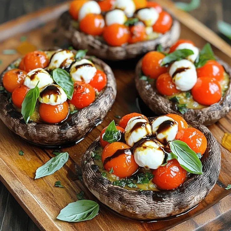- 4 large Portobello mushrooms, stems removed - 1 cup cherry tomatoes, halved - 1 cup fresh mozzarella balls, halved - 1/4 cup fresh basil leaves, torn - 2 tablespoons balsamic glaze - 2 tablespoons olive oil - 1 teaspoon garlic powder - Salt and pepper to taste - 1/4 teaspoon red pepper flakes (optional) Caprese stuffed Portobello mushrooms shine with fresh flavors. You will find all the ingredients easy to find. The Portobello mushrooms serve as a hearty base. Their deep, earthy flavor pairs well with the bright toppings. Cherry tomatoes add a sweet burst of flavor. Halving them helps release their juices during cooking. Fresh mozzarella balls melt beautifully, giving a creamy texture. I love using torn basil leaves for a fresh, herbal note. Balsamic glaze adds a tangy sweetness. Olive oil helps bring all the flavors together. Garlic powder adds a warm depth, while salt and pepper enhance the dish. For a little kick, red pepper flakes can be added. Gathering these ingredients is simple. You can find them at most grocery stores or farmers' markets. Using fresh ingredients makes a noticeable difference in taste. Enjoy the process of preparing this flavorful delight! First, preheat your oven to 375°F (190°C). This step gets the oven ready for our delicious mushrooms. Next, clean the Portobello mushrooms. Use a damp paper towel to wipe them gently. Remove the stems and place them on a baking sheet, gill-side up. Now, it's time to season the mushroom caps. Drizzle olive oil over each mushroom. Then, sprinkle garlic powder, salt, and pepper on top. If you like a bit of heat, add red pepper flakes. Rub the seasoning into the mushrooms to ensure they are well-coated. For the stuffing, grab a mixing bowl. Combine the halved cherry tomatoes and fresh mozzarella balls. Add the torn basil leaves to the bowl. Finally, drizzle in the balsamic glaze. Toss everything gently to mix. This step makes the stuffing vibrant and full of flavor. Now, spoon the tomato and mozzarella mixture into each mushroom cap. Fill them generously, so each bite is packed with goodness. Place the baking sheet in the preheated oven. Bake the stuffed mushrooms for 20 to 25 minutes. Check for doneness when the mushrooms are tender and the cheese is melted and golden. After baking, let the mushrooms cool for a few minutes. This cooling step helps the flavors settle. Enjoy your beautiful Caprese stuffed Portobello mushrooms! To cook Portobello mushrooms evenly, choose large ones. They should feel firm and not too soft. When cleaning the mushrooms, use a damp paper towel. Avoid soaking them in water. This keeps them from getting soggy. Choose fresh ingredients for the best taste. Look for bright cherry tomatoes and creamy mozzarella balls. Fresh basil should smell strong and sweet. If you can, buy these items at a local market. This ensures better quality and flavor. For extra flavor, try adding Italian seasoning or fresh garlic. You can also mix in some sun-dried tomatoes for a rich taste. A pinch of oregano can make the dish even better. For presentation, drizzle more balsamic glaze over each stuffed mushroom. This adds a beautiful shine and enhances flavor. Serve them on a rustic platter. Adding fresh basil leaves around the mushrooms makes the dish pop. You can also drizzle olive oil on the side for dipping. {{image_2}} You can switch up the cheese in this dish. Instead of fresh mozzarella, try goat cheese or feta. These cheeses add a tangy flavor that pairs well. You can also use shredded mozzarella for a different texture. If you're out of Portobello mushrooms, try using large cremini or shiitake mushrooms. These options still hold the stuffing well. They also have great flavor and texture. To make this dish vegan or dairy-free, replace mozzarella with vegan cheese. You can find many options at stores today. Nutritional yeast can also add a cheesy flavor without dairy. For gluten-free needs, make sure to check your balsamic glaze. Some brands add gluten. Otherwise, the recipe is gluten-free with the ingredients listed. Enjoy this dish without worry! To keep your Caprese stuffed Portobello mushrooms fresh, store them in the fridge. Use an airtight container to prevent moisture loss. Place a paper towel in the container to absorb any extra moisture. This helps keep the mushrooms from becoming soggy. Leftovers can last up to three days in the refrigerator. After that, they may lose their taste and texture. When you want to enjoy your leftovers, reheat them carefully. The best way is in the oven. Preheat your oven to 350°F (175°C). Place the mushrooms on a baking sheet and cover them with foil. Heat for about 10-15 minutes, until warm. This method helps keep the cheese melty and the mushrooms tender. You can also use a microwave if you're in a hurry. Heat for 1-2 minutes, but be aware that the texture may change. You can pair these mushrooms with many sides. Here are some great options: - Garlic Bread: Crunchy and warm, it’s a classic. - Mixed Green Salad: Fresh greens add a nice crunch. - Quinoa: This nutty grain is filling and healthy. - Pasta: A light pasta dish can balance the meal. - Roasted Vegetables: Colorful and tasty, they add variety. These sides enhance the meal and bring out the flavors of the mushrooms. Yes, you can prep these mushrooms before serving. Here’s how: - Prep the Mushrooms: Clean and season them in advance. - Make the Filling: Mix tomatoes, mozzarella, and basil ahead of time. - Store Separately: Keep the mushrooms and filling in the fridge. When you're ready to cook, just fill the mushrooms and bake. This saves time and lets you enjoy your meal. To tell when your mushrooms are ready, watch for these signs: - Tender Texture: The mushrooms should feel soft to the touch. - Melted Cheese: The mozzarella should be bubbly and slightly golden. - Juices: You may see juices from the mushrooms and filling. Baking time is about 20-25 minutes. Keep an eye on them for the best results. Caprese stuffed Portobello mushrooms are a tasty dish made with fresh ingredients. We covered how to prepare, stuff, and bake them for perfect flavor. Using fresh produce like basil and tomatoes boosts taste and health. Remember, you can alter ingredients to suit your diet. Store leftovers properly to enjoy later. Whether for dinner or a party, these mushrooms will impress everyone. Cook them your way and share with friends to spread the joy!