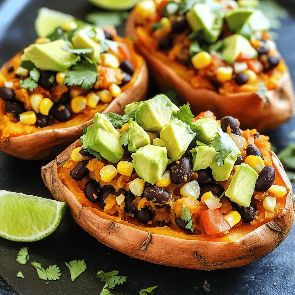 - 4 medium sweet potatoes - 1 can (15 oz) black beans, rinsed and drained - 1 cup corn kernels (fresh, frozen, or canned) - 1 cup diced tomatoes (fresh or canned) - 1 small red onion, diced - 2 cloves garlic, minced - 1 tablespoon chipotle powder - 1 teaspoon cumin - 1 teaspoon smoked paprika - Salt and pepper to taste - 2 tablespoons olive oil - 1 avocado, diced (for topping) - Fresh cilantro, chopped (for garnish) - Lime wedges (for serving) These ingredients blend together to create a tasty dish. The sweet potatoes provide a soft base. Black beans add protein and fiber. Corn gives a sweet crunch. Diced tomatoes bring freshness and moisture. Red onion and garlic offer depth of flavor. The spices—chipotle powder, cumin, and smoked paprika—add warmth and a smoky kick. You can switch things up by adding: - Jalapeños for extra heat - Cheese for creaminess - Greek yogurt as a topping - Any other veggies you enjoy This meal is packed with nutrients. Sweet potatoes are high in vitamins A and C. Black beans provide protein and iron. Corn adds fiber. Avocado brings healthy fats. Each serving is filling and satisfying. You’ll feel good about enjoying this dish! This list ensures you have everything ready to make your Chipotle Black Bean Stuffed Sweet Potatoes. Enjoy cooking! - Preheat your oven to 400°F (200°C). - Wash and pierce each sweet potato with a fork. - Place the sweet potatoes on a baking sheet lined with parchment paper. - Bake for 45-60 minutes until they are tender. - Heat olive oil in a skillet over medium heat. - Add diced red onion and minced garlic; sauté until fragrant. - Mix in black beans, corn, diced tomatoes, chipotle powder, cumin, smoked paprika, salt, and pepper. - Cook for 5-7 minutes, stirring often, until heated through. - Remove the sweet potatoes from the oven and let them cool. - Slice each sweet potato down the middle to create a pocket. - Spoon the chipotle black bean mixture generously into each sweet potato. - Top with diced avocado and garnish with fresh cilantro. - Serve lime wedges on the side for added flavor. How to check for doneness To check if sweet potatoes are done, poke them with a fork. If the fork goes in easily, they are ready. You can also squeeze them gently. They should feel soft. Tips for even baking To bake sweet potatoes evenly, make sure they are similar in size. Pierce them with a fork to let steam escape. This helps them cook well without bursting. Suggested spices and herbs To boost flavor, try adding garlic powder or onion powder. Fresh herbs like thyme or oregano can also add a nice touch. They will brighten the dish. Alternatives to chipotle powder If you want less heat, use smoked paprika instead. You can also try cayenne pepper for a spicy kick. For a milder taste, use regular paprika. Garnishing ideas For a lovely finish, add diced avocado and fresh cilantro. You can also sprinkle feta cheese for creaminess. A drizzle of lime juice adds color and taste. Serving suggestions Serve the stuffed sweet potatoes with lime wedges on the side. This adds a fresh zing. You can also pair them with a simple green salad for a full meal. {{image_2}} You can easily make this dish more plant-based. Consider adding toppings like: - Sliced jalapeños for heat. - Chopped green onions for freshness. - Vegan sour cream or cashew cream for creaminess. For protein, you can swap black beans with: - Lentils for a different flavor. - Chickpeas for a hearty bite. To control the heat, adjust the chipotle powder. Use less if you prefer mild. You can also: - Add a pinch of sugar to balance heat. - Mix in sour cream to tone down spice. If you want milder flavors, try these substitutions: - Use sweet paprika instead of smoked paprika. - Skip the chipotle powder entirely. Feel free to add more veggies to your filling. Some tasty options include: - Diced bell peppers for crunch. - Spinach or kale for extra nutrients. If you're not vegan, cheese can enhance flavor. Consider these choices: - Crumbled feta for a tangy taste. - Shredded cheddar for a classic touch. To keep your stuffed sweet potatoes fresh, let them cool first. Place them in airtight containers. This helps maintain moisture and flavor. Aim to eat leftovers within 3-4 days for the best taste. When you want to enjoy your leftovers, reheat them in the oven. Set it to 350°F (175°C). Heat for about 15-20 minutes. You can also use a microwave. Place on a microwave-safe plate and cover with a damp paper towel to prevent dryness. Avoid sogginess by not reheating for too long. If you want to freeze them, wrap each stuffed sweet potato in foil. Place them in a freezer bag or container. They can last up to 3 months. When you’re ready to eat, thaw them in the fridge overnight. This helps them heat evenly. Yes, you can prepare the filling in advance. Cook the black bean mix and store it in the fridge. Bake the sweet potatoes just before serving. This way, you save time on busy days. If you lack black beans, use chickpeas or pinto beans. Both options add a nice texture. You can also try lentils for a different twist. Yes, this recipe is naturally gluten-free. Sweet potatoes and the filling ingredients do not contain gluten. So, you can enjoy this dish worry-free. Sweet potatoes are done when a fork easily pierces them. They should feel soft inside. If they resist, bake them a bit longer. You can use regular potatoes like russets or Yukon golds. However, they will taste different. Sweet potatoes add a unique flavor that complements the filling. Stuffed sweet potatoes offer a delicious and healthy meal. You need just a few main ingredients and simple steps to make them. Bake sweet potatoes, prepare your tasty filling, and serve. Don't forget to garnish! This dish is easy to tweak for dietary needs and personal taste. Remember to store leftovers properly so you can enjoy them later. Dive into this recipe to create a satisfying meal. You’ll love how simple and flavorful it can be. Enjoy your cooking journey!