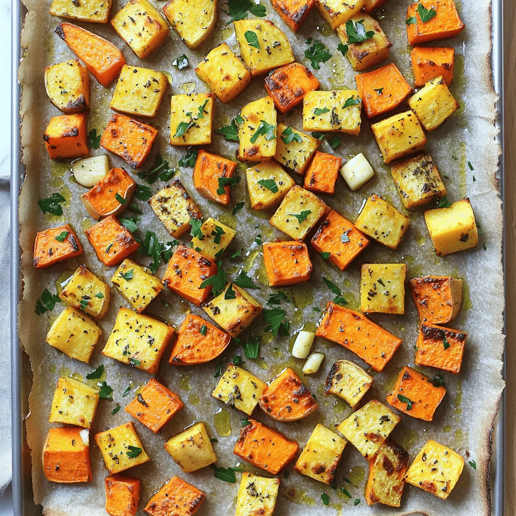 - 3 medium carrots, peeled and chopped into bite-sized pieces - 2 medium parsnips, peeled and chopped into bite-sized pieces - 1 medium sweet potato, peeled and cubed - 1 medium red onion, cut into wedges - 4 cloves of garlic, minced - 3 tablespoons olive oil - 1 teaspoon dried thyme - 1 teaspoon dried rosemary - Salt and pepper to taste - Fresh parsley, chopped (for garnish) Gather these fresh ingredients to make your Garlic Herb Roasted Root Vegetables. Start with the carrots and parsnips. They add sweetness and crunch. The sweet potato gives a creamy texture. A red onion adds a nice touch of flavor. Garlic is a must for that rich aroma. The olive oil helps everything roast well and adds healthy fat. Thyme and rosemary bring earthy notes. Don’t forget salt and pepper! They enhance all the flavors. Finally, fresh parsley makes the dish look appealing and adds a pop of color. This simple list creates a tasty dish that everyone will love. You can easily find these ingredients at your local market. Using fresh produce makes a big difference in taste. Plus, it’s a fun way to explore cooking with root vegetables! - Preheat your oven to 425°F (220°C). - In a large mixing bowl, combine the chopped carrots, parsnips, sweet potato, and red onion. This step is key because it sets the stage for your dish. The high heat helps the vegetables caramelize, bringing out their natural sweetness. Make sure to chop your veggies into similar sizes. This helps them cook evenly. - Whisk together garlic, olive oil, thyme, rosemary, salt, and pepper. Mixing these ingredients creates a rich flavor base. Fresh garlic adds a strong flavor, while olive oil helps the herbs stick. Thyme and rosemary introduce earthiness, making your veggies taste amazing. - Pour the mixture over the vegetables and toss. Spread out on a baking sheet. Roast until tender. Tossing the veggies ensures every piece gets coated. Lay them out in a single layer on the baking sheet. This allows for even roasting. Roast for about 30-35 minutes. Stir halfway through to ensure they cook evenly. When done, the veggies should be soft and slightly browned. Enjoy the delicious aroma as they roast! To get the best results, stir the vegetables halfway through cooking. This step helps them cook evenly. You can use a spatula to turn them. This way, each piece gets a chance to brown nicely. I also recommend using parchment paper on your baking sheet. It makes cleanup easy and helps prevent sticking. Just lay it out before adding the vegetables. This little trick saves time and effort at the end of your cooking. Want to take your dish to the next level? Try adding other herbs like oregano or basil. These herbs add depth and new flavors. You can mix and match depending on what you like. Adding a touch of acidity can also brighten the dish. A splash of lemon juice or balsamic vinegar works well. Just drizzle a little over the veggies before serving. It really helps balance the flavors. {{image_2}} You can switch up the root veggies in this dish. Try using turnips for a peppery bite. Beets add a nice sweetness and vibrant color. Rutabagas bring a rich flavor that pairs well with garlic. Sweet potatoes are great, but you can also use Yukon gold potatoes for a different taste. Each veggie gives a unique twist to the dish. In spring, add radishes for a fresh crunch. In the fall, include butternut squash for warmth and sweetness. Winter brings hearty veggies like celery root or parsnips. Summer is perfect for zucchini or eggplant. Adjust your recipe based on what’s fresh and available. This keeps your dish exciting and full of flavor. Changing oils can make a big difference. Use avocado oil for a smooth, mild taste. Sesame oil adds a nutty flavor that complements the garlic well. You can also experiment with infused oils for extra depth. For garlic, try roasted garlic instead of raw. Roasting mellows the flavor and adds a sweet touch. These small changes can enhance your dish in fun ways. To store leftover Garlic Herb Roasted Root Vegetables, let them cool first. Place them in an airtight container. This helps keep them fresh and tasty. You can keep them in the fridge for about 3 to 5 days. I recommend using glass containers. They don’t stain and can go from fridge to oven. Plus, they are easy to clean. If you want to freeze your roasted vegetables, let them cool completely. Spread them out on a baking sheet to freeze for about an hour. This prevents them from sticking together. Once frozen, transfer the vegetables to a freezer bag. Remove as much air as possible before sealing. They can last up to 3 months in the freezer. When you are ready to eat them, reheat in the oven at 375°F (190°C). This helps them crisp up again. You can also microwave them, but they may not be as crunchy. It takes about 30 to 35 minutes to roast root vegetables. You will want to set your oven to 425°F (220°C). Stir the veggies halfway through to help them cook evenly. They should be soft and slightly caramelized when done. Yes, you can use fresh herbs! Fresh herbs add vibrant flavor. Use about three times more fresh herbs than dried ones. If the recipe calls for 1 teaspoon of dried herb, use 3 teaspoons of fresh. Garlic Herb Roasted Root Vegetables pair well with many dishes. You can serve them with grilled chicken, fish, or beef. They also make a great side for a warm grain salad. Try adding them to your next meal. Peeling the vegetables is not required. You can leave the skins on for added texture and nutrients. Just make sure to wash them well to remove dirt. If you prefer a smoother texture, feel free to peel them. Yes, you can make this recipe ahead of time. Cook the vegetables and let them cool. Store them in the fridge for up to three days. To reheat, warm them in the oven for about 10 minutes at 350°F (175°C). This keeps the flavors fresh and tasty! This blog post covered how to make delicious Garlic Herb Roasted Root Vegetables. We listed ingredients, shared step-by-step instructions, and offered tips for perfect roasting. You can also explore variations and storage methods for leftovers. Incorporating these simple techniques will elevate your meals. Use your favorite root vegetables and herbs for unique flavors. Enjoy the vibrant taste and health benefits these dishes bring to your table. Happy cooking!