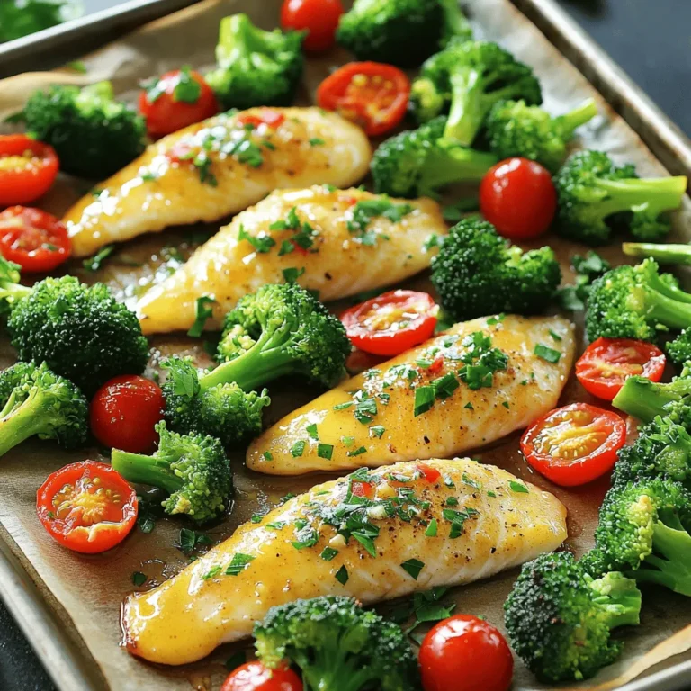 - 4 tilapia fillets - 4 tablespoons unsalted butter, melted - 4 cloves garlic, minced - 1 teaspoon lemon zest - 2 tablespoons fresh lemon juice - 1 teaspoon dried oregano - 1 teaspoon smoked paprika - Salt and pepper to taste - 2 cups broccoli florets - 1 cup cherry tomatoes, halved - 1 red bell pepper, sliced - Fresh parsley for garnish To make this dish, you need a few simple tools: - A large sheet pan - Parchment paper - A mixing bowl - A brush for the garlic butter - A knife and cutting board for veggies These tools will help you create a quick and easy meal with minimal cleanup. This dish serves four people. Each serving has: - Calories: 350 - Protein: 30g - Fat: 20g - Carbohydrates: 15g - Fiber: 5g This meal is not just tasty; it's also healthy and balanced. The tilapia gives you protein, while the veggies add fiber and vitamins. Enjoy a meal that keeps you full and healthy! Start by preheating your oven to 400°F (200°C). This step is key for even cooking. Next, line a large sheet pan with parchment paper. This makes cleanup easy and helps the food cook well. Gather your ingredients. You will need tilapia, butter, garlic, lemon, and veggies. In a small bowl, mix 4 tablespoons of melted butter with 4 minced garlic cloves. Add 1 teaspoon of lemon zest and 2 tablespoons of fresh lemon juice. Then, stir in 1 teaspoon of dried oregano and 1 teaspoon of smoked paprika. Season with salt and pepper to taste. This mixture will add rich flavor to the dish. Place the tilapia fillets in the center of your sheet pan. Brush half of the garlic butter mixture over the fillets. On one side, add 2 cups of broccoli florets and 1 cup of halved cherry tomatoes. On the other side, arrange sliced red bell pepper. Drizzle the rest of the garlic butter over the veggies. Toss them gently to coat. Now, it's time to bake. Place the sheet pan in the oven and set a timer for 15-20 minutes. The tilapia should flake easily with a fork when done. The veggies will be tender and vibrant. When finished, take it out and garnish with fresh parsley before you serve. Enjoy your meal! To check if your tilapia is done, look for flakiness. The fish should easily break apart when you press it with a fork. The color should change from translucent to opaque. Cooking time is about 15 to 20 minutes at 400°F (200°C). If you have a food thermometer, the internal temperature should reach 145°F (63°C). This ensures it is safe to eat and perfectly cooked. Fresh herbs can elevate your dish. You can add fresh parsley, dill, or basil. These herbs bring a bright flavor that pairs well with fish. Simply chop them finely and sprinkle them on top just before serving. You can also mix them into your garlic butter mixture for extra flavor. The freshness of herbs will make your meal taste even better. To make sure your veggies cook evenly, cut them into similar sizes. This helps them roast at the same rate. For broccoli, keep florets about one inch wide. Slice bell peppers into strips that are not too thick. Cherry tomatoes can be halved for better cooking. Toss the veggies in the garlic butter mixture to coat them well. This will add flavor and ensure they cook nicely with the tilapia. {{image_2}} You can swap in many vegetables for this dish. Zucchini slices add a nice crunch. Carrots give a sweet bite and vibrant color. Cauliflower florets are also a great choice. You might even try asparagus or snap peas for a fresh twist. Just keep the cooking time in mind, as some veggies need more or less time to cook. Get creative with your seasonings! You can use Italian herbs, like basil and thyme. A dash of curry powder can add warmth and spice. You might also enjoy using taco seasoning for a fun take. If you love heat, sprinkle in some cayenne pepper or chili flakes. The key is to find a blend that you love. If tilapia isn’t your favorite, try another white fish. Cod and haddock both work well. You can also use salmon for a richer flavor. If you prefer plant-based options, firm tofu or tempeh can be great. Just adjust cooking times as needed based on your choice. To store leftovers, let them cool down first. Place the tilapia and veggies in an airtight container. Make sure to seal it well to keep the food fresh. Store it in the fridge for up to three days. If you want to keep it longer, freezing is a great option. When you reheating, you want to keep the fish and veggies tasty. The best way is to use the oven. Preheat your oven to 350°F (175°C). Place the leftovers on a baking sheet. Heat for about 10 to 15 minutes. This method keeps the food moist. If you’re in a hurry, you can use a microwave. Heat in short bursts to avoid overcooking. Freezing is easy and helps save meals for later. First, let the tilapia and veggies cool completely. Then, wrap each piece in plastic wrap. Place them in a freezer bag or a container. Make sure to remove as much air as possible. You can freeze it for up to three months. When you’re ready to eat, thaw in the fridge overnight before reheating. It takes about 15 to 20 minutes to cook tilapia in the oven. You want it to be flaky and opaque. Check it at 15 minutes to avoid overcooking. Yes, you can use other fish like cod or haddock. They have a similar texture. Just watch the cooking time, as it may vary. For this dish, wash all veggies well. Cut broccoli into small florets. Halve the cherry tomatoes and slice the bell pepper into strips. This helps them cook evenly. Yes, you can prep everything ahead. Mix the garlic butter and cut the veggies. Store them in the fridge. Just bake them when you’re ready to eat. Great sides include rice, quinoa, or a fresh salad. These add color and texture to your meal. You can also serve with lemon wedges for a zesty touch. This blog post covered all you need to know about baking tilapia. We explored the key ingredients, equipment, and nutrition facts. You learned step-by-step instructions for prepping, cooking, and serving. Tips for doneness, flavor, and even cooking will help you succeed. We also shared variations and storage advice for your leftovers. Now you can enjoy a tasty, healthy meal any night. Try it today, and you'll love how easy it is!
