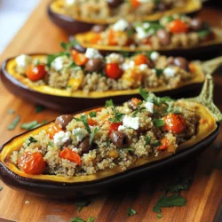 For Greek stuffed eggplant boats, you will need these fresh and tasty ingredients: - 2 medium eggplants - 1 cup cooked quinoa - 1 cup cherry tomatoes, halved - 1/2 cup feta cheese, crumbled - 1/4 cup Kalamata olives, chopped - 1/4 cup red onion, finely chopped - 2 cloves garlic, minced - 1 tablespoon olive oil - 1 teaspoon dried oregano - 1/2 teaspoon smoked paprika - Salt and pepper to taste - Fresh parsley or basil for garnish These ingredients blend together to create a dish that is both vibrant and satisfying. The eggplants serve as perfect boats, holding the rich filling. Each bite combines the nutty quinoa, tangy feta, and savory olives. You can easily find all these items at your local grocery store or farmer's market. Enjoy the process of picking out fresh ingredients; it makes the dish that much better! - Preheat your oven to 400°F (200°C). - Slice the eggplants in half lengthwise. Scoop out the flesh, leaving about 1/2 inch of skin. Set the flesh aside. - Brush the eggplant halves with olive oil. Sprinkle with salt and pepper. Place them cut side down on a baking sheet. Roast for 20 minutes until tender. - While the eggplants roast, chop the reserved eggplant flesh into small pieces. - In a skillet over medium heat, add a splash of olive oil. Sauté the chopped eggplant, garlic, and red onion until softened, about 5-6 minutes. - Stir in the cooked quinoa, halved cherry tomatoes, chopped olives, oregano, smoked paprika, salt, and pepper. Cook for 3-4 more minutes until the tomatoes soften. Remove from heat and stir in the crumbled feta cheese. - After roasting, carefully flip the eggplant halves cut side up. Spoon the quinoa mixture into each eggplant boat, filling them generously. - Return the stuffed eggplants to the oven. Bake for another 10-15 minutes until heated through and slightly golden on top. - Remove from the oven and garnish with fresh parsley or basil before serving warm. When choosing eggplants, look for medium-sized ones. They should feel firm and heavy for their size. The skin should be smooth and shiny. Avoid eggplants with blemishes or soft spots. A ripe eggplant will have a deep, rich color. You want a fruit that feels light for its size. This means it’s full of water and flavor. You can change up the flavors easily. Try adding a pinch of red pepper flakes for heat. Fresh herbs like dill or mint can add a bright taste. If you like citrus, a squeeze of lemon juice works well. For a Mediterranean twist, try adding capers. Experiment with spices like cumin or coriander for warmth. These stuffed eggplants pair great with various sides. A simple Greek salad adds freshness. You can also serve them with tzatziki sauce for creaminess. Consider a side of warm pita bread to balance the meal. A glass of chilled white wine complements the flavors nicely. Enjoy them warm for the best taste! {{image_2}} You can easily make Greek stuffed eggplant boats even more colorful and healthy. - Add more veggies like bell peppers, zucchini, or spinach. - Use chickpeas or lentils to boost the dish's fiber and protein. - Try using corn or black beans for a fun twist. These changes keep the dish fresh and vibrant. If you want more protein, you can add ground meat. - Use ground beef, lamb, or turkey for a heartier meal. - You can also mix in cooked lentils for a meatless option. Meat adds depth and richness to the flavor profile. Making this dish fit your diet is simple. - For a gluten-free option, just ensure your quinoa is certified gluten-free. - If you need it dairy-free, skip the feta cheese or use a plant-based alternative. These swaps keep the spirit of the dish while catering to your needs. After enjoying Greek stuffed eggplant boats, let them cool down. Place the leftovers in an airtight container. This helps keep them fresh. Store the container in the refrigerator. They stay good for about 3 to 5 days. If you plan to eat them later, consider freezing. To freeze stuffed eggplants, first let them cool completely. Wrap each boat in plastic wrap. Then, place them in a freezer-safe bag or container. This method prevents freezer burn. You can freeze them for up to three months. When ready to eat, thaw them in the fridge overnight. To reheat, preheat your oven to 350°F (175°C). Place the eggplant boats on a baking sheet. Cover them with foil to keep moisture in. Bake for about 20 minutes. This method helps maintain texture and flavor. You can also use a microwave, but this may change the texture. Enjoy your delicious meal again! Greek stuffed eggplant boats are a tasty dish. They feature eggplants filled with a savory mix. The main ingredients are: - 2 medium eggplants - 1 cup cooked quinoa - 1 cup cherry tomatoes, halved - 1/2 cup feta cheese, crumbled - 1/4 cup Kalamata olives, chopped - 1/4 cup red onion, finely chopped - 2 cloves garlic, minced - 1 tablespoon olive oil - 1 teaspoon dried oregano - 1/2 teaspoon smoked paprika - Salt and pepper to taste - Fresh parsley or basil for garnish You roast the eggplants and then stuff them with this flavorful mix. The dish is healthy and satisfying. Making Greek stuffed eggplant boats vegetarian is easy. You can replace certain ingredients. For a vegetarian option, use: - More vegetables like zucchini or bell peppers - Lentils instead of quinoa for added protein You can also skip the feta cheese or choose a plant-based version. These swaps keep the dish tasty and filling. Yes, you can prepare Greek stuffed eggplant boats ahead of time. Here’s how: - Cook the filling and store it in the fridge. - Roast the eggplant halves and keep them separate. You can fill the eggplants right before baking. This way, they stay fresh and warm. Greek stuffed eggplant boats pair well with many sides. Try serving with: - A green salad with lemon vinaigrette - Tzatziki sauce for dipping - Grilled pita bread For drinks, consider a light white wine or sparkling water with lemon. These options enhance the meal's flavors. Greek stuffed eggplant boats are nutritious. Each serving contains: - About 300 calories - Good amounts of fiber and protein - Vitamins from the veggies This dish is a balanced choice for a healthy meal. Greek stuffed eggplant boats offer a tasty mix of flavors and textures. We started with the right ingredients, from juicy eggplants to creamy feta. I guided you through simple steps, from preparation to baking, ensuring perfect results. Don’t forget my tips for selecting the best eggplants and adjusting flavors. These boats are highly customizable, whether you want vegetarian or protein-rich versions. With proper storage and reheating tips, your leftovers will shine. Enjoy this dish with sides that elevate it. Dive in and create your delicious eggplant masterpiece today!